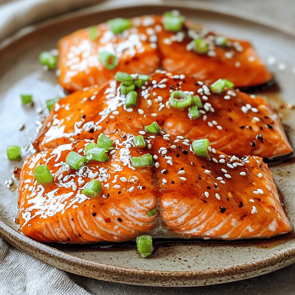 To make Honey Sriracha Glazed Salmon, gather these simple ingredients: - Salmon fillets - Honey - Sriracha sauce - Soy sauce - Fresh ginger - Garlic - Lime juice - Sesame oil - Seasoning (salt and black pepper) - Garnishes (green onions and sesame seeds) These ingredients blend to create a sweet and spicy glaze that brings out the rich flavor of the salmon. Each part plays a role in building taste. The honey gives a nice sweetness, while Sriracha adds heat. The soy sauce adds depth, and ginger and garlic bring freshness. When selecting your salmon, aim for fillets that are bright and firm. Fresh ingredients, like ginger and garlic, will really enhance the flavor. The lime juice brightens the dish and balances the sweetness. You can find the full recipe [here](#). Enjoy cooking! Start by making the marinade. In a bowl, whisk together honey, Sriracha sauce, soy sauce, grated ginger, minced garlic, lime juice, sesame oil, salt, and black pepper. Mix well until everything is blended. The marinade gives the salmon a rich flavor. Marinating the salmon is key. I recommend letting it sit for at least 30 minutes. This allows the flavors to soak into the fish. For a stronger taste, marinate for up to 2 hours. Next, preheat your oven to 400°F (200°C). While it's heating, prepare a baking sheet by lining it with parchment paper. This makes for easy cleanup later on. Once the oven is hot, take the salmon out of the marinade. Place the salmon fillets skin-side down on the baking sheet. Keep any leftover marinade for later. Bake the salmon for 12-15 minutes. To check if it’s done, look for an internal temperature of 145°F (63°C). The fish should be opaque and flake easily with a fork. While the salmon is baking, it's time to thicken the glaze. Pour the reserved marinade into a small saucepan. Bring it to a boil, then reduce the heat. Let it simmer for about 3-5 minutes until it thickens slightly. After baking, brush the thickened glaze over your salmon fillets. This adds a shiny finish. For a final touch, garnish with chopped green onions and sesame seeds. These add a pop of color and flavor to your dish. For the full recipe and more tips, check out the [Full Recipe]. To get the best flavor from your honey Sriracha glaze, you can adjust the spice level. If you want more heat, add extra Sriracha. For a milder version, use less Sriracha and mix in some extra honey. This balance makes the glaze perfect for your taste. For the ideal consistency, whisk the glaze until smooth. It should not be too runny or too thick. If it seems too thin after cooking, simmer it longer to thicken. Aim for a syrupy texture. This glaze clings nicely to the salmon and adds a great shine. Cooking salmon right is key to a tasty dish. Baking is one of the best methods. Preheat your oven to 400°F (200°C) for even cooking. Place the salmon skin-side down on parchment paper. This helps prevent sticking and makes cleanup easy. Keep an eye on the temperature. Salmon is best when it reaches 145°F (63°C). Use a meat thermometer for accuracy. If you prefer a crispy skin, broil the salmon for the last few minutes. This gives it a great texture that contrasts with the glaze. For a full recipe, check out the instructions above. {{image_2}} If you want a milder heat, try using a sweet chili sauce instead of Sriracha. This sauce gives a nice sweetness and a little spice. You can also mix in some chili flakes for extra heat if you prefer. If you want to switch up the fish, try using trout or halibut. Both fish work well with the honey Sriracha glaze. You can even use shrimp or scallops for a fun twist. Just remember to adjust the cooking time based on what you choose. To make your meal complete, serve the salmon with rice or quinoa. Steamed veggies like broccoli or green beans also pair well. They add a nice crunch to the dish. If you have leftovers, don’t worry! You can use the salmon in a salad or a sandwich. Just flake the salmon and mix it with some greens, cherry tomatoes, and a light dressing. It’s a quick and tasty lunch option. For the full recipe, check out the detailed steps provided earlier. To store leftover honey Sriracha glazed salmon, let it cool first. Place it in an airtight container. This helps keep the flavor and texture fresh. You can store it in the fridge for up to three days. If you have extra glaze, save it too! It adds great flavor when you reheat the salmon. When it's time to enjoy your leftovers, use a gentle method to reheat. The best way is in the oven. Preheat it to 300°F (150°C). Place the salmon on a baking sheet and cover it with foil to keep it moist. Heat for about 10-15 minutes or until it’s warm. You can also use the microwave. But be careful! Heat it in short bursts of 30 seconds. Check often to avoid drying out the fish. If you have leftover glaze, brush it on before serving for extra flavor. Can I use frozen salmon for this recipe? Yes, you can use frozen salmon. Just make sure to thaw it first. Thaw it overnight in the fridge or in cold water for quick results. Frozen salmon works well, but fresh salmon tastes better. How spicy is the Honey Sriracha Glaze? The glaze has a nice kick. Sriracha adds heat, but the honey balances it out. If you want less spice, you can use less Sriracha or add more honey. What are the health benefits of salmon? Salmon is packed with omega-3 fatty acids. These fats are good for your heart and brain. Salmon also has high-quality protein and vitamins like B12 and D. Eating salmon can help improve your mood and boost your immune system. How many calories are in Honey Sriracha Glazed Salmon? Each serving of Honey Sriracha Glazed Salmon has about 350 calories. This can vary based on the size of the salmon fillet and the amount of glaze used. It's a healthy meal option that fits into many diets. How long to marinate salmon for best flavor? Marinate the salmon for at least 30 minutes. For more flavor, you can let it sit for up to 2 hours. This helps the salmon absorb the sweet and spicy glaze. Can I grill instead of bake the salmon? Yes, grilling is a great option! Just make sure to preheat your grill. Cook the salmon on medium heat for about 5-7 minutes per side. This will give it a nice smoky flavor and crispy edges. For the best results, keep an eye on the salmon so it doesn't overcook. For the full recipe, check out the detailed instructions above! In this post, we explored a delicious Honey Sriracha Glazed Salmon recipe. We covered essential ingredients, easy steps, and helpful tips, making it simple to prepare. Remember to marinate for great flavor and use the right cooking methods for perfect doneness. You can also tweak ingredients to match your taste. Whether you’re enjoying it fresh or storing leftovers, this salmon dish offers lots of versatility. I hope you feel inspired to try it and enjoy every bite. Happy cooking!