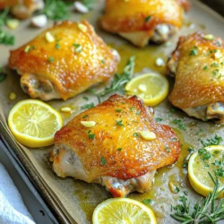 - 4 bone-in chicken thighs, skin-on - 4 cloves garlic, minced - 2 lemons (1 juiced, 1 sliced) - 3 tablespoons olive oil - 1 tablespoon fresh rosemary, chopped (or 1 teaspoon dried) - 1 teaspoon paprika - Salt and pepper to taste - Fresh parsley, chopped (for garnish) Gathering these ingredients makes cooking fun. The chicken thighs are juicy and rich in flavor. Garlic adds a nice kick, while lemons bring brightness. Olive oil keeps the chicken moist and helps it brown. Fresh rosemary gives a lovely herbal note. Paprika adds a smoky touch. Don’t forget salt and pepper! They enhance every bite. Lastly, fresh parsley brightens the dish and adds color. For the full recipe, check out the details above. Enjoy your cooking adventure! - Preheat the oven to 425°F (220°C). - In a bowl, mix minced garlic, lemon juice, olive oil, rosemary, paprika, salt, and pepper. This marinade brings out the best flavor in the chicken. - Pat chicken thighs dry with a paper towel. This step helps the marinade stick. - Place the chicken in a zip-top bag or a bowl. Pour the marinade over the chicken. Make sure each piece is coated. Seal the bag or cover the bowl. Let it marinate in the fridge for at least 30 minutes. If you have time, marinate for up to 2 hours. This gives the chicken a deeper flavor. - Take the marinated chicken and place it on a baking sheet. Add lemon slices on top and around the chicken. This adds extra flavor and a nice look. - Roast in the oven for 35-40 minutes. The chicken should turn golden brown. Use a meat thermometer to check that it reaches 165°F (74°C). This shows it is fully cooked. - Halfway through, baste the chicken with juices from the pan. This step keeps it moist and tasty. - Once done, remove the chicken and let it rest for 5 minutes. This keeps the juices inside. - For a lovely finish, garnish with fresh chopped parsley. It adds color and flavor to your dish. For the full recipe, check the complete list of ingredients and instructions. To get the best flavor, marinate the chicken thighs for at least 30 minutes. If you have time, let them soak for up to 2 hours. This longer time helps the chicken absorb all the tasty garlic and lemon. You can also add other herbs. Try thyme or oregano for a twist on the classic flavor. Basting is key to keeping the chicken juicy. Halfway through cooking, use a spoon to scoop the pan juices and drizzle them over the chicken. This adds more flavor and helps with browning. The juices from the chicken mix with the lemon and garlic, creating a delicious glaze. After roasting, let the chicken rest for about 5 minutes. This step is crucial. It allows the juices to settle back into the meat, making each bite juicy. If you skip this, the juices run out when you cut into the chicken. Trust me, resting makes a big difference in flavor and texture. {{image_2}} You can enjoy Lemon Garlic Roasted Chicken Thighs in different ways. - Grilling version: For a smoky flavor, marinate the chicken as usual. Then, heat your grill to medium-high. Cook the thighs skin-side down first. Grill for about 6-8 minutes per side. Check for an internal temperature of 165°F (74°C). This method adds a nice char and depth to the taste. - Slow cooker adaptation: This method is great for busy days. Place the marinated chicken thighs into a slow cooker. Set it on low for 6-8 hours or high for 3-4 hours. The chicken becomes tender and flavorful, with minimal effort. You can easily tweak the flavors in your dish. - Adding spices: If you like heat, sprinkle in some cayenne pepper. Start with a pinch and adjust to your taste. This spice adds a great kick without overpowering the lemon and garlic. - Incorporating honey: For a sweet twist, drizzle honey into the marinade. This balances the tartness of the lemon. Use about one tablespoon. It brings out a lovely caramelization when roasting. Pairing your chicken with the right sides makes the meal complete. - Best side dishes: Serve with roasted vegetables or a fresh salad. Garlic mashed potatoes also complement the chicken well. These sides enhance the savory flavors and create a balanced plate. - Wine pairings: A crisp white wine like Sauvignon Blanc pairs perfectly. Its acidity matches the lemon. Alternatively, a light red, like Pinot Noir, adds depth to your meal. For the full recipe, check out the cooking instructions above. To store your Lemon Garlic Roasted Chicken Thighs, place leftovers in an airtight container. Make sure the chicken cools down to room temperature before sealing. This helps prevent moisture buildup, which can make the chicken soggy. You can keep the chicken in the fridge for up to three days. For long-term storage, freezing is a great option. Wrap the chicken tightly in plastic wrap. Then, place it in a freezer-safe bag or container. This keeps out air and prevents freezer burn. You can freeze the chicken for up to three months. When you’re ready to eat it, move the chicken to the fridge for 24 hours. This slow thawing helps maintain flavor and texture. Reheating chicken thighs can be tricky. You want them warm but not dry. The best method is to use the oven. Preheat it to 350°F (175°C). Place the chicken on a baking sheet and cover it with foil. Heat for about 15-20 minutes. This keeps the moisture in. You can also use a microwave, but be careful. Heat it in short bursts and check often. This way, you avoid overcooking and drying out the meat. I suggest cooking chicken thighs for about 35-40 minutes. Set your oven to 425°F (220°C). This high heat helps the skin get crispy and golden. Always check the internal temperature. It should reach 165°F (74°C) for safety. Yes, you can use boneless chicken thighs. They will cook faster than bone-in ones. Check them after 25-30 minutes. You want them to reach the same safe internal temperature of 165°F (74°C). If your chicken thighs are not crispy, try these tips: - Pat dry: Before marinating, pat the chicken dry with paper towels. - Use high heat: Make sure your oven is hot enough at 425°F (220°C). - Space them out: Avoid overcrowding on the baking sheet. This helps air flow. - Baste: Baste with pan juices halfway through cooking for flavor. - Broil: If needed, broil for the last 2-3 minutes. Watch closely to avoid burning. These steps will help you achieve that perfect crispy skin. For the full recipe, check out the details on preparing Lemon Garlic Roasted Chicken Thighs. This recipe for Lemon Garlic Chicken Thighs is both simple and flavorful. You can create a delicious meal with just a few ingredients and steps. Remember to marinate the chicken for maximum flavor. Use different cooking methods or enhancements to customize your dish. Proper storage and reheating will keep your leftovers tasty. Enjoy the crispy skin and juicy meat, and share this recipe with friends. Cooking can be fun, and with this dish, you’ll impress everyone at the table!