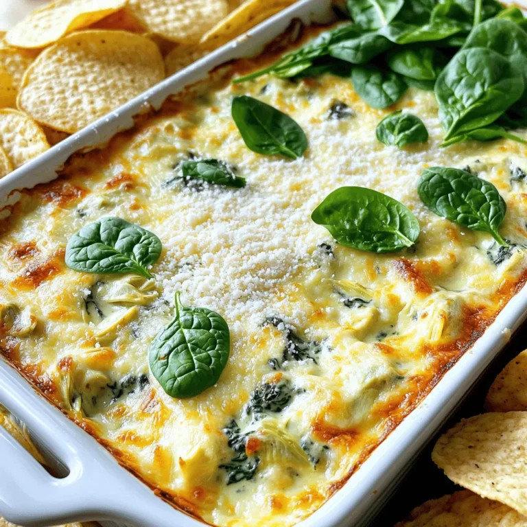 This savory spinach artichoke dip is easy and perfect for parties. It takes only 15 minutes to prep and 30 minutes to bake. You will end up with a creamy, cheesy dip. It serves 6 to 8 people, making it a great choice for gatherings. Here’s what you need for this delicious dip: - 1 cup frozen spinach, thawed and drained - 1 cup canned artichoke hearts, chopped - 1 cup cream cheese, softened - 1/2 cup sour cream - 1/2 cup mayonnaise - 1 cup shredded mozzarella cheese - 1/2 cup grated parmesan cheese - 2 cloves garlic, minced - 1 teaspoon onion powder - 1 teaspoon lemon juice - Salt and pepper to taste This dip packs a tasty punch. Each serving has about 200 calories. It also provides protein and healthy fats. To keep it balanced, pair it with fresh veggies or whole-grain chips. Enjoying this dip can be a fun way to add flavor to your snacks. To start, gather your ingredients. You will need: - 1 cup frozen spinach, thawed and drained - 1 cup canned artichoke hearts, chopped - 1 cup cream cheese, softened - 1/2 cup sour cream - 1/2 cup mayonnaise - 1 cup shredded mozzarella cheese - 1/2 cup grated parmesan cheese - 2 cloves garlic, minced - 1 teaspoon onion powder - 1 teaspoon lemon juice - Salt and pepper to taste First, preheat your oven to 350°F (175°C). In a large bowl, mix the cream cheese, sour cream, and mayonnaise. Stir until the mix is creamy. Next, add the chopped artichokes, drained spinach, minced garlic, onion powder, and lemon juice. Stir well until everything combines. Fold in the mozzarella and parmesan cheese. Add salt and pepper to taste. This mix should be thick and flavorful. Now, transfer the dip mixture to a baking dish. Spread it out evenly. Place the dish in your preheated oven. Bake for 25 to 30 minutes. Look for the dip to be bubbly and the top to turn golden brown. Once ready, pull it out and let it cool for a few minutes. Cooking times may vary slightly based on your oven. Check the dip at the 25-minute mark. If it’s not bubbly yet, give it a few more minutes. Letting it cool is important, as it will be very hot. Your savory spinach artichoke dip is now ready to serve! For the full recipe, refer to the instructions above. To make your spinach artichoke dip creamy, use softened cream cheese. This helps it mix well. Blend all ingredients until smooth. If you want a chunkier dip, leave some artichokes and spinach larger. Serve the dip warm with tasty sides. Tortilla chips are a classic choice. You can also use toasted baguette slices. For a healthy option, try fresh vegetable sticks. Add a sprinkle of extra parmesan for a nice touch. One common mistake is not draining the spinach well. Excess water can make your dip runny. Also, avoid using low-fat cream cheese. It doesn’t melt as well and can change the flavor. Lastly, don’t skip seasoning. Salt and pepper bring out the dip's best flavors. For the full recipe, check out the details above. Enjoy making this delicious dip! {{image_2}} To make spinach artichoke dip healthier, swap some ingredients. Use Greek yogurt instead of sour cream. It adds creaminess and boosts protein. You can also try low-fat cream cheese. This change keeps the taste while cutting calories. Adding flavor can make your dip even better. Try mixing in a bit of red pepper flakes for heat. You can also add a splash of hot sauce for a kick. Fresh herbs like basil or parsley can bring a bright taste too. Experiment with different cheeses, like feta or goat cheese, for a unique twist. If you need a dairy-free option, substitute with plant-based cream cheese. Use cashew cream or coconut cream for a rich texture. Those with gluten concerns can enjoy the dip with fresh veggies. Always check labels on store-bought items for hidden gluten. To store leftover spinach artichoke dip, let it cool first. Place it in an airtight container. This helps keep it fresh for later. Make sure to seal the lid tightly. You can store it in the fridge for up to three days. If you want to keep it longer, consider freezing it. When you're ready to enjoy your dip again, preheat your oven to 350°F (175°C). Transfer the dip to an oven-safe dish. Cover it with foil to keep it moist. Heat for about 20 minutes. Check if it’s warm enough. If not, add a few more minutes. You can also microwave it. Use a microwave-safe bowl, and heat in short bursts. Stir in between until it’s hot. To freeze, store the dip in a freezer-safe container. Leave some space at the top for expansion. The dip can last for up to two months in the freezer. When you're ready to use it, thaw it overnight in the fridge. After thawing, stir it well. You may need to add a splash of cream or milk for the right texture. Then, reheat it as directed above. For the full recipe, check out the Creamy Spinach Artichoke Delight. You can make Spinach Artichoke Dip healthier by swapping some ingredients. Use Greek yogurt instead of sour cream and mayonnaise. This change cuts fat and adds protein. You can also use low-fat cream cheese. If you want more veggies, add chopped bell peppers or mushrooms. These will add fiber and nutrients without many calories. Yes, you can use fresh spinach instead of frozen. Fresh spinach gives a bright taste. To use fresh spinach, you should wash it well, then chop it. Cook it lightly in a pan until it wilts. This helps remove excess water. Make sure to drain it well before adding it to the dip. This prevents the dip from becoming too watery. For dipping, you have many tasty choices. Tortilla chips are popular and crunchy. Pita chips add a nice touch too. You can also use toasted baguette slices for a gourmet feel. Fresh veggie sticks like carrots, celery, or bell peppers are healthy options. They add a nice crunch and color to your spread. In this blog post, we explored the key ingredients and steps to make delicious Spinach Artichoke Dip. You learned how to prepare the dip, bake it, and avoid common mistakes. We also shared tips for perfect texture and options for variation. You now have storage info and answers to FAQs. Remember, cooking should be fun. Experiment with flavors and enjoy sharing your dip with friends!