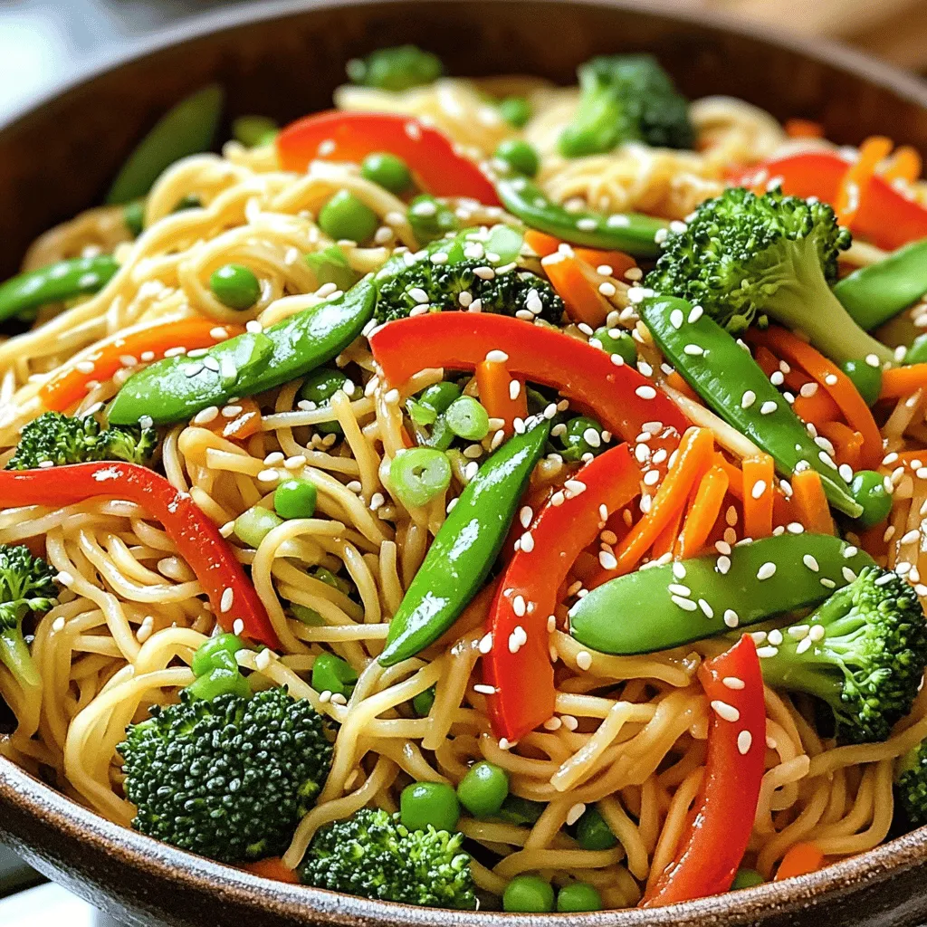 - 8 oz lo mein noodles - 2 tablespoons vegetable oil - 1 red bell pepper, sliced - 1 cup broccoli florets - 1 cup snap peas - 1 carrot, julienned - 2 green onions, chopped - 3 cloves garlic, minced - 1 inch ginger, grated - 3 tablespoons soy sauce - 1 tablespoon sesame oil - 1 tablespoon hoisin sauce - Salt and pepper to taste - Sesame seeds for garnish These ingredients make a great base for your Vegetable Lo Mein. Each one plays a key role in building flavor and texture. The lo mein noodles give the dish its heartiness. They soak up the sauces very well. The fresh vegetables add color and crunch. Red bell pepper and broccoli are my favorites. They not only taste great but also look beautiful on the plate. Garlic and ginger give the meal a fragrant kick. Soy sauce, sesame oil, and hoisin sauce bring depth and richness. - Additional vegetables (e.g., mushrooms, baby corn) - Protein options (e.g., tofu, shrimp, chicken) - Alternative sauces (e.g., oyster sauce, chili garlic sauce) You can customize your Vegetable Lo Mein. Toss in extra veggies like mushrooms or baby corn. If you want protein, tofu, shrimp, or chicken work well. You can also switch up the sauces. Try oyster sauce for a richer taste or chili garlic sauce for heat. For the full recipe, check out the Veggie Delight Lo Mein. - Step 1: Cook the Noodles Start by boiling a pot of water. Cook the lo mein noodles as the package says. Once done, drain them and toss with a bit of vegetable oil. This keeps them from sticking. - Step 2: Sauté the Vegetables Heat vegetable oil in a large skillet or wok over medium-high heat. Add minced garlic and grated ginger. Sauté for about 30 seconds until you smell that amazing aroma. - Step 3: Combine Ingredients Now, toss in sliced red bell pepper, broccoli florets, snap peas, and julienned carrot. Stir-fry these veggies for 5 to 7 minutes. You want them tender but still crisp. - Step 4: Finish and Serve Add your cooked noodles to the skillet with the veggies. Pour in soy sauce, sesame oil, and hoisin sauce. Mix well for 2 to 3 minutes until the noodles are coated in the sauce. - Step 5: Garnish Stir in chopped green onions and season with salt and pepper to your taste. Give everything a good toss. Then, transfer to a serving dish and sprinkle sesame seeds on top for a nice crunch. - Avoid overcooking the noodles: Make sure you follow the cooking time. Overcooked noodles can turn mushy and lose their bite. - Maintain vibrant colors in the vegetables: Quick cooking keeps your vegetables bright and crunchy. This not only looks good but tastes fresh too. - How to achieve the right stir-fry consistency: Keep your heat high and stir often. This ensures even cooking and prevents burning. For the full recipe, check out the Veggie Delight Lo Mein! - Using fresh ingredients vs. frozen: Fresh veggies make a big difference. They are crisp and full of flavor. Frozen veggies can work, but they might lose some texture. I recommend using fresh if you can. - The importance of proper heat: Heat is key to cooking lo mein well. Use high heat to stir-fry quickly. This keeps the vegetables crisp and bright. If the heat is too low, they can become soggy. - Balancing flavors with salty, sweet, and umami: Good flavor comes from balance. Use soy sauce for saltiness, hoisin for sweetness, and sesame oil for umami. Experiment with the amounts to find what you love. - Fixing mushy noodles: If your noodles turn mushy, try cooking them less next time. They should be al dente when you drain them. Rinse with cold water to stop the cooking. - Adjusting seasoning for personal preference: Taste as you cook. If it’s too salty, add a splash of water. If it needs more flavor, add a bit more soy sauce or hoisin. - Ensuring ingredients are well-distributed: When tossing everything together, mix thoroughly. This ensures every bite has a good mix of noodles and veggies. Use tongs for better control. For a detailed look at the entire process, be sure to check out the Full Recipe. {{image_2}} You can easily change up Vegetable Lo Mein to fit your needs. Here are some options: - Vegetarian options and substitutions: If you want a meatless meal, stick with the basic recipe. Add more veggies like mushrooms or baby corn for extra flavor and texture. Tofu is a great protein source, too. - Protein-packed versions with meat: For a heartier dish, add chicken, beef, or shrimp. Cook the meat first, then set it aside. Stir-fry your veggies, and add the cooked meat back in with the noodles. - Gluten-free alternatives with rice noodles: If you need a gluten-free option, try rice noodles instead of lo mein noodles. They cook quickly and soak up flavors well. Just follow the package instructions for cooking times. Spice up your Vegetable Lo Mein with these ideas: - Spice it up: Adding heat with chili oil: If you like heat, drizzle some chili oil over your finished dish. It adds a kick without overpowering the other flavors. - Sweet and savory combinations: Mix sweet and savory by adding a touch of brown sugar or honey. This creates a nice balance with the soy sauce. - Infusing new flavors with different sauces: Don’t be afraid to experiment! Try using oyster sauce or chili garlic sauce in place of soy sauce. This can really change the taste and keep your meals exciting. Use these tips to create your own version of Vegetable Lo Mein. For a complete guide, check out the Full Recipe. To keep your Vegetable Lo Mein fresh, refrigerate it right away. Place the leftovers in airtight containers. This helps prevent moisture loss and keeps flavors intact. I recommend eating it within 3 to 4 days for the best taste. When you’re ready to enjoy your leftovers, choose safe reheating methods. You can use a microwave or stovetop. If using the microwave, cover the dish to trap steam. This keeps the noodles soft. For stovetop reheating, add a splash of water or sauce. This step helps prevent the noodles from drying out. Stir often until heated through. Enjoy your quick and tasty meal again! What is the difference between lo mein and chow mein? Lo mein uses soft, boiled noodles. Chow mein uses crispy, fried noodles. Both are tasty but offer different textures. Can I make Vegetable Lo Mein in advance? Yes, you can prepare it a day ahead. Store it in the fridge. When ready, just reheat it. How do I make Vegetable Lo Mein low-carb? Swap lo mein noodles for zucchini noodles or shirataki noodles. This cuts carbs but keeps the flavor. What vegetables work best for Lo Mein? I love using bell peppers, broccoli, and snap peas. You can also add carrots or bok choy for variety. Can I use pre-cooked noodles? Absolutely! Pre-cooked noodles save time. Just heat them in the skillet with vegetables and sauce. How to adjust the recipe for larger servings? Double the ingredients for bigger batches. Ensure your skillet is large enough to stir everything well. Nutritional benefits of the ingredients used Vegetable Lo Mein is rich in vitamins from fresh vegetables. It's a great way to get your daily veggies. Suggestions for making it vegan or allergy-friendly Use vegetable oil and soy sauce for vegan options. Check sauce labels for allergens like gluten. Caloric content per serving of Vegetable Lo Mein Each serving has about 350 calories. It's a hearty meal without too many calories. Try the Full Recipe for more details! You now have a clear guide to making delicious Vegetable Lo Mein. We covered essential ingredients, step-by-step cooking instructions, and tips for flavor. You learned how to customize your dish with different veggies and proteins. Plus, we discussed storing leftovers and reheating them perfectly. Whether you want a quick meal or something to impress guests, this recipe fits the bill. Enjoy creating your own tasty variations! Dive into the world of Vegetable Lo Mein, and let your taste buds celebrate.