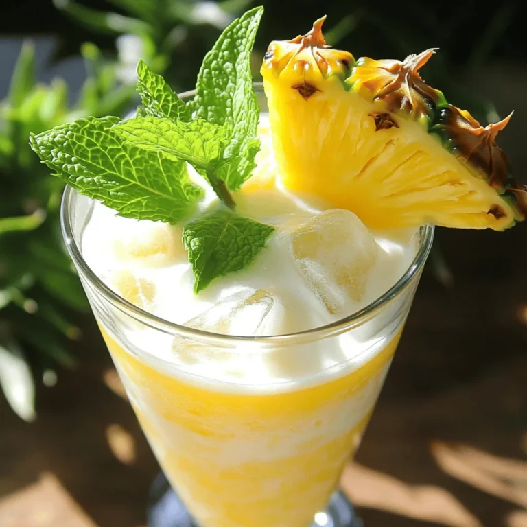 - 2 cups fresh pineapple, diced - 1 cup coconut water - 1/2 cup coconut milk - 1 tablespoon honey or agave syrup (optional) - Juice of 1 lime - Fresh mint leaves for garnish - Ice cubes The Pineapple Coconut Refresher is a simple drink with bright flavors. Each ingredient plays a role in making this drink tasty and refreshing. - Nutritional value of pineapple: Pineapple is rich in vitamins and minerals. It has vitamin C, which boosts your immune system. It also has manganese, which helps your bones. - Benefits of coconut water: Coconut water is low in calories and high in potassium. It keeps you hydrated, especially in hot weather. It also helps replace lost electrolytes after exercise. - Advantages of coconut milk: Coconut milk is creamy and adds a rich flavor. It contains healthy fats that may support heart health. Plus, it has vitamins C and E, which are great for your skin. - Blender: A good blender makes mixing easy and smooth. - Measuring cups and spoons: Accurate measures help you get the right taste. - Glasses for serving: Use fun glasses to make your drink look special. Enjoy making your Pineapple Coconut Refresher with these fresh and healthy ingredients! For the full recipe, check out the detailed instructions provided. To start, gather your ingredients. You need fresh pineapple, coconut water, coconut milk, lime juice, and sweetener if you want it. 1. Blend the ingredients together: In a blender, put 2 cups of fresh pineapple, 1 cup of coconut water, and 1/2 cup of coconut milk. Add juice from 1 lime. If you like, add 1 tablespoon of honey or agave syrup. Blend everything on high until it becomes smooth and creamy. 2. Taste and adjust sweetness: Once blended, taste your refresher. If you want it sweeter, add more honey or agave. Blend again to mix it well. Now, it's time to serve this refreshing drink. 1. Pour the refresher into glasses filled with ice: Take two glasses and fill them with ice cubes. Pour your refreshing drink over the ice. 2. Garnishing with mint leaves: Finally, add fresh mint leaves on top. This will not only look nice but also add a nice smell. To make your refresher taste even better, follow these tips. - Using fresh ingredients: Always choose fresh pineapple and coconut water. Fresh ingredients give the best flavor. - Chilling ingredients beforehand: Chill your coconut water and coconut milk before using them. This keeps your drink nice and cold. Enjoy your Pineapple Coconut Refresher! To make your Pineapple Coconut Refresher just right, you can adjust the sweetness. Start with one tablespoon of honey or agave syrup. After blending, taste it. If you want it sweeter, add more. Remember, fresh pineapple can be sweet, so adjust based on your taste. Next, focus on the texture. You want a smooth and creamy drink. Blend the mixture well until there are no chunks left. If it feels too thick, add a little more coconut water. It helps create the perfect drink consistency. You can prepare this refresher in advance. Mix all the ingredients and store them in the fridge. This way, you save time when guests arrive. Just blend it again before serving to get that smooth texture back. If you have leftovers, store them in a sealed container in the fridge. It stays fresh for about 2 days. However, it’s best to enjoy it right after making. The flavors are at their peak then. Make your drink stand out with unique glassware. Try using tall glasses or mason jars for a fun look. You can even use coconut shells if you want a tropical vibe! Garnishing can elevate your drink. Use fresh mint leaves for a pop of color and aroma. You can also add a slice of pineapple on the rim. This adds flair and hints at the flavors inside. For a playful touch, consider adding colorful straws or little umbrellas. {{image_2}} You can spice up your Pineapple Coconut Refresher by adding rum or vodka. A splash of white rum gives it a tropical flair. Vodka works well too, adding a smooth kick. This change makes a fun cocktail for gatherings or summer parties. Try different amounts to find your favorite mix. If you want a lighter drink, substitute coconut milk with almond milk. Mix in sparkling water for a fizzy twist. This makes a refreshing drink without the alcohol. You can enjoy it at any time of day. Kids love it too! Don’t be afraid to get creative! Add other fruits like mango or strawberries for a new taste. You can also toss in herbs like basil or mint. These extras make your drink unique and more flavorful. Experimenting is part of the fun! Store your Pineapple Coconut Refresher in the refrigerator. Use a tight-sealing container to keep it fresh. A glass jar or a plastic pitcher works well. Always let it cool before sealing. This helps keep the flavors intact. Your refresher lasts about 2 to 3 days in the fridge. After this time, it may lose taste and freshness. Look for signs of spoilage, like a sour smell or change in color. If it looks or smells off, it’s best to toss it. You can freeze the refresher for later use. Pour it into ice cube trays or freezer-safe bags. This way, you can enjoy it any time. When you're ready to drink it, thaw it in the fridge overnight. Blend it again for a fresh taste before serving. A Pineapple Coconut Refresher is a smooth and tasty drink. It mixes fresh pineapple with coconut water and coconut milk. This drink tastes like a mini vacation in a glass. It is sweet, creamy, and very refreshing. The flavors work well together, making it a favorite for many. You can enjoy it on a hot day or any time you want a bright drink. Yes, you can use canned pineapple. However, fresh pineapple gives the best taste. Canned pineapple may have added sugar or syrup. This can change the flavor and sweetness. If you use canned pineapple, make sure to drain it well. This will help keep your drink from being too watery. Yes, this recipe is vegan. It uses coconut milk and fruit, which are plant-based. If you choose to add honey, it won’t be vegan. You can use agave syrup instead to keep it vegan-friendly. This makes it a great choice for anyone who avoids animal products. To make this drink less sweet, you can skip the honey or agave. You can also add more coconut water. This will dilute the sweetness while keeping the flavor. Another option is to add more lime juice. The tartness of lime balances the sweetness nicely. If you want to try a different taste, you can mix in some unsweetened coconut milk. This blog post covers making a delicious Pineapple Coconut Refresher. We explored the key ingredients like fresh pineapple and coconut milk, along with their health benefits. I shared simple steps for preparation and serving. Plus, you learned tips for perfecting your recipe and ideas for variations, like adding alcohol or other fruits. In conclusion, this drink is both tasty and good for you. Enjoy making it fresh, and don’t be afraid to try new flavors! Keep experimenting, and you’ll find the perfect mix that suits your tastes.