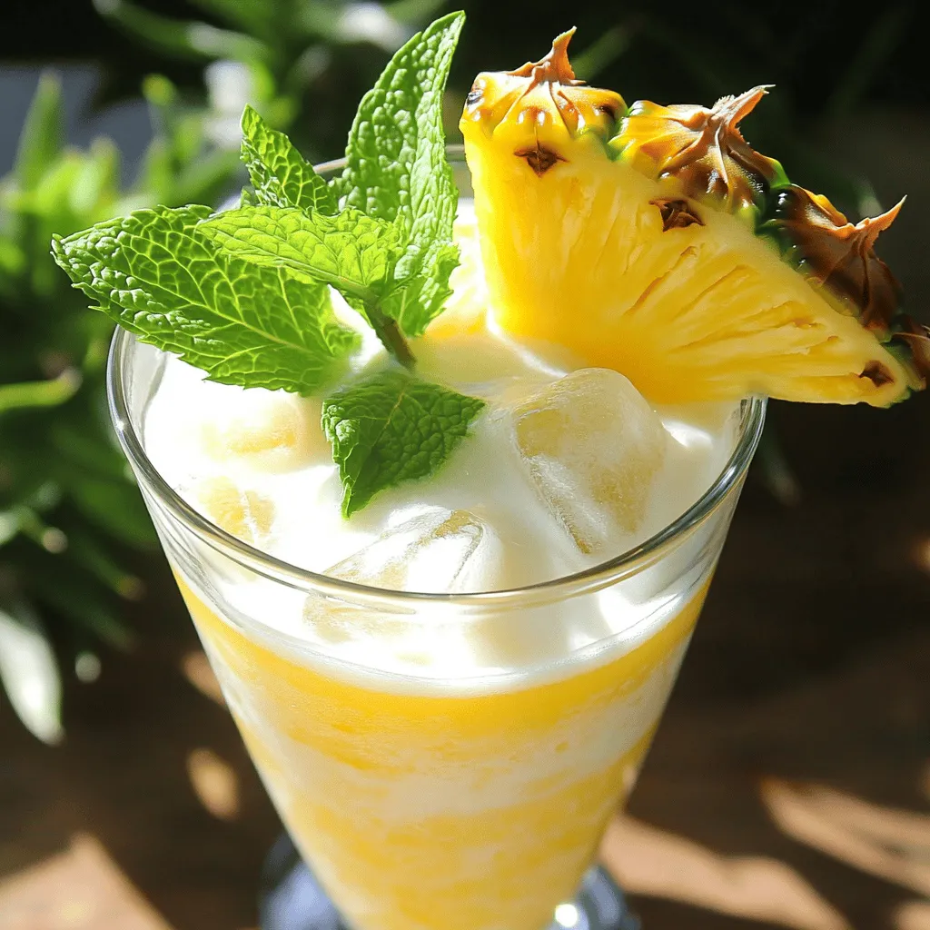 - 2 cups fresh pineapple, diced - 1 cup coconut water - 1/2 cup coconut milk - 1 tablespoon honey or agave syrup (optional) - Juice of 1 lime - Fresh mint leaves for garnish - Ice cubes The Pineapple Coconut Refresher is a simple drink with bright flavors. Each ingredient plays a role in making this drink tasty and refreshing. - Nutritional value of pineapple: Pineapple is rich in vitamins and minerals. It has vitamin C, which boosts your immune system. It also has manganese, which helps your bones. - Benefits of coconut water: Coconut water is low in calories and high in potassium. It keeps you hydrated, especially in hot weather. It also helps replace lost electrolytes after exercise. - Advantages of coconut milk: Coconut milk is creamy and adds a rich flavor. It contains healthy fats that may support heart health. Plus, it has vitamins C and E, which are great for your skin. - Blender: A good blender makes mixing easy and smooth. - Measuring cups and spoons: Accurate measures help you get the right taste. - Glasses for serving: Use fun glasses to make your drink look special. Enjoy making your Pineapple Coconut Refresher with these fresh and healthy ingredients! For the full recipe, check out the detailed instructions provided. To start, gather your ingredients. You need fresh pineapple, coconut water, coconut milk, lime juice, and sweetener if you want it. 1. Blend the ingredients together: In a blender, put 2 cups of fresh pineapple, 1 cup of coconut water, and 1/2 cup of coconut milk. Add juice from 1 lime. If you like, add 1 tablespoon of honey or agave syrup. Blend everything on high until it becomes smooth and creamy. 2. Taste and adjust sweetness: Once blended, taste your refresher. If you want it sweeter, add more honey or agave. Blend again to mix it well. Now, it's time to serve this refreshing drink. 1. Pour the refresher into glasses filled with ice: Take two glasses and fill them with ice cubes. Pour your refreshing drink over the ice. 2. Garnishing with mint leaves: Finally, add fresh mint leaves on top. This will not only look nice but also add a nice smell. To make your refresher taste even better, follow these tips. - Using fresh ingredients: Always choose fresh pineapple and coconut water. Fresh ingredients give the best flavor. - Chilling ingredients beforehand: Chill your coconut water and coconut milk before using them. This keeps your drink nice and cold. Enjoy your Pineapple Coconut Refresher! To make your Pineapple Coconut Refresher just right, you can adjust the sweetness. Start with one tablespoon of honey or agave syrup. After blending, taste it. If you want it sweeter, add more. Remember, fresh pineapple can be sweet, so adjust based on your taste. Next, focus on the texture. You want a smooth and creamy drink. Blend the mixture well until there are no chunks left. If it feels too thick, add a little more coconut water. It helps create the perfect drink consistency. You can prepare this refresher in advance. Mix all the ingredients and store them in the fridge. This way, you save time when guests arrive. Just blend it again before serving to get that smooth texture back. If you have leftovers, store them in a sealed container in the fridge. It stays fresh for about 2 days. However, it’s best to enjoy it right after making. The flavors are at their peak then. Make your drink stand out with unique glassware. Try using tall glasses or mason jars for a fun look. You can even use coconut shells if you want a tropical vibe! Garnishing can elevate your drink. Use fresh mint leaves for a pop of color and aroma. You can also add a slice of pineapple on the rim. This adds flair and hints at the flavors inside. For a playful touch, consider adding colorful straws or little umbrellas. {{image_2}} You can spice up your Pineapple Coconut Refresher by adding rum or vodka. A splash of white rum gives it a tropical flair. Vodka works well too, adding a smooth kick. This change makes a fun cocktail for gatherings or summer parties. Try different amounts to find your favorite mix. If you want a lighter drink, substitute coconut milk with almond milk. Mix in sparkling water for a fizzy twist. This makes a refreshing drink without the alcohol. You can enjoy it at any time of day. Kids love it too! Don’t be afraid to get creative! Add other fruits like mango or strawberries for a new taste. You can also toss in herbs like basil or mint. These extras make your drink unique and more flavorful. Experimenting is part of the fun! Store your Pineapple Coconut Refresher in the refrigerator. Use a tight-sealing container to keep it fresh. A glass jar or a plastic pitcher works well. Always let it cool before sealing. This helps keep the flavors intact. Your refresher lasts about 2 to 3 days in the fridge. After this time, it may lose taste and freshness. Look for signs of spoilage, like a sour smell or change in color. If it looks or smells off, it’s best to toss it. You can freeze the refresher for later use. Pour it into ice cube trays or freezer-safe bags. This way, you can enjoy it any time. When you're ready to drink it, thaw it in the fridge overnight. Blend it again for a fresh taste before serving. A Pineapple Coconut Refresher is a smooth and tasty drink. It mixes fresh pineapple with coconut water and coconut milk. This drink tastes like a mini vacation in a glass. It is sweet, creamy, and very refreshing. The flavors work well together, making it a favorite for many. You can enjoy it on a hot day or any time you want a bright drink. Yes, you can use canned pineapple. However, fresh pineapple gives the best taste. Canned pineapple may have added sugar or syrup. This can change the flavor and sweetness. If you use canned pineapple, make sure to drain it well. This will help keep your drink from being too watery. Yes, this recipe is vegan. It uses coconut milk and fruit, which are plant-based. If you choose to add honey, it won’t be vegan. You can use agave syrup instead to keep it vegan-friendly. This makes it a great choice for anyone who avoids animal products. To make this drink less sweet, you can skip the honey or agave. You can also add more coconut water. This will dilute the sweetness while keeping the flavor. Another option is to add more lime juice. The tartness of lime balances the sweetness nicely. If you want to try a different taste, you can mix in some unsweetened coconut milk. This blog post covers making a delicious Pineapple Coconut Refresher. We explored the key ingredients like fresh pineapple and coconut milk, along with their health benefits. I shared simple steps for preparation and serving. Plus, you learned tips for perfecting your recipe and ideas for variations, like adding alcohol or other fruits. In conclusion, this drink is both tasty and good for you. Enjoy making it fresh, and don’t be afraid to try new flavors! Keep experimenting, and you’ll find the perfect mix that suits your tastes.