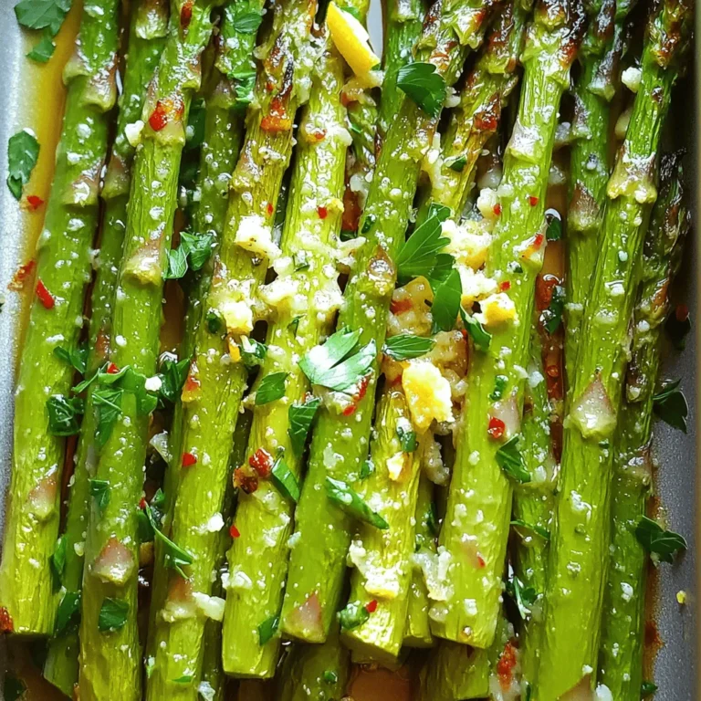 To make Zesty Lemon Garlic Asparagus, gather these fresh ingredients: - 1 pound asparagus, trimmed - 4 cloves garlic, minced - 2 tablespoons olive oil - Zest of 1 lemon - 2 tablespoons fresh lemon juice - 1 teaspoon red pepper flakes (optional for heat) - Salt and pepper, to taste - ¼ cup grated Parmesan cheese (optional) - Fresh parsley, chopped (for garnish) If you don’t have asparagus, use green beans or broccoli. Both work well. For garlic, garlic powder can act as a quick substitute. Olive oil can change to avocado oil or melted butter. If you lack fresh lemon, lemon juice from a bottle will do. If you want a vegan dish, skip the Parmesan cheese or use a dairy-free version. Choose firm asparagus stalks with bright green color. Look for tips that are closed and compact. Store asparagus upright in a jar with water, like flowers. Cover the tops with a plastic bag to keep them fresh. Always wash your vegetables before cooking to remove dirt and pesticides. The fresher the asparagus, the better the taste! For more details on the recipe, check the Full Recipe. To start, gather your ingredients for zesty lemon garlic asparagus. You will need: - 1 pound asparagus, trimmed - 4 cloves garlic, minced - 2 tablespoons olive oil - Zest of 1 lemon - 2 tablespoons fresh lemon juice - 1 teaspoon red pepper flakes (optional for heat) - Salt and pepper, to taste - ¼ cup grated Parmesan cheese (optional) - Fresh parsley, chopped (for garnish) Next, preheat your oven to 400°F (200°C). While it heats, wash and trim the asparagus. This helps remove the tough ends. Mince the garlic and zest the lemon. In a large bowl, mix the asparagus, minced garlic, olive oil, lemon zest, lemon juice, red pepper flakes, salt, and pepper. Toss well to coat every piece. This step is key for flavor. Spread the asparagus on a baking sheet lined with parchment paper. Make sure they are in a single layer. This helps them cook evenly. Roast them in the oven for 15-20 minutes. Toss halfway through to get a nice, even cook. If you want cheese, sprinkle it on during the last 5 minutes. Once the asparagus is done roasting, take it out and let it cool for a minute. Garnish with fresh parsley for a pop of color. Serve warm as a side dish with any main course you love. You can find the full recipe above for more details. Enjoy! To get the best asparagus, choose firm, bright green stalks. Avoid any that are limp or yellow. Trim the ends to remove the tough parts. I recommend cutting about an inch off the bottom. This helps the asparagus cook evenly. When roasting, spread them in a single layer on the baking sheet. This allows for nice browning and prevents steaming. To boost flavor, you can add more ingredients. Try tossing in sliced cherry tomatoes or thinly sliced bell peppers. They add color and taste. Fresh herbs like thyme or basil also work well. For a kick, include more red pepper flakes. If you love cheese, sprinkle more Parmesan on top before serving. This adds a rich, salty flavor. Presentation makes a meal more appealing. Arrange the roasted asparagus on a large platter. Drizzle extra lemon juice on top for a fresh look. Garnish with chopped parsley for a pop of green. You can also serve it in small bowls for individual servings. This makes it easy for guests to take what they want. For the full recipe, check out the details above. {{image_2}} You can cook Zesty Lemon Garlic Asparagus in different ways. Grilling adds a nice smoky flavor. Start by preheating your grill. Toss the asparagus with olive oil and seasonings. Place the spears directly on the grill for about six to eight minutes. Turn them often to avoid burning. Steaming is another healthy option. It keeps the vibrant green color. To steam, fill a pot with water and bring it to a boil. Place the asparagus in a steamer basket above the water. Cover and steam for about four to six minutes. This method keeps the nutrients intact. You can change the flavors of your asparagus easily. Adding fresh herbs can make a big difference. Try using basil, thyme, or dill for a fresh twist. Mix chopped herbs in with the garlic and olive oil. Cheese is a great addition too. Parmesan adds a salty, nutty flavor. You can sprinkle it on during the last few minutes of roasting. For a creamier taste, try feta cheese. Crumble it over the asparagus before serving. In summer, you can add cherry tomatoes for a pop of color. They roast well and add sweetness. In the fall, consider adding roasted pumpkin cubes for a seasonal touch. In winter, toss in some sliced almonds for crunch. Each season brings new flavors to explore with this dish. Check out the Full Recipe for more ideas! After enjoying your zesty lemon garlic asparagus, you might have some leftovers. To store them, let the asparagus cool down. Place it in an airtight container. This keeps the flavors fresh and the texture nice. Store it in the fridge for up to three days. If you want to keep it longer, consider freezing it. Just remember, freezing can change its texture. When you're ready to enjoy the leftovers, reheating is simple. You can use the oven or a skillet. For the oven, preheat it to 350°F (175°C). Spread the asparagus on a baking sheet. Heat for about 10 minutes, or until warm. If using a skillet, add a little olive oil to the pan. Toss the asparagus in the skillet over medium heat for about 5 minutes. This method helps keep it crisp. Zesty lemon garlic asparagus is best eaten fresh. However, if stored properly, it lasts a few days. Keep an eye on the color and smell. If it looks dull or smells off, it’s best to toss it. You can also check for texture. If it feels mushy, it's time to say goodbye. For the best taste, enjoy it within three days. For longer storage, consider freezing it right after cooking. You can pair Zesty Lemon Garlic Asparagus with many dishes. It goes well with grilled chicken. Try it with fish for a light meal. I love serving it with a quinoa salad. You can also enjoy it alongside pasta. The bright flavors enhance any main dish. Yes, you can prepare this dish ahead. Just trim the asparagus and mix the ingredients. Store them in the fridge for up to 24 hours. When ready, roast them fresh for the best taste. This way, you save time during busy meals. Asparagus is done when it's tender but still crisp. It should have a vibrant green color. You can poke it with a fork to check. If it feels soft and gives easily, it's ready. Roasting usually takes about 15-20 minutes. Keep an eye on it to avoid overcooking. Enjoy the fresh flavor and bright color! For the full recipe, check the section above. Zesty lemon garlic asparagus is easy to make and delicious. You learned about the key ingredients, step-by-step cooking, and tasty variations. Each tip helps you serve it well. Remember to store leftovers properly for later use. This dish fits in any meal and can impress others. Try different flavors and cooking methods to find what you love. You now have the tools to enjoy perfect asparagus every time. Enjoy your cooking adventure!
