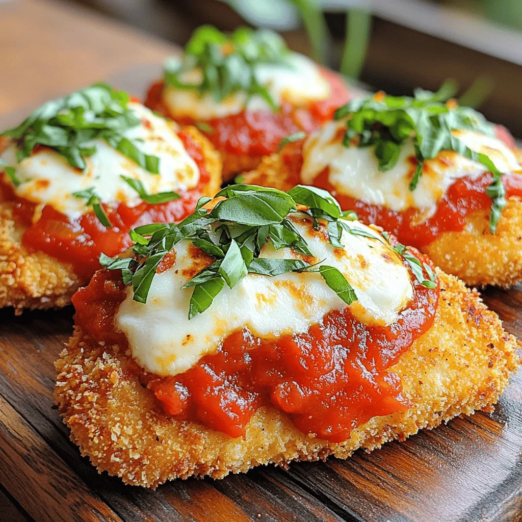 To make Baked Chicken Parmesan, you need a few key items: - 4 boneless, skinless chicken breasts - 1 cup all-purpose flour - 2 large eggs - 1 cup breadcrumbs (preferably whole wheat) - 1 cup grated Parmesan cheese - 1 cup marinara sauce (store-bought or homemade) - 2 cups shredded mozzarella cheese - 1 teaspoon garlic powder - 1 teaspoon dried oregano - 1 teaspoon salt - 1/2 teaspoon black pepper - 2 tablespoons fresh basil, chopped (for garnish) These ingredients work together to give a great taste. The chicken stays juicy, while the cheese melts perfectly. You can add a few items to make the dish your own: - Fresh spinach or basil leaves - Sliced mushrooms for extra flavor - Red pepper flakes for some heat - A squeeze of lemon for brightness These choices allow you to change the taste and make it special for you. For the best flavor and texture, I recommend these brands: - For breadcrumbs: Use Progresso or Italian brands for a great crunch. - For marinara sauce: Rao's or Prego offer rich flavors. - For cheese: Look for BelGioioso or Sargento for quality cheese. Choosing high-quality brands makes a big difference in your meal. You’ll taste the love in each bite! For the full recipe, check the details above. To start, take 4 boneless, skinless chicken breasts. Pat them dry with paper towels. This helps the breading stick better. Next, season them lightly with salt and pepper. This small step brings out the chicken's flavor. Now, let's set up a breading station. You need three shallow bowls. In the first bowl, add 1 cup of all-purpose flour. In the second bowl, whisk 2 large eggs until mixed well. In the third bowl, mix 1 cup of breadcrumbs, 1 cup of grated Parmesan cheese, 1 teaspoon of garlic powder, 1 teaspoon of dried oregano, 1 teaspoon of salt, and 1/2 teaspoon of black pepper. Take each chicken breast and dip it into the flour first. Shake off any extra flour. Next, dip it into the egg mixture. Let any extra egg drip off. Finally, coat the chicken with the breadcrumb mixture. Press down gently to ensure even coverage. Preheat your oven to 400°F (200°C). Line a baking sheet with parchment paper or grease it lightly. Place the breaded chicken breasts on the baking sheet. Bake them for 20-25 minutes. They should turn golden brown and reach an internal temperature of 165°F (74°C). After baking, take the sheet out of the oven. Spoon marinara sauce over each chicken breast. Then, sprinkle 2 cups of shredded mozzarella cheese on top. Return the chicken to the oven for another 10 minutes. You want the cheese to be bubbly and golden. Once done, let the chicken rest for a few minutes. Before serving, add fresh basil on top for flavor. This dish is not just tasty; it looks great too! For the complete details, check out the Full Recipe. To make the best baked chicken Parmesan, follow these tips: - Use fresh chicken breasts. Look for ones that are plump and firm. - Dry the chicken well. This helps the breading stick better. - Pound the chicken breasts to an even thickness. This ensures they cook evenly. - Let the breaded chicken rest for about 10 minutes before baking. This helps the coating set. - Use a mix of cheeses. Combining mozzarella and Parmesan gives a richer flavor. Some common mistakes can ruin your dish. Here’s how to avoid them: - Don’t skip the seasoning. Season each layer well, from the flour to the chicken. - Avoid overcrowding the baking sheet. Give each piece space to cook evenly. - Check the internal temperature. It should reach 165°F (74°C) before serving. - Don’t rush the baking time. Let the cheese get bubbly and golden for the best taste. To enhance your chicken Parmesan, consider these serving ideas: - Serve over pasta. A bed of spaghetti or penne soaks up the sauce. - Pair with a fresh salad. A light salad with vinaigrette balances the meal. - Add extra marinara on the side. This adds moisture and flavor to each bite. - Sprinkle fresh herbs on top. Basil or parsley brightens the dish and adds color. For the full recipe, check out the detailed instructions. Enjoy your cooking journey! {{image_2}} You can add spinach and ricotta to your Baked Chicken Parmesan for a twist. Start by mixing fresh spinach with ricotta cheese. Spread this mixture on top of the chicken before adding marinara and cheese. This adds creaminess and extra nutrients. It also makes the dish more colorful. Kids love the bright green spinach! If you need gluten-free or low-carb options, you can swap out the breadcrumbs. Use crushed almonds or gluten-free panko instead. For a low-carb version, you can also replace chicken with eggplant slices. This still gives you a tasty meal without the carbs. Just remember to bake until golden. You can play with cheese in this recipe. Try using provolone or gouda for a different flavor. Mixing cheeses can create a richer taste. If you are dairy-free, there are great vegan cheese options. Look for plant-based mozzarella that melts well. These choices keep the dish fun and exciting! For the full recipe, check out the detailed instructions above! After enjoying your baked chicken Parmesan, let it cool. Place the leftovers in an airtight container. Be sure to store it in the fridge. It stays fresh for about three to four days. If you want to keep it longer, freezing is a great option. To reheat, you can use an oven or a microwave. For the oven, preheat it to 350°F (175°C). Place the chicken in a baking dish. Cover it with foil to keep it moist. Heat for about 15-20 minutes until warm. If using a microwave, place the chicken on a microwave-safe plate. Heat in short intervals, about one minute at a time. Check often to avoid overcooking. To freeze baked chicken Parmesan, wrap each piece tightly in plastic wrap. Then, place them in a freezer bag or container. This helps prevent freezer burn. You can keep it in the freezer for up to three months. When ready to eat, thaw in the fridge overnight before reheating. Enjoy your delicious leftovers! It takes about 50 minutes to make Baked Chicken Parmesan. You will spend 15 minutes prepping. The cooking time is around 35 minutes. Yes, you can make Baked Chicken Parmesan in advance. Prepare the chicken and bake it without the sauce and cheese. Store it in the fridge for up to two days. When ready to eat, add sauce and cheese, then bake. Baked Chicken Parmesan goes well with many sides. Here are a few ideas: - Garlic bread - Pasta with marinara sauce - A fresh garden salad - Steamed broccoli - Roasted vegetables For the complete recipe and details, check out the Full Recipe. It includes all the ingredients and steps to make this tasty dish. Enjoy cooking! Baked Chicken Parmesan is a tasty dish with rich flavors. We covered the key ingredients and the steps for making it right. I also shared tips to avoid mistakes and ideas for fun variations. Remember to store leftovers properly and reheat them for the best taste. This dish is easy to make and can please everyone at your table. Enjoy making it for your next meal!