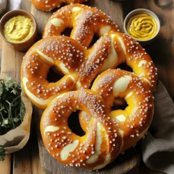 - 4 cups all-purpose flour - 1 packet (2 ¼ tsp) active dry yeast - 1 ½ cups warm water (about 110°F) - 4 tablespoons granulated sugar - 2 teaspoons salt - ¼ cup baking soda - 1 large egg, beaten (for egg wash) - Coarse sea salt for topping - Optional: 2 tablespoons melted butter (for brushing) What is the importance of active dry yeast? Active dry yeast helps the dough rise. It ferments sugars in the dough. This process creates bubbles and makes the pretzels soft and fluffy. Without it, your pretzels would be dense. What role does warm water play in activation? Warm water wakes up the yeast. It should be around 110°F. If the water is too hot, it can kill the yeast. This causes failure in your dough. Always check the temperature before mixing. What are the benefits of coarse sea salt vs. regular salt? Coarse sea salt adds texture and flavor. It stays on top of the pretzel, giving a salty crunch. Regular salt can dissolve too quickly and might not give the same taste. Using coarse sea salt enhances your pretzel experience. For the complete recipe, check out the Full Recipe. To start, mix warm water, sugar, and yeast in a bowl. Use about 110°F water, which feels warm to the touch. Stir gently, then let it sit for 5-10 minutes. You want to see bubbles or foam on top. This shows that the yeast is alive and ready to work. If it doesn’t foam, your yeast may be old. Next, combine the flour and salt in a large bowl. Once your yeast mixture is frothy, pour it into the bowl of flour. Stir until you see a rough dough forming. Then, transfer it to a floured surface. Knead the dough for about 5-7 minutes. Use the palms of your hands to push and fold the dough. You want it smooth and elastic. If it’s too sticky, sprinkle more flour as you knead. After kneading, let the dough rise in a warm spot for about one hour. Once it doubles in size, punch it down gently. Divide the dough into 8 equal pieces. Roll each piece into a long rope, about 24 inches long. Form a "U" shape, twist the ends twice, and fold them down to make a pretzel shape. Aim for uniform sizes for even baking. Prepare a baking soda bath by boiling 10 cups of water and adding ¼ cup of baking soda. Carefully drop each pretzel into the water for about 30 seconds. This step gives them that classic pretzel taste and color. Use a slotted spoon to remove them and place them on lined baking sheets. Brush each pretzel with a beaten egg, then sprinkle with coarse sea salt. Bake in a preheated oven at 450°F for 12-15 minutes until golden brown. The full recipe will guide you through every step. To get the best rise, keep your dough warm. Place the bowl in a sunny spot or near a warm oven. A warm area helps the yeast grow. This makes the dough fluffy and light. For the perfect pretzel texture, use a baking soda bath. This step gives pretzels their signature crust and chewy inside. Is your dough too sticky? Add a little more flour, one spoon at a time. This helps it come together. If your pretzels are not browning, check your oven temperature. Make sure it is at 450°F (232°C) before baking. You can also brush the pretzels with more egg wash for a deeper color. When serving pretzels, arrange them on a wooden board. This looks nice and rustic. Add small bowls of dipping sauces for a fun touch. Mustard, cheese dip, or even honey mustard work great. These options will make your pretzels even more enjoyable. For the full recipe, check out the details above. {{image_2}} You can change the taste of your pretzels. Try cheese-stuffed pretzels. Just fill the dough with your favorite cheese before shaping. Bake them until gooey. They are a real treat! Another fun option is cinnamon sugar pretzels. After baking, brush them with melted butter. Then coat them in a blend of sugar and cinnamon. This sweet twist is perfect for dessert! You can add more flavor with different toppings. A garlic butter topping is delicious. Melt butter and mix in minced garlic. Brush this mix onto your pretzels right after baking. It offers a savory touch that everyone will love. Everything bagel seasoning is another great choice. Sprinkle it on top before baking for a crunchy, flavorful bite. This mix often has sesame seeds, poppy seeds, and garlic. It gives your pretzels a unique taste! If you need gluten-free options, use gluten-free flour. Look for a blend that works well for bread. It will give you soft pretzels without the gluten. For a vegan choice, skip the egg wash. Instead, use a mix of water and plant-based milk. Brush this on before baking. Your pretzels will still be golden and tasty! Explore more ideas and find the full recipe to create your own soft pretzels. To keep your pretzels fresh, follow these simple steps. - Refrigerating: Place cooled pretzels in an airtight container. You can also wrap them in plastic wrap. This keeps them soft for about 2-3 days. - Freezing: For longer storage, freeze the pretzels. Wrap each pretzel in plastic wrap, then place in a freezer bag. They can last up to 3 months in the freezer. When you want to enjoy your pretzels again, reheating is key. - Oven: Preheat your oven to 350°F (175°C). Place pretzels on a baking sheet and heat for 10 minutes. This makes them crispy on the outside and soft inside. - Microwave: For a quick fix, use the microwave. Heat each pretzel for about 20-30 seconds on a microwave-safe plate. They may not be as crispy but will still taste great. This process helps you enjoy your pretzels even after storing them. For the full recipe, check out the section above. Yes, you can make pretzel dough ahead of time. After kneading, let it rise once. Then, cover it and chill in the fridge. This slows down the yeast action and keeps the dough fresh. When you’re ready, take it out, let it warm up, and shape the pretzels. If you need an alternative to baking soda, try using baking powder. Baking powder won't give the same dark color, but it still helps create a chewy texture. You can also skip the bath and bake them directly, but the texture will change. Your pretzels are done when they turn a rich golden brown. This usually takes 12 to 15 minutes at 450°F (232°C). You can also tap the bottom. If it sounds hollow, they are ready! You can serve pretzels with many fun dips! Here are some ideas: - Cheese sauce for a classic bite. - Honey mustard for a sweet and tangy treat. - Garlic butter for a savory twist. - Creamy ranch for a cool flavor. Yes, you can customize the flour! While all-purpose flour works great, you can try bread flour. It gives a chewier texture. For gluten-free, use a gluten-free blend. Just make sure it has xanthan gum for the best rise. For more details, check the Full Recipe. In this blog post, we explored the essential ingredients and steps for making soft pretzels. We discussed activating yeast and shaping the dough for the perfect pretzel. Tips covered include dough rising and troubleshooting common issues. I shared tasty variations and storage methods to keep your pretzels fresh. Soft pretzels are fun to make and delicious to eat. With practice, you can create perfect pretzels for any occasion. Enjoy your baking journey and savor each bite!