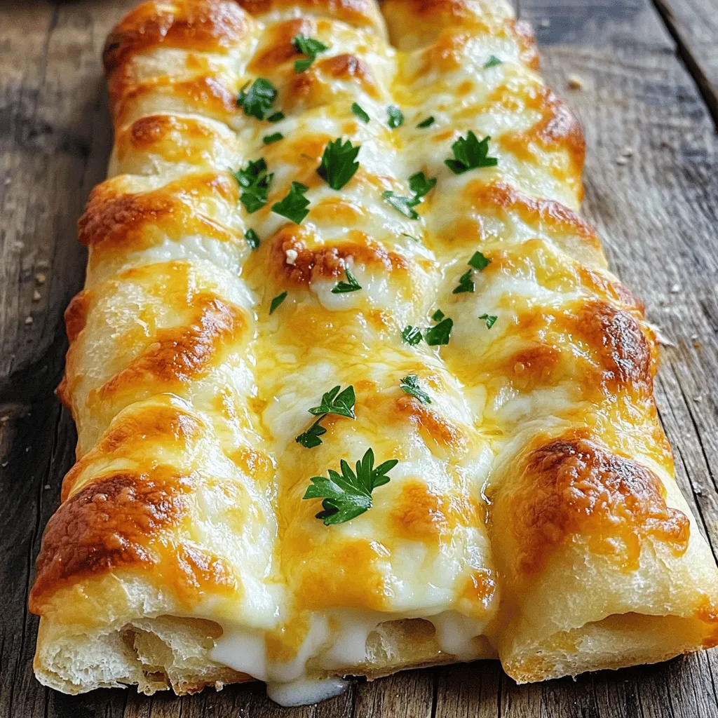 To make cheesy garlic breadsticks, you need simple items. Here’s the complete list of ingredients: - 2 cups all-purpose flour - 1 packet (2 1/4 teaspoons) active dry yeast - 1 cup warm water (110°F/45°C) - 1 tablespoon sugar - 1 tablespoon olive oil - 1 teaspoon salt - 1 teaspoon garlic powder - 1 cup shredded mozzarella cheese - 1/2 cup grated Parmesan cheese - 2 tablespoons unsalted butter, melted - Fresh parsley, finely chopped (for garnish) Each ingredient plays a vital role. The flour gives the breadsticks structure. Active dry yeast helps the dough rise. Warm water activates the yeast. Sugar feeds the yeast and adds a touch of sweetness. Olive oil keeps the dough moist. Salt enhances flavor, while garlic powder adds that distinct taste we love. The cheeses bring richness, and melted butter gives a golden finish. Finally, fresh parsley adds color and freshness. For the full recipe, you can check out the entire process to make these delicious breadsticks. To start, combine 1 cup of warm water, 1 tablespoon of sugar, and 1 packet of active dry yeast in a small bowl. Stir gently and let it sit for about 5 to 10 minutes. You will see it become foamy, which means the yeast is active. This step is crucial for giving your breadsticks a nice rise. In a large mixing bowl, mix 2 cups of all-purpose flour, 1 teaspoon of salt, and 1 teaspoon of garlic powder. Make sure these dry ingredients are well combined. Next, add the yeast mixture and 1 tablespoon of olive oil. Stir everything until a dough forms. Knead the dough on a lightly floured surface for about 5 minutes. You want the dough to be smooth and elastic. Now, place the kneaded dough in a greased bowl. Cover it with a kitchen towel and let it rise in a warm place for 1 hour. The dough should double in size. Once it has risen, punch it down gently. Roll the dough out into a rectangle, about 1/2 inch thick. Use a pizza cutter or sharp knife to cut the dough into strips, about 1 inch wide. Preheat your oven to 425°F (220°C). Prepare a baking sheet by lining it with parchment paper. Place the strips of dough on the sheet. Brush the melted 2 tablespoons of unsalted butter over each strip. Top them with 1 cup of shredded mozzarella cheese and 1/2 cup of grated Parmesan cheese. Bake in the oven for 12 to 15 minutes or until the breadsticks turn golden brown. Enjoy the aroma as they bake! To get that soft and chewy texture, kneading is key. Knead the dough for about five minutes. This helps develop gluten, making the breadsticks stretchy. If you find the dough too sticky, add a bit more flour, but not too much. Letting the dough rise is just as important. After kneading, place it in a greased bowl. Cover it and let it rise in a warm spot for one hour. This step allows the dough to double in size, making your breadsticks light and fluffy. Spice up your breadsticks with extra flavor! Consider adding dried herbs like oregano or basil to the dough. You can also mix in some crushed red pepper flakes for a kick. After baking, sprinkle fresh herbs like parsley on top. This adds a bright touch and a lovely aroma. Checking for doneness is simple. Look for a golden brown color on the breadsticks. You can also tap on the bottom; it should sound hollow. If they're not ready, give them a few more minutes in the oven. Adjusting the oven temperature can help too. If you want crispier breadsticks, bake them a bit longer at 425°F. Just keep an eye on them to avoid burning. Following these tips will lead you to perfect cheesy garlic breadsticks every time! For the complete process, refer to the Full Recipe. {{image_2}} You can change the cheese in your breadsticks for fun. Try using sharp cheddar or gouda. These cheeses add a different taste. If you want a creamier texture, add cream cheese. This will make the breadsticks richer and smoother. Imagine biting into a warm stick with gooey cheese inside; it's pure bliss! Herbs can take your breadsticks to the next level. Instead of just garlic powder, try Italian seasoning. This mix adds a nice touch of flavor. Garlic salt is another great option; it gives that extra kick. You can also mix in fresh herbs like basil or oregano. They brighten the taste and smell amazing! If you're gluten-free, don't worry! You can use alternative flours like almond or coconut flour. These flours work well and taste good, too. For those who follow a vegan diet, swap out butter and cheese. Use vegan butter and nut-based cheese. They melt nicely and create a tasty treat without dairy. With these easy changes, everyone can enjoy cheesy garlic breadsticks! To keep your cheesy garlic breadsticks fresh, store them in an airtight container. Place parchment paper between layers to prevent sticking. This helps keep them soft. You can refrigerate the breadsticks for up to four days. If you want to save them longer, freezing is a great choice. To freeze breadsticks, wrap them tightly in plastic wrap. Then, place them in a freezer-safe bag or container. Make sure to remove as much air as possible. This keeps them from getting freezer burn. They can last up to three months in the freezer. When it’s time to enjoy your leftover breadsticks, reheating is key. The best method is to use an oven. Preheat it to 350°F (175°C). Place the breadsticks on a baking sheet. Heat them for about 10 minutes. This method keeps them warm and crispy. If you’re short on time, you can use a microwave. Heat them for 15 to 30 seconds. Check often to avoid making them soggy. To keep them crispy, place a paper towel underneath. This absorbs excess moisture and helps maintain that perfect texture. Enjoy your cheesy garlic breadsticks just like they were fresh! Making Cheesy Garlic Breadsticks takes about 1 hour and 30 minutes. You need 15 minutes to prep the dough. The dough then rises for 1 hour. After that, baking takes 12 to 15 minutes. Yes, you can use frozen dough. Many stores sell pre-made frozen bread dough. Just thaw it first. Then, follow the same steps as the recipe. This saves time and works well for quick snacks. These breadsticks pair well with many dishes. You can serve them with marinara sauce for dipping. They also go great with soups or salads. Try them alongside pasta for a full meal. To add heat, use red pepper flakes. Sprinkle them on top before baking. You can also mix hot sauce into the dough. For a twist, try jalapeños or spicy cheese. Experiment with the flavors you love! In this post, we explored how to make Cheesy Garlic Breadsticks from scratch. I guided you through each step, from mixing ingredients to baking. Remember to let the dough rise for the best texture. Feel free to experiment with different cheeses and herbs for unique flavors. Store leftovers properly to enjoy later, and reheating tips can help keep them tasty. Making these breadsticks can be a fun experience, so get creative and enjoy!