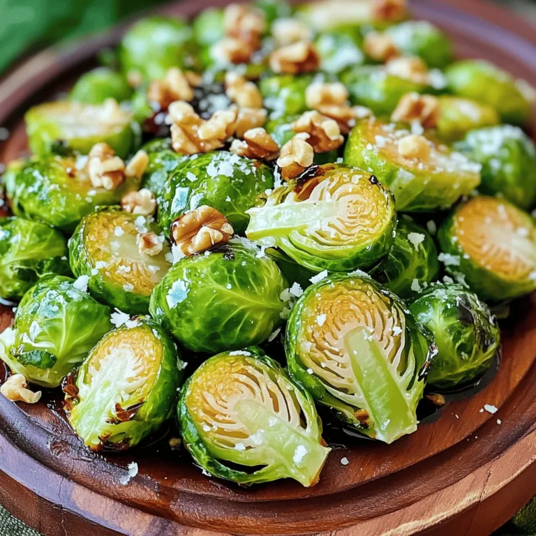 - 1 lb Brussels sprouts, halved - 3 tablespoons balsamic vinegar - 2 tablespoons olive oil - 1 tablespoon maple syrup - 1 teaspoon garlic powder - 1 teaspoon onion powder - Salt and pepper to taste - Optional ingredients for enhanced flavor: - ¼ cup grated Parmesan cheese - 2 tablespoons chopped walnuts When making balsamic roasted Brussels sprouts, I love using fresh Brussels sprouts. They give the best flavor and texture. The balsamic vinegar adds a sweet and tangy kick that works well with the earthy Brussels. Olive oil ensures they roast evenly, while maple syrup adds just a hint of sweetness. If you can't find fresh Brussels sprouts, try using frozen ones. They won’t be as crisp, but they will still taste great. For balsamic vinegar, you can use apple cider vinegar or red wine vinegar. Both will give a nice flavor. You can swap olive oil with avocado oil or even melted butter if you prefer. If you want to skip maple syrup, honey or agave syrup works well too. Each serving of these roasted sprouts has about 120 calories. They are low in carbs and high in fiber. Brussels sprouts are packed with vitamins C and K, which help boost your immune system. Olive oil adds healthy fats, which are good for your heart. If you add walnuts, they bring in extra nutrients and a nice crunch. Enjoy this tasty side dish while knowing it’s good for you! First, preheat your oven to 400°F (200°C). This temperature helps the Brussels sprouts roast perfectly. Next, get your Brussels sprouts ready. Rinse them under cold water. Then, trim the ends and cut each sprout in half. This allows them to cook evenly and soak up the flavors. In a large bowl, combine the halved Brussels sprouts with balsamic vinegar, olive oil, maple syrup, garlic powder, onion powder, salt, and pepper. Toss everything together so the sprouts are well-coated. This mixture adds a sweet and tangy flavor that makes the dish special. Spread the coated Brussels sprouts on a baking sheet lined with parchment paper. Make sure to arrange them in a single layer. This step is key for even roasting. Place the baking sheet in your preheated oven. Roast the sprouts for 20 to 25 minutes. Toss them halfway through for best results. You want them tender and caramelized with a crispy exterior. If you want to add a twist, sprinkle grated Parmesan cheese on the Brussels sprouts during the last 5 minutes of roasting. This adds a nice, creamy layer of flavor. Once they are done, take them out of the oven and toss in chopped walnuts. The walnuts provide a satisfying crunch that pairs well with the tender sprouts. For the full recipe, you can check out the detailed instructions and measurements. Enjoy your Balsamic Roasted Brussels Sprouts as a tasty side dish or snack! For even roasting, spread the Brussels sprouts in a single layer. This helps them cook well. Make sure they have space. Crowding them leads to steaming, not roasting. Toss them halfway through. This ensures all sides get crispy. To achieve crispiness, use high heat. I roast them at 400°F (200°C). A bit of olive oil also helps. The oil coats the sprouts and promotes browning. Don’t skip the toss with balsamic vinegar. This adds flavor and helps with the caramelization. You can add more seasonings for a twist. Try smoked paprika for a hint of smokiness. A touch of red pepper flakes gives heat. If you prefer sweetness, add honey instead of maple syrup. For a richer taste, drizzle a balsamic glaze on top after roasting. It adds a sweet and tangy finish. You can also sprinkle some feta cheese for creaminess. This adds a new flavor layer that pairs well with the roasted sprouts. These Brussels sprouts pair nicely with grilled chicken or steak. They also work well with pork dishes. For a vegetarian meal, serve them with quinoa or a grain salad. To present the dish, use a large serving platter. Arrange the sprouts in a circle and sprinkle them with walnuts. This adds color and texture. You can also garnish with fresh herbs. Chopped parsley or thyme makes it pop. For the full recipe, check out the detailed instructions above. {{image_2}} You can change how you cook Brussels sprouts for fun. Try using an air fryer. This method makes them crispy in less time. Set your air fryer to 375°F (190°C). Cook for about 15 minutes. Shake the basket halfway through for even cooking. Grilling is another great option. It adds a smoky taste that you will love. Toss the halved Brussels sprouts with oil and seasoning. Place them on a grill basket to keep them from falling through. Grill for about 10-12 minutes. Turn them often to get a nice char. Want some spice? Add red pepper flakes to your balsamic mix. This gives your Brussels sprouts a nice kick. You can also use chili oil for a different heat level. If you prefer something sweet, try maple syrup or honey. These will add a rich glaze. You can mix in different syrups like agave or even a fruit puree. Just remember to adjust the amount of balsamic vinegar to balance the flavors. For vegan options, leave out the Parmesan cheese. You can replace it with nutritional yeast for a cheesy flavor. This keeps the dish plant-based and tasty. If you need gluten-free, you are in luck! This recipe is naturally gluten-free. Just make sure all your ingredients are labeled gluten-free. Enjoy your Brussels sprouts without worry! For the full recipe, check out the details above. To store leftover balsamic roasted Brussels sprouts, let them cool. Place them in an airtight container. This keeps them fresh and tasty. Store them in the fridge. They last about 3 to 5 days. If you want to keep them longer, consider freezing. Reheating Brussels sprouts can be tricky. For the best texture, use the oven. Preheat it to 350°F (175°C). Spread the sprouts on a baking sheet. Heat them for about 10-15 minutes. This method helps avoid mushiness. You want them warm and crispy, not soggy. If you want to freeze Brussels sprouts, do it soon after cooking. Once cooled, place them in a freezer-safe bag. Remove as much air as possible. They can last up to 3 months in the freezer. When ready to eat, thaw them in the fridge overnight. Then, reheat using the oven for the best results. For the complete recipe, check out the Full Recipe. How long do balsamic roasted Brussels sprouts last? Balsamic roasted Brussels sprouts last about 3 to 5 days in the fridge. Store them in an airtight container. To keep them fresh, avoid letting them sit out. Can I make this recipe ahead of time? Yes, you can prep the Brussels sprouts ahead of time. Toss them in the balsamic mix and refrigerate. Roast them right before serving. This keeps them warm and tasty. What can I substitute for balsamic vinegar in this recipe? If you don’t have balsamic vinegar, you can use red wine vinegar or apple cider vinegar. Both will give a nice tang. Add a touch of honey or sugar for sweetness. Is it possible to use frozen Brussels sprouts? You can use frozen Brussels sprouts, but fresh ones are better. Frozen sprouts may be softer after roasting. If using frozen, thaw them and pat them dry before cooking. What's the best temperature for roasting Brussels sprouts? The best temperature for roasting Brussels sprouts is 400°F (200°C). This heat makes them crisp and caramelized. How do I know when the Brussels sprouts are done? Brussels sprouts are done when they are golden brown and tender. A fork should easily pierce them. Toss them halfway through roasting for even cooking. In this post, we covered how to make delicious balsamic roasted Brussels sprouts. You learned the key ingredients, substitution options, and health benefits. We also explored precise cooking steps and tips for perfect results. Remember, variations exist if you want to change the flavor. For storage, I shared the best ways to keep leftovers fresh. Enjoy your roasted Brussels sprouts as a tasty side dish. You can impress guests or enjoy them solo. With some practice, they can become your new favorite healthy option.
