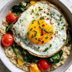 - 1 cup rolled oats - 2 cups vegetable broth (or water) - 1 tablespoon olive oil - 1 garlic clove, minced - 1 cup spinach, chopped - 1/2 cup cherry tomatoes, halved - 1 large egg - 1/4 teaspoon red pepper flakes - Salt and pepper, to taste - Fresh herbs (chives or parsley) for garnish The Savory Oatmeal Bowl with Egg is simple yet filling. Each ingredient plays a role. The oats provide warmth and comfort. Vegetable broth adds flavor. Olive oil gives richness. Garlic wakes up the dish. Spinach adds color and nutrients. Cherry tomatoes bring sweetness. Finally, the egg tops it all off with protein. This bowl has about 400 calories. You get roughly 20 grams of protein, 40 grams of carbs, and 15 grams of fat. The oats are a great source of fiber. Spinach gives you vitamins A and C. Tomatoes add antioxidants, while olive oil provides healthy fats. Each bite is not just tasty but good for you too. You can find the complete recipe in the Full Recipe section. 1. Start by boiling the liquid. In a medium saucepan, pour 2 cups of vegetable broth or water. Heat it on high until it bubbles. 2. Next, add the rolled oats. Stir them in and lower the heat to medium-low. Let them simmer for about 5 minutes. Stir occasionally. The oats will become soft and creamy. 1. While the oats cook, prepare the toppings. Heat 1 tablespoon of olive oil in a skillet over medium heat. 2. Add 1 minced garlic clove to the pan. Sauté it for about 1 minute. It should smell great! 3. Now, toss in 1 cup of chopped spinach and 1/2 cup of halved cherry tomatoes. Cook for 2-3 minutes. The spinach should wilt, and the tomatoes soften. Season with salt, pepper, and 1/4 teaspoon of red pepper flakes. 4. In the same skillet, crack 1 large egg. Cook it sunny side up or to your liking. 1. Once the oatmeal is ready, divide it into two bowls. 2. Top each bowl with the sautéed spinach and tomato mix. 3. Place the fried egg carefully on top of each bowl. 4. For a pop of flavor and color, garnish with fresh herbs like chives or parsley. This savory oatmeal bowl with egg is not only filling but also fun to make. Check the [Full Recipe] for more details! To get the best texture for your savory oatmeal, you can choose between creamy or al dente oats. For creamy oats, use more liquid. A good rule is to add an extra half cup of broth or water. Cook them longer, around 7-10 minutes, stirring often. If you prefer al dente oats, stick to the standard 2 cups of liquid and cook for about 5 minutes. This keeps them a bit firmer. Adjusting the liquid helps you find your favorite texture. Spicing up your savory oatmeal bowl can make it more exciting. Try adding smoked paprika for a warm, earthy taste. You can also mix in some cheese or avocado for a richer flavor. Cheese adds creaminess, while avocado brings healthy fats. Simply stir in a handful of cheese or slice up some avocado and place it on top. Experiment with other spices you like. Each addition can change the whole dish. Using the right tools can make cooking easier. A good saucepan helps boil the broth quickly. Look for one with a thick bottom. This prevents burning. For frying the egg, a non-stick skillet is key. It helps the egg slide out easily without sticking. This way, you get a perfect sunny-side-up egg every time. Make sure to have these tools ready for a smooth cooking experience. {{image_2}} You can switch the egg for other proteins. Tofu works great if you want a plant-based option. Simply crumble it and sauté it with the garlic. Chickpeas are another excellent choice. They add a nice crunch and extra protein. For a different texture, try poaching the egg. A poached egg has a soft, runny yolk. This adds creaminess to your savory bowl. Think beyond spinach and tomatoes. Kale is a hearty green you can use. It adds depth and nutrition. Bell peppers bring a sweet crunch that pairs well with oats. You can also pick seasonal veggies. Try zucchini in summer or butternut squash in fall. This keeps your bowl fresh and exciting. Explore different flavor profiles to spice things up. Add Asian flavors with soy sauce and sesame oil. For a Mediterranean twist, include olives or feta cheese. If you prefer something Southwest-inspired, mix in black beans and corn. Don't forget fresh herbs! Basil, cilantro, or dill can brighten your dish. Spices like cumin or smoked paprika can add warmth and depth. Get creative and make it your own! To store leftovers, let the oatmeal cool down first. Place it in an airtight container. This keeps it fresh and tasty. I recommend glass or BPA-free plastic containers. They are durable and safe. Store the bowl in the fridge for up to three days. If you want to keep it longer, freezing is a great option. When it's time to eat again, you can reheat the oatmeal on the stove or in the microwave. For the stove, add a splash of water or broth to help it warm evenly. Heat it over low heat, stirring often. In the microwave, heat for 1-2 minutes. Stir halfway through to keep the texture nice. Always check that it is heated all the way through. This helps maintain its flavor and creaminess. Yes, you can freeze your savory oatmeal! Just make sure to store it in a freezer-safe container. It can last up to three months in the freezer. When you're ready to eat, thaw it overnight in the fridge. To reheat, use the stove or microwave as mentioned above. This way, you can enjoy a delicious meal anytime. For best results, eat it within a month for great taste. Yes, you can make this dish vegan. To replace the egg, use tofu or a flaxseed mixture. For the broth, use vegetable broth instead of chicken broth. This keeps the dish plant-based while still being tasty. Preparing this savory oatmeal bowl is quick. It takes about 10 minutes to prep and 10 minutes to cook. In total, you need 20 minutes. This makes it perfect for a busy morning. You can serve this dish with many sides. Fresh fruit like berries or bananas adds a sweet touch. A glass of juice or a cup of coffee pairs well too. For extra crunch, try some toasted nuts or seeds on the side. This blog post shows you how to make a savory oatmeal bowl. With simple ingredients and easy steps, you can enjoy a healthy meal. Using oats, vegetables, and protein, you create a dish rich in flavor and nutrition. You learned about storage and variations to keep it exciting. Try new toppings and flavors. The possibilities are endless. Enjoy customizing your oatmeal bowl to fit your taste. Eating healthy can be delicious and simple. Now, you’re ready to stir up your own savory creation!