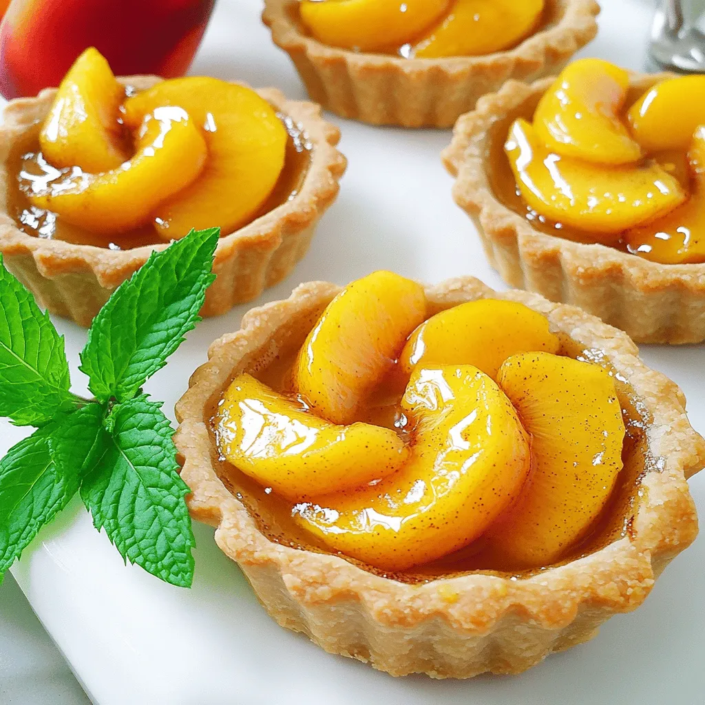 Peach tartlets are a simple yet delightful treat. You only need a few basic ingredients. This recipe yields six tartlets. You can enjoy them warm or cool. Here’s what you need to make peach tartlets: - 1 cup all-purpose flour - 1/4 cup unsalted butter, softened - 1/4 cup granulated sugar - 1/4 teaspoon salt - 1/4 teaspoon vanilla extract - 1 tablespoon cold water - 2 ripe peaches, pitted and sliced - 1 tablespoon brown sugar - 1 teaspoon cinnamon - 1 tablespoon cornstarch - 1 tablespoon lemon juice - Fresh mint leaves for garnish (optional) Each ingredient plays a key role. The flour forms the crust, while peaches give the tartlets their sweet flavor. You can swap some ingredients if needed. Here are a few ideas: - Use whole wheat flour instead of all-purpose flour for a nuttier taste. - Coconut oil can replace unsalted butter for a dairy-free option. - For sweetness, try honey or maple syrup in place of granulated sugar. - Use any favorite fruit if peaches aren’t available. Apples or berries work well too. These substitutions can help you customize the tartlets to your taste or dietary needs. Enjoy experimenting! Start by preheating your oven to 375°F (190°C). This step gets your oven ready for baking. In a bowl, mix together the flour, softened butter, granulated sugar, salt, and vanilla extract. You want a crumbly texture. Then, add cold water one tablespoon at a time. Mix until the dough sticks together. Next, divide the dough into small balls. Press each ball into mini tartlet pans. Make sure to cover the bottom and sides well. Now, let’s prepare the filling. In another bowl, mix the sliced peaches, brown sugar, cinnamon, cornstarch, and lemon juice. Toss gently to coat the peaches. This helps the flavors blend nicely. Once your tartlet crusts are ready, spoon the peach mixture into each one. Fill them evenly. Place the tartlets in the oven and bake for 20-25 minutes. You want the crust to turn golden and the peaches to bubble. Keep an eye on them to avoid burning. After baking, take the tartlets out of the oven. Let them cool for a few minutes. This makes them easier to remove from the pans. Once cool, you can gently lift them out. For a nice touch, add fresh mint leaves on top before serving. These tartlets are great warm or at room temperature. Enjoy your Peach Tartlets Delight with friends or family! For the full recipe, check out the complete guide. To get a great crust, keep your butter cold. This helps the crust stay flaky. Mix the flour and butter until it looks like crumbs. Don’t overwork the dough. Just bring it together gently. Press it into the tartlet pans firmly. This makes sure it holds its shape while baking. Choose ripe peaches for the best flavor. Look for peaches that are soft but not mushy. Their skin should be smooth and fragrant. If you can, smell them; a sweet aroma means they are ripe. If you can’t find ripe peaches, let them sit at room temperature for a day or two. They will sweeten up nicely. Make sure your oven is fully preheated. This helps the tartlets cook evenly. Place the tartlet pans on the middle rack. This avoids hot spots in the oven. Check them at the 20-minute mark. If they are golden brown and bubbly, they are ready. If not, give them a few more minutes. Enjoy the smell that fills your kitchen as they bake. For more details, you can see the Full Recipe. {{image_2}} You can make gluten-free peach tartlets easily. Use gluten-free flour instead of all-purpose flour. This swap keeps the crust light and tasty. Make sure to check the flour blend for a good texture. You might need more cold water to bind the dough. To create vegan peach tartlets, swap butter with coconut oil or a vegan butter. Replace the egg with a tablespoon of ground flaxseed mixed with water. This mix helps bind the tartlets well. The result is a sweet and fruity dessert that everyone can enjoy. You can add fun flavors to your tartlets. Consider using nutmeg for warmth and spice. A few drops of almond extract can bring a lovely nutty taste. You can also try mixing in some fresh lemon zest for a bright, citrus note. These little extras can make your tartlets even more special. For the full recipe, check the earlier section. Enjoy experimenting with these variations! Store leftover peach tartlets in an airtight container. Keep them in the fridge. They stay fresh for about three days. If you want them to last longer, freezing is a better option. To freeze peach tartlets, let them cool completely after baking. Then, wrap each tartlet in plastic wrap. Place them in a sealable freezer bag. Label the bag with the date. Frozen tartlets keep well for about one month. When you are ready to enjoy them, thaw in the fridge overnight. Reheat peach tartlets in the oven for the best results. Preheat your oven to 350°F (175°C). Place the tartlets on a baking sheet. Heat for about 10 minutes. This helps keep the crust crispy and the filling warm. You can also use a microwave, but the tartlets may lose their crispness. For a quick heat, microwave for about 20-30 seconds. Enjoy your delicious treat! You can tell when your peach tartlets are done by looking at the crust. It should be golden brown. The peaches will also bubble a bit. If you see this, they are ready. You can use a toothpick to check the crust. Insert it into the edge. If it comes out clean, the tartlets are done. Yes, you can use other fruits! Berries like blueberries or raspberries work great. Apples and pears can also be tasty. Just make sure to adjust the sugar. Some fruits are sweeter than peaches. You want to keep the filling balanced. Try mixing fruits for a fun twist! Serve these tartlets warm or at room temperature. A scoop of vanilla ice cream adds a nice touch. You can also top them with whipped cream. Fresh mint leaves make a pretty garnish too. For a fancy look, drizzle some caramel sauce on top. Get creative and enjoy! We explored how to make peach tartlets, from key ingredients to baking tips. You learned about useful substitutions and variations, like gluten-free and vegan options. Proper storage and reheating ensure you enjoy your sweet treat longer. Remember to choose ripe peaches for the best flavor. Use these guidelines to create delicious tartlets every time. Keep experimenting and enjoy the process!