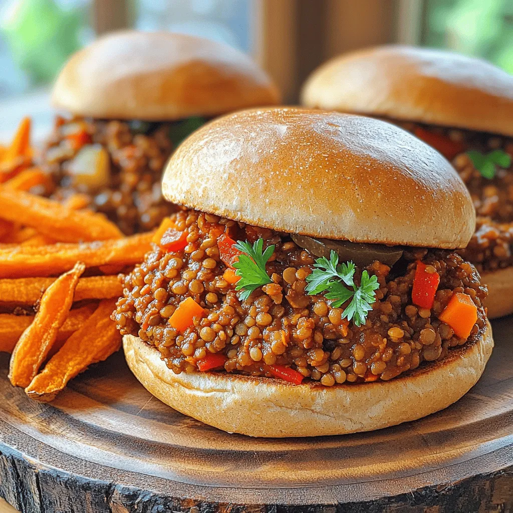 - 1 cup dried green or brown lentils, rinsed - 1 medium onion, finely chopped - 1 red bell pepper, finely diced - 1 carrot, grated - 4 whole wheat burger buns - Fresh parsley, for garnish (optional) These fresh ingredients bring color and taste to your vegan lentil sloppy joes. The lentils are the heart of the dish. They pack protein and fiber. The onion, bell pepper, and carrot add sweetness and crunch. - 2 tablespoons olive oil - 2 cloves garlic, minced - 2 tablespoons tomato paste - 1 cup vegetable broth - 2 tablespoons maple syrup - 1 tablespoon apple cider vinegar - 1 tablespoon Dijon mustard - 1 teaspoon smoked paprika - 1/2 teaspoon chili powder - Salt and pepper to taste These pantry staples create a rich and tasty sauce. Olive oil helps cook the veggies. Garlic adds a wonderful aroma. Tomato paste gives depth, while the broth keeps everything moist. - Sliced jalapeños for heat - Avocado slices for creaminess - Pickles for tang - Vegan cheese for extra richness Feel free to mix and match with these garnishes. They let you customize your sloppy joes. You can adjust the flavors to your liking. For the full recipe, visit the link provided. First, rinse 1 cup of dried green or brown lentils in water. This step helps remove any dirt. Next, place the lentils in a medium saucepan. Add 3 cups of water to the pan. Bring the water to a boil. Once boiling, reduce the heat to low. Let the lentils simmer uncovered for 15 to 20 minutes. You want them tender but not mushy. After cooking, drain any excess water and set the lentils aside. While the lentils cook, heat 2 tablespoons of olive oil in a large skillet over medium heat. Add 1 medium chopped onion. Sauté the onion for about 3 to 4 minutes. You want it to become soft and clear. Then, add 2 minced garlic cloves, 1 finely diced red bell pepper, and 1 grated carrot. Cook these vegetables together for another 5 minutes. Stir them so they don’t stick. They should be soft and fragrant. After the vegetables soften, add the cooked lentils to the skillet. Then, mix in 2 tablespoons of tomato paste. Pour in 1 cup of vegetable broth. Add 2 tablespoons of maple syrup for sweetness. Next, add 1 tablespoon of apple cider vinegar and 1 tablespoon of Dijon mustard for tang. Sprinkle in 1 teaspoon of smoked paprika and 1/2 teaspoon of chili powder. Season with salt and pepper to taste. Stir everything well to combine. Bring the mixture to a gentle simmer. Let it cook for about 10 minutes, stirring occasionally. If the mix gets too thick, add a little more vegetable broth. Taste it and adjust the seasoning if needed. While it simmers, toast the whole wheat burger buns to your liking. To serve, spoon the lentil mix onto the bottom half of each bun. If you like, top with fresh parsley. Cover with the other half of the bun. Enjoy! For the full recipe, check the details above. When making vegan lentil sloppy joes, avoid overcooking the lentils. They should be tender but not mushy. Use fresh vegetables for the best flavor. Don't skip the onion and garlic; they add depth. If your mixture is too thick, add more vegetable broth. Taste as you go, adjusting salt and spices as needed. To boost the flavor, try adding smoked paprika. It gives a nice smoky touch. A splash of soy sauce can also add umami. For a sweet twist, use a little more maple syrup. Fresh herbs like cilantro or parsley can brighten the dish. Serve with pickles on the side for extra crunch. For a great texture, mash some lentils slightly. This adds creaminess without losing the bite. If you prefer a chunkier mix, keep some lentils whole. Don't forget to toast the buns! A crispy bun holds the filling better. For a fun twist, try using lettuce wraps instead of buns. Check out the Full Recipe for more details. {{image_2}} To add some heat, use cayenne pepper or hot sauce. Start with a pinch, then taste. You can always add more if you like it spicy. I often mix in chopped jalapeños for extra flavor. The heat pairs well with the sweet maple syrup in the recipe. If you need a gluten-free meal, swap out the whole wheat buns. Look for gluten-free burger buns at your local store. You can also serve the lentil mixture over rice or quinoa. Both options taste great and still give you that hearty feel. You can sneak in more veggies for added nutrition. Try diced zucchini or mushrooms. They blend well with the lentils and add more texture. Spinach is another great choice; add it at the end to wilt it down. These additions make the dish even more colorful and tasty. For the full recipe, check out the link above. Store any leftover lentil sloppy joe mixture in an airtight container. Keep it in the fridge for up to four days. Make sure to let the mixture cool before sealing. This helps to avoid steam build-up, which can lead to sogginess. To reheat, simply place the lentil mixture in a skillet over medium heat. Stir occasionally until it warms through. You can add a splash of vegetable broth if it seems dry. Alternatively, you can microwave it in a bowl. Heat in 30-second bursts, stirring in between, until hot. You can freeze the lentil mixture for later use. Let it cool completely, then transfer it to a freezer-safe container. It’s best to store it in single portions for easy use. The mixture can last up to three months in the freezer. When ready to eat, thaw it in the fridge overnight before reheating. For the full recipe, check out the details above. Yes, you can use other lentils like red or black. Green or brown lentils hold their shape well. Red lentils cook faster and become softer. Black lentils add a nice color and texture. Each type will change the dish slightly. These Sloppy Joes last in the fridge for about 4 days. Store them in an airtight container. The flavors improve after a day or two. If you want to keep them longer, freeze the lentil mixture. It can last for up to 3 months in the freezer. You can serve Sloppy Joes with many sides. I love pairing them with sweet potato fries. You can also try a fresh salad or coleslaw. Pickles add a nice crunch and tang. Enjoy them with your favorite chips for a fun meal. Yes, this recipe is very kid-friendly. Kids love the sweet and savory flavors. The lentils provide great nutrition without being hard to eat. You can adjust the spice level to suit their taste. Serve them on whole wheat buns for a healthy twist. You can find the full recipe above. In this post, we covered how to make Vegan Lentil Sloppy Joes. We discussed fresh ingredients, pantry staples, and optional garnishes. You learned step-by-step cooking instructions and tips for better flavor and texture. We also shared variations to suit different diets. Finally, we provided storage info and answers to common questions. These Sloppy Joes are not just tasty; they are easy and fun to make. Enjoy your cooking!