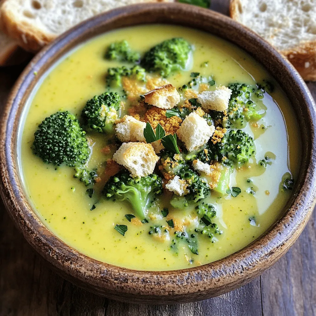 To make this creamy soup, you need simple and fresh ingredients. Here’s what you will need: - 4 cups fresh broccoli florets - 1 medium onion, diced - 2 cloves garlic, minced - 1 medium potato, peeled and diced - 4 cups vegetable broth - 1 cup unsweetened almond milk (or any plant-based milk) - 1 cup nutritional yeast - 2 tablespoons lemon juice - 1 tablespoon olive oil - 1 teaspoon smoked paprika - Salt and pepper to taste These ingredients combine to create a rich and satisfying flavor. The broccoli gives it a bright color and nutrition. The nutritional yeast adds a cheesy taste, making it feel like a classic cheddar soup. You can add a few extras to make this soup your own. Here are some optional ingredients: - Croutons for crunch - Fresh parsley for garnish - A dash of hot sauce for heat - A sprinkle of vegan cheese for extra creaminess Feel free to mix and match these to suit your taste. Adding croutons gives a nice crunch, while hot sauce can spice things up. This soup is not just tasty; it's also good for you. Here’s the breakdown per serving: - Calories: Approximately 230 - Protein: 8g - Carbohydrates: 36g - Fiber: 7g - Fat: 7g This soup provides a good amount of vitamins and minerals. It’s a hearty option for a light meal or a side dish. Enjoy this creamy vegan broccoli cheddar soup for a healthy, filling option any day. You can find the Full Recipe to guide you through the cooking process step by step. First, we need to build a strong base for our soup. In a large pot, heat 1 tablespoon of olive oil over medium heat. Add the diced onion and sauté it for 3-4 minutes. Wait until it turns soft and translucent. Then, toss in 2 minced garlic cloves and cook for one more minute. You want to smell that garlic! This step adds depth to the soup and brings out the flavors. Next, add the diced potato and 4 cups of fresh broccoli florets to the pot. Pour in 4 cups of vegetable broth. Bring the mixture to a boil. Once it’s bubbling, lower the heat and let it simmer. Cook for about 15-20 minutes. Check if the broccoli and potatoes are tender. This is key for a smooth soup. Now comes the fun part! Use an immersion blender to blend the soup until it’s smooth. If you don’t have an immersion blender, carefully pour the soup into a regular blender in batches. Make sure to let it cool a bit first. Once blended, return the soup to the pot if needed. Stir in 1 cup of unsweetened almond milk, 1 cup of nutritional yeast, 2 tablespoons of lemon juice, and 1 teaspoon of smoked paprika. Season with salt and pepper to taste. Let it simmer for another 5 minutes. If you find the soup too thick, add more vegetable broth or almond milk until it reaches your preferred consistency. For a warm, comforting meal, ladle the soup into bowls. You can add croutons and chopped parsley on top for color and crunch. Enjoy this creamy goodness! For the full recipe, check out the earlier section. To make the soup really shine, use fresh broccoli. Fresh veggies bring great taste. I love adding a squeeze of lemon juice. It brightens the flavor a lot. Smoked paprika gives a nice depth too. You can add more or less based on your taste. The key to a creamy soup is blending well. I use an immersion blender for ease. It makes the soup smooth without fuss. If you want a chunkier soup, blend only half. You can also add some diced potatoes for even more creaminess. Make sure to adjust the liquid based on your desired thickness. Serving this soup in a nice bowl makes it special. Garnish with croutons for crunch. Fresh parsley adds a pop of color and flavor. You can pair it with crusty bread or a fresh salad. It makes a satisfying meal. For more ideas, check the Full Recipe for great serving tips! {{image_2}} You can make this soup even tastier with a few add-ins. Try adding a cup of chopped carrots for sweetness. You can also stir in some cooked quinoa or lentils for added protein. If you love spice, a pinch of cayenne pepper will give it a nice kick. For a smoky touch, consider adding diced smoked tofu. Each of these options boosts flavor and adds unique textures. This vegan broccoli cheddar soup is already gluten-free if you use the right ingredients. Just make sure your vegetable broth and any plant-based cheese are gluten-free. You can also use cornstarch or arrowroot powder to thicken the soup if needed. This way, you can enjoy a creamy soup without any worries about gluten. The choice of plant-based cheese can change the soup's taste. Nutritional yeast gives a cheesy flavor, but you can also try cashew cheese or almond cheese. These options add creaminess and flavor. If you prefer a sharper taste, go for a vegan cheddar that shreds well. You can mix and match these cheeses to find your perfect blend. For the full recipe, check out the details to make this delicious dish! To keep your soup fresh, store it in an airtight container. Let the soup cool down before sealing it. Place the container in the fridge. It will stay good for up to four days. When ready to eat, pour the soup into a pot. Heat it over medium heat. Stir often to prevent sticking. You can also use the microwave. Place it in a microwave-safe bowl and heat in short bursts, stirring in between. You can freeze this soup if you want to save some for later. Use a freezer-safe container or bag. Leave some space at the top, as the soup will expand when frozen. When you're ready to eat, move it to the fridge to thaw overnight. Heat it on the stove or in the microwave, stirring well before serving. For the best taste, eat it within three months. For the full recipe, check the complete guide above. Yes, you can make this soup ahead of time. I often prepare it a day before serving. Store it in an airtight container in the fridge. When you are ready to eat, just heat it up on the stove. The flavors will blend even more, making it taste great. If you don't have nutritional yeast, you can use a few options. You might try ground cashews or sunflower seeds for a similar flavor. You can also use a cheese alternative that fits your diet. Just be aware that the taste may change a bit. To change the thickness, add more liquid. If it feels too thick, pour in extra vegetable broth or almond milk. Start with small amounts and stir well. Keep adding until you reach the texture you enjoy. This way, you can customize it to your liking. Vegan cheddar cheese is not a must. It adds a nice cheese flavor, but the soup is still tasty without it. Nutritional yeast gives a cheesy taste as well. If you want a richer flavor, feel free to add it, but it's not needed for a good soup. You can still enjoy the creamy goodness with just the base ingredients. Vegan broccoli cheddar soup is easy to make with a variety of ingredients. We covered key components, cooking steps, and tips for great taste and texture. Remember, you can customize the soup with add-ins and plant-based cheese options. Store leftovers properly to enjoy later. This soup is great for meal prep, and you can adjust the thickness to your liking. With these insights, you can make a delicious, healthy dish that fits your needs. Dive in and enjoy your cooking journey!