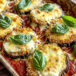 - 2 large eggplants, sliced into ½-inch rounds - 2 cups marinara sauce - 2 cups ricotta cheese - 2 cups shredded mozzarella cheese - 1 cup grated Parmesan cheese - 1 cup all-purpose flour - 3 large eggs, beaten - 1 cup breadcrumbs (preferably Italian seasoned) - 1 teaspoon dried oregano - 1 teaspoon garlic powder - 1 teaspoon salt - ½ teaspoon black pepper - Fresh basil leaves for garnish Eggplant is the star of this dish. Look for firm, smooth skin. It should feel heavy for its size. This means it is fresh and full of moisture. You don’t want spongy or wrinkled eggplants. These will not taste good in your casserole. - 1 tablespoon olive oil (for frying) - 1 teaspoon red pepper flakes (for heat) - ½ cup fresh mozzarella (for creaminess) - 1 tablespoon balsamic vinegar (for depth) Adding olive oil gives a nice flavor. Red pepper flakes can spice things up. Fresh mozzarella brings a creamy touch. Balsamic vinegar can add a rich layer. When choosing eggplants, check for these signs of quality: - Color: Look for a deep, rich purple color. - Skin: The skin should be shiny and smooth. - Weight: Heavier eggplants often have more moisture. - Stem: A fresh green stem indicates freshness. Avoid eggplants with brown spots or blemishes. These signs mean the eggplant is not fresh. Always select the best ingredients for a great Eggplant Parmesan Casserole. You can find the full recipe above for easy reference! Start by washing the eggplants. Slice them into ½-inch rounds. Sprinkle salt on each slice. Let them sit for about 30 minutes. This step pulls out moisture and bitterness. Rinse the eggplant slices under cold water. Pat them dry with paper towels to remove excess moisture. Now, they are ready for frying. Next, set up your breading station. Grab three bowls. Put all-purpose flour in the first bowl. In the second bowl, beat the eggs until smooth. In the third bowl, mix the breadcrumbs with garlic powder, oregano, salt, and black pepper. This mix adds a nice flavor. Dip each eggplant slice into the flour first. Then, coat it with the beaten eggs. Finally, roll it in the breadcrumb mix. Set each breaded slice aside on a plate. Now, it's time to layer the casserole. Preheat your oven to 375°F (190°C). In a 9x13-inch casserole dish, spread a layer of marinara sauce on the bottom. Place half of the fried eggplant slices over the sauce. Now, spread half of the ricotta cheese on top. Sprinkle a third of the mozzarella cheese and half of the Parmesan cheese over the ricotta. Repeat this with the rest of the eggplant, sauce, and cheeses. Top with the remaining mozzarella and Parmesan. Cover the dish with aluminum foil. Bake for 25 minutes. Remove the foil and bake for another 20 minutes until bubbly and golden. Let it cool for 10 minutes before slicing. The Full Recipe is a perfect guide for this delicious dish! To get that perfect crunch, you need to salt the eggplant first. Salt draws out moisture and bitterness. After 30 minutes, rinse and dry the slices well. This step is key to a crispy texture. Then, bread the eggplant slices carefully. Coat them in flour, then egg, and finally breadcrumbs. This process helps create layers that crisp up nicely when fried. When baking your casserole, start by preheating your oven to 375°F (190°C). Cover the dish with aluminum foil during the first half of baking. This keeps the moisture in and helps the cheese melt evenly. After 25 minutes, remove the foil. This allows the cheese to brown and bubble nicely for the last 20 minutes. Keep an eye on it to prevent over-browning. Serve your Eggplant Parmesan Casserole with a side salad or garlic bread. This adds freshness and crunch to the meal. For garnishing, sprinkle fresh basil leaves on top just before serving. You can also drizzle extra marinara sauce over the slices. This gives a vibrant look and adds flavor. Enjoy the rich layers of cheese and eggplant with every bite! {{image_2}} Eggplant Parmesan Casserole can easily fit vegetarian diets. Simply skip the meat and enjoy the rich flavors of eggplant. For vegan options, use plant-based ricotta and mozzarella. You can also replace eggs with a flaxseed mixture. Mix 1 tablespoon of ground flaxseed with 2.5 tablespoons of water. Let it sit until thickened. This works great for breading. If you are gluten-free, no worries! Substitute all-purpose flour with almond flour or a gluten-free blend. You can also use gluten-free breadcrumbs. Many brands offer tasty options that work well in this recipe. Check the label to ensure they are certified gluten-free. Cheese is key in this dish. While ricotta, mozzarella, and Parmesan are classic, you can mix it up. Try goat cheese for a tangy flavor or fontina for creaminess. If you love a bit of spice, add pepper jack cheese. This gives a fun twist to your casserole. Each cheese brings its own unique taste, so feel free to experiment! For the full recipe, check the details above. To keep your Eggplant Parmesan Casserole fresh, let it cool completely. Transfer it to an airtight container. If you have a lot, you can also wrap it tightly in plastic wrap. Store it in the fridge for up to three days. Make sure to label the container with the date. This helps you remember when you made it. When you’re ready to enjoy leftovers, preheat your oven to 350°F (175°C). Place the casserole in an oven-safe dish. Cover it with foil to keep moisture in. Heat for about 20 to 25 minutes, or until it’s hot throughout. You can also microwave individual portions. Cover them to avoid splatters and heat in short bursts. For long-term storage, you can freeze the casserole. Cut it into portions and wrap each piece tightly in plastic wrap. Then, place the pieces in a freezer-safe bag or container. This helps prevent freezer burn. You can freeze it for up to three months. When you’re ready to eat, thaw it in the fridge overnight before reheating. Enjoy a delicious meal anytime! Eggplant Parmesan Casserole lasts about 3 to 5 days in the fridge. Store it in an airtight container. This keeps it fresh and safe to eat. If you want it to last longer, consider freezing it. Yes, you can make Eggplant Parmesan Casserole ahead of time. You can prepare it a day in advance. Just assemble the layers, cover it, and keep it in the fridge. Bake it just before serving. This can save you time on busy days. Eggplant Parmesan Casserole pairs well with many side dishes. Here are some ideas: - Garlic bread - A fresh green salad - Roasted vegetables - Pasta with marinara sauce These sides add variety and flavor to your meal. Enjoy! For the full recipe, check out the earlier section. Eggplant Parmesan casserole is a tasty dish packed with flavor. We explored essential ingredients, preparation steps, and great tips for the best texture. Variations ensure everyone can enjoy this meal. Remember to store leftovers well to keep them fresh. With these insights, you can create a delicious casserole that delights your family and friends. Enjoy making this dish and share it with those you love!