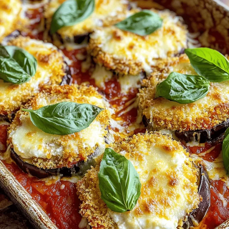 - 2 large eggplants, sliced into ½-inch rounds - 2 cups marinara sauce - 2 cups ricotta cheese - 2 cups shredded mozzarella cheese - 1 cup grated Parmesan cheese - 1 cup all-purpose flour - 3 large eggs, beaten - 1 cup breadcrumbs (preferably Italian seasoned) - 1 teaspoon dried oregano - 1 teaspoon garlic powder - 1 teaspoon salt - ½ teaspoon black pepper - Fresh basil leaves for garnish Eggplant is the star of this dish. Look for firm, smooth skin. It should feel heavy for its size. This means it is fresh and full of moisture. You don’t want spongy or wrinkled eggplants. These will not taste good in your casserole. - 1 tablespoon olive oil (for frying) - 1 teaspoon red pepper flakes (for heat) - ½ cup fresh mozzarella (for creaminess) - 1 tablespoon balsamic vinegar (for depth) Adding olive oil gives a nice flavor. Red pepper flakes can spice things up. Fresh mozzarella brings a creamy touch. Balsamic vinegar can add a rich layer. When choosing eggplants, check for these signs of quality: - Color: Look for a deep, rich purple color. - Skin: The skin should be shiny and smooth. - Weight: Heavier eggplants often have more moisture. - Stem: A fresh green stem indicates freshness. Avoid eggplants with brown spots or blemishes. These signs mean the eggplant is not fresh. Always select the best ingredients for a great Eggplant Parmesan Casserole. You can find the full recipe above for easy reference! Start by washing the eggplants. Slice them into ½-inch rounds. Sprinkle salt on each slice. Let them sit for about 30 minutes. This step pulls out moisture and bitterness. Rinse the eggplant slices under cold water. Pat them dry with paper towels to remove excess moisture. Now, they are ready for frying. Next, set up your breading station. Grab three bowls. Put all-purpose flour in the first bowl. In the second bowl, beat the eggs until smooth. In the third bowl, mix the breadcrumbs with garlic powder, oregano, salt, and black pepper. This mix adds a nice flavor. Dip each eggplant slice into the flour first. Then, coat it with the beaten eggs. Finally, roll it in the breadcrumb mix. Set each breaded slice aside on a plate. Now, it's time to layer the casserole. Preheat your oven to 375°F (190°C). In a 9x13-inch casserole dish, spread a layer of marinara sauce on the bottom. Place half of the fried eggplant slices over the sauce. Now, spread half of the ricotta cheese on top. Sprinkle a third of the mozzarella cheese and half of the Parmesan cheese over the ricotta. Repeat this with the rest of the eggplant, sauce, and cheeses. Top with the remaining mozzarella and Parmesan. Cover the dish with aluminum foil. Bake for 25 minutes. Remove the foil and bake for another 20 minutes until bubbly and golden. Let it cool for 10 minutes before slicing. The Full Recipe is a perfect guide for this delicious dish! To get that perfect crunch, you need to salt the eggplant first. Salt draws out moisture and bitterness. After 30 minutes, rinse and dry the slices well. This step is key to a crispy texture. Then, bread the eggplant slices carefully. Coat them in flour, then egg, and finally breadcrumbs. This process helps create layers that crisp up nicely when fried. When baking your casserole, start by preheating your oven to 375°F (190°C). Cover the dish with aluminum foil during the first half of baking. This keeps the moisture in and helps the cheese melt evenly. After 25 minutes, remove the foil. This allows the cheese to brown and bubble nicely for the last 20 minutes. Keep an eye on it to prevent over-browning. Serve your Eggplant Parmesan Casserole with a side salad or garlic bread. This adds freshness and crunch to the meal. For garnishing, sprinkle fresh basil leaves on top just before serving. You can also drizzle extra marinara sauce over the slices. This gives a vibrant look and adds flavor. Enjoy the rich layers of cheese and eggplant with every bite! {{image_2}} Eggplant Parmesan Casserole can easily fit vegetarian diets. Simply skip the meat and enjoy the rich flavors of eggplant. For vegan options, use plant-based ricotta and mozzarella. You can also replace eggs with a flaxseed mixture. Mix 1 tablespoon of ground flaxseed with 2.5 tablespoons of water. Let it sit until thickened. This works great for breading. If you are gluten-free, no worries! Substitute all-purpose flour with almond flour or a gluten-free blend. You can also use gluten-free breadcrumbs. Many brands offer tasty options that work well in this recipe. Check the label to ensure they are certified gluten-free. Cheese is key in this dish. While ricotta, mozzarella, and Parmesan are classic, you can mix it up. Try goat cheese for a tangy flavor or fontina for creaminess. If you love a bit of spice, add pepper jack cheese. This gives a fun twist to your casserole. Each cheese brings its own unique taste, so feel free to experiment! For the full recipe, check the details above. To keep your Eggplant Parmesan Casserole fresh, let it cool completely. Transfer it to an airtight container. If you have a lot, you can also wrap it tightly in plastic wrap. Store it in the fridge for up to three days. Make sure to label the container with the date. This helps you remember when you made it. When you’re ready to enjoy leftovers, preheat your oven to 350°F (175°C). Place the casserole in an oven-safe dish. Cover it with foil to keep moisture in. Heat for about 20 to 25 minutes, or until it’s hot throughout. You can also microwave individual portions. Cover them to avoid splatters and heat in short bursts. For long-term storage, you can freeze the casserole. Cut it into portions and wrap each piece tightly in plastic wrap. Then, place the pieces in a freezer-safe bag or container. This helps prevent freezer burn. You can freeze it for up to three months. When you’re ready to eat, thaw it in the fridge overnight before reheating. Enjoy a delicious meal anytime! Eggplant Parmesan Casserole lasts about 3 to 5 days in the fridge. Store it in an airtight container. This keeps it fresh and safe to eat. If you want it to last longer, consider freezing it. Yes, you can make Eggplant Parmesan Casserole ahead of time. You can prepare it a day in advance. Just assemble the layers, cover it, and keep it in the fridge. Bake it just before serving. This can save you time on busy days. Eggplant Parmesan Casserole pairs well with many side dishes. Here are some ideas: - Garlic bread - A fresh green salad - Roasted vegetables - Pasta with marinara sauce These sides add variety and flavor to your meal. Enjoy! For the full recipe, check out the earlier section. Eggplant Parmesan casserole is a tasty dish packed with flavor. We explored essential ingredients, preparation steps, and great tips for the best texture. Variations ensure everyone can enjoy this meal. Remember to store leftovers well to keep them fresh. With these insights, you can create a delicious casserole that delights your family and friends. Enjoy making this dish and share it with those you love!