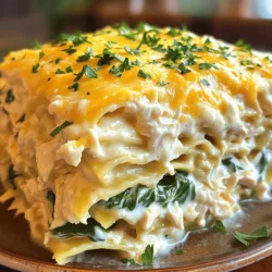 To make Chicken Alfredo Lasagna, you need these main ingredients: - 9 lasagna noodles - 2 cups cooked rotisserie chicken, shredded - 2 cups ricotta cheese These ingredients form the base of your lasagna. The noodles hold everything together, while the chicken adds protein. Ricotta gives it a creamy texture and rich flavor. Cheese is key to a tasty lasagna. Here’s what you need: - 2 cups mozzarella cheese, shredded - 1 cup Parmesan cheese, grated Mozzarella melts beautifully. It creates that gooey layer we all love. Parmesan adds a sharp, nutty taste. Together, they enhance the flavor and make it irresistible. For a burst of flavor, include these extras: - 3 cups Alfredo sauce (store-bought or homemade) - 1 cup fresh spinach, chopped - 1 teaspoon garlic powder - 1 teaspoon Italian seasoning - Salt and pepper to taste Alfredo sauce brings creaminess and depth. Fresh spinach offers a pop of color and nutrients. Garlic powder and Italian seasoning add warmth and aroma. Don’t forget the salt and pepper to elevate all these flavors. Using these ingredients ensures a delicious Chicken Alfredo Lasagna that everyone will love. For the full recipe, check out the section above! 1. Preheat your oven to 375°F (190°C). This helps cook the lasagna evenly. 2. Cook the lasagna noodles as the package says. Drain them and set aside. 3. In a large bowl, mix the shredded chicken, ricotta cheese, chopped spinach, garlic powder, Italian seasoning, salt, and pepper. Make sure everything blends well. 1. Spread 1 cup of Alfredo sauce on the bottom of a 9x13 inch baking dish. This step stops the noodles from sticking. 2. Place 3 lasagna noodles in a single layer over the sauce. 3. Spread half of the chicken and ricotta mixture over the noodles. Add 1 cup of shredded mozzarella and 1/3 cup of Parmesan cheese on top. 4. Pour 1 cup of Alfredo sauce over this layer. Make sure it gets everywhere. 5. Repeat the layers by adding another 3 noodles, the rest of the chicken mixture, 1 cup of mozzarella, and 1/3 cup of Parmesan. Then, top with another cup of Alfredo sauce. 6. For the last layer, add the last 3 noodles on top. Spread the remaining Alfredo sauce, then sprinkle the rest of the mozzarella and Parmesan cheese. 1. Cover the baking dish with aluminum foil and bake for 25 minutes. This helps the lasagna cook through. 2. After 25 minutes, take off the foil. Bake for an extra 15-20 minutes. Look for bubbly and golden cheese on top. 3. Let the lasagna cool for about 10 minutes before slicing. This helps it hold its shape. 4. Garnish with fresh parsley before serving. This adds a nice touch and flavor. For a full recipe, you can refer to the [Full Recipe]. To avoid soggy noodles, cook them just until al dente. Overcooked noodles soak up too much sauce. After cooking, drain and lay them flat on a clean towel. This helps them cool and keeps them from sticking together. Resting time is key for lasagna. After baking, let it sit for at least ten minutes. This allows the layers to set. It makes slicing easier and keeps everything together when you serve it. To boost flavor, use fresh herbs like basil or thyme. They add a nice touch to the creamy sauce. You can also try adding some red pepper flakes for heat. For a creamier texture, mix half-and-half into your Alfredo sauce. This gives it a rich taste and helps it spread easily. You can also stir in some extra Parmesan cheese for added depth. A 9x13 inch baking dish works best for this lasagna. It holds all the layers perfectly. For utensils, use a spatula for serving and a mixing bowl for your ingredients. Using non-stick spray or sauce is very important. It prevents the lasagna from sticking to the pan. This way, you can serve perfect slices without any mess. For the full recipe, check out the [Full Recipe]. {{image_2}} You can easily switch up the protein in Chicken Alfredo Lasagna. Instead of rotisserie chicken, try using turkey or beef. Both options give a unique taste. Turkey is leaner, while beef adds a richer flavor. Just cook the meat first, shred it, and mix it in like you would with chicken. If you want a vegetarian option, load your lasagna with extra vegetables. Spinach, mushrooms, and zucchini work well. Mixing in some artichokes or bell peppers can add great flavor. This way, you keep the creamy goodness without meat. The sauce is key to this dish. You can use homemade Alfredo sauce for a fresh taste. It’s easy to make with butter, cream, and cheese. Store-bought Alfredo sauce is quick and still tasty if you're short on time. Want to experiment? Try using pesto instead of Alfredo sauce. Pesto adds a herby twist and pairs well with chicken. You can also mix sauces. A layer of Alfredo and a layer of pesto can create a fun flavor mix. If you need gluten-free options, there are great alternatives for lasagna noodles. Look for rice or quinoa-based noodles. They cook well and taste great in lasagna. For those avoiding dairy, dairy-free cheese options are a good choice. Many brands now offer tasty vegan cheese that melts nicely. You can use these instead of ricotta, mozzarella, or Parmesan. This way, everyone can enjoy Chicken Alfredo Lasagna. For the full recipe, check out the [Full Recipe]. To keep Chicken Alfredo Lasagna fresh, store it in the fridge. Use an airtight container for best results. If you want to keep it longer, you can freeze it. Cut the lasagna into portions before freezing. Wrap each piece in plastic wrap, then foil. This helps avoid freezer burn. You can keep Chicken Alfredo Lasagna in the fridge for 3 to 5 days. After that, it may not taste good. Look for signs that it has gone bad. If you see mold or it smells sour, throw it away. When it comes to reheating, the oven is the best choice. It warms the lasagna evenly and keeps it moist. Cover the dish with foil to prevent drying out. If you use a microwave, heat it in short bursts. Stir it between intervals to help it heat evenly. What can I substitute for ricotta cheese? You can use cottage cheese or cream cheese. Both will give a creamy texture. If you want a lighter option, try Greek yogurt. It adds tang and protein without being too heavy. Can I make Chicken Alfredo Lasagna ahead of time? Yes, you can prepare it the night before. Just cover it tightly and store it in the fridge. Bake it when you're ready to serve. This makes it great for busy nights or gatherings. How do I prevent lasagna from being watery? To avoid a watery lasagna, use less sauce. Drain any excess liquid from the spinach. You can also let the lasagna rest after baking. This helps the layers set better. What side dishes pair well with Chicken Alfredo Lasagna? A fresh green salad works great. You can also serve garlic bread or steamed vegetables. These sides balance the richness of the lasagna. Can I prepare this recipe in a slow cooker? Yes, you can! Layer the ingredients in the slow cooker just like in the oven. Cook on low for about 4 hours. Make sure the noodles are fully cooked before serving. Is it better to use fresh or frozen spinach? Fresh spinach tastes better, but frozen is fine too. If you use frozen, thaw and drain it first. This keeps your lasagna from being too watery. How do I make homemade Alfredo sauce? To make Alfredo sauce, melt butter in a pan. Add minced garlic and cook until soft. Then stir in heavy cream and grated Parmesan. Cook until thick. Season with salt and pepper for flavor. This sauce is rich and creamy, perfect for your lasagna. For the full recipe, see the previous section. Chicken Alfredo lasagna is simple and delicious. You learned about key ingredients, layering, and baking. I shared tips to avoid soggy noodles and enhance flavor. You can also try different proteins, sauces, and dietary options. Lastly, storing your lasagna properly is crucial for keeping it fresh. Enjoy your cooking and have fun making this tasty dish your own!