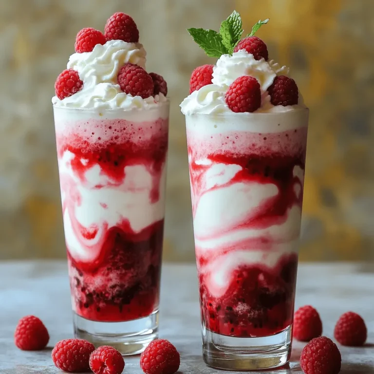 To create the perfect White Chocolate Raspberry Frappe, gather these simple ingredients: - 1 cup milk (whole or almond milk) - 1/2 cup heavy cream - 1/3 cup white chocolate chips - 1 cup fresh raspberries (plus extra for garnish) - 1-2 tablespoons raspberry syrup (adjust for sweetness) - 1 tablespoon vanilla extract - 2 cups ice - Whipped cream (for topping) - Mint leaves (for garnish) Each ingredient plays a key role. The milk and cream give the frappe its rich, creamy base. The white chocolate chips add sweetness and depth. Fresh raspberries bring bright flavor and a pop of color. The raspberry syrup boosts the sweetness and enhances the berry taste. Make sure your ice is fresh for that perfect chill. Whipped cream on top is a must. It makes every sip a sweet delight. Finally, the mint leaves add a fresh touch. This recipe is a treat for both your eyes and taste buds. If you want to see the full method to make this delight, check the Full Recipe. - Combine white chocolate chips and 1/4 cup of milk in a saucepan. - Stir continuously until smooth. This creates a rich base for your frappe. Melted white chocolate adds a creamy, sweet flavor. Make sure you stir it well. Avoid burning the chocolate by keeping the heat low. Once smooth, remove it from the heat and let it cool slightly. - Add the remaining milk, heavy cream, melted white chocolate, fresh raspberries, raspberry syrup, vanilla extract, and ice to a blender. - Blend until smooth and frosty. Blend on high speed for about 30 seconds. This mix should be thick and creamy. If your blender struggles, stop and stir the mixture. Make sure it's well combined for the best taste. - Taste the mixture and add more syrup if needed for sweetness. - Pour into glasses and garnish with whipped cream. Taste is key here. If you want it sweeter, add more raspberry syrup. After blending, pour the frappe into tall glasses. Top each glass with whipped cream. For a fun touch, add fresh raspberries and mint leaves as a garnish. Enjoy your White Chocolate Raspberry Frappe! This treat is perfect for warm days or any time you want a sweet drink. Check out the [Full Recipe] for more details. - Use chilled ingredients for a frosty texture. - Blend in batches if your blender is small. To get the best texture, chill all your ingredients. Cold milk and cream make a big difference. If your blender struggles, blend small amounts at a time. This helps keep everything smooth. - Consider serving in clear glasses for visual appeal. - Add additional garnishes like chocolate shavings. Clear glasses let you show off the lovely colors. The red from raspberries and the white from chocolate look great together. You can also sprinkle chocolate shavings on top. It adds a nice touch and extra flavor. - Substitute regular milk with plant-based options. - Experiment with different syrups or fruit flavors. If you want a dairy-free drink, try almond or oat milk. These options taste great and keep the drink creamy. You can also change the syrup. Use strawberry or blueberry syrup for a new twist. The Full Recipe gives you the base, and you can make it your own! {{image_2}} You can change up the frappe's flavor with ease. Try adding strawberries or blueberries for a fruity twist. These berries add a fresh taste and pretty color. You could also use dark chocolate instead of white chocolate. Dark chocolate gives a richer flavor. This swap can create a nice contrast with the raspberry. If you want a lighter drink, consider healthy swaps. Use low-fat cream or non-dairy substitutes like almond or oat milk. These options keep the frappe creamy without extra fat. You can also sweeten it with honey or agave syrup. These natural sweeteners can enhance the flavor without refined sugar. Add fun seasonal flavors to your frappe for a special treat. In fall, add pumpkin spice to the mix. This gives a cozy vibe to your drink. During the holidays, infuse your frappe with peppermint syrup. The minty flavor adds a festive touch that many will enjoy. You can find the full recipe for the White Chocolate Raspberry Frappe and see how easy these variations can be! To keep your White Chocolate Raspberry Frappe fresh, store it in an airtight container in the fridge. This will help maintain its creamy texture and sweet flavor. Make sure to consume it within 24 hours for the best freshness. After that, the taste may change, and it might not be as delightful. If you want to save some for later, you can freeze your frappe. Pour it into a freezer-safe container, leaving some space for expansion. When you're ready to enjoy it, thaw it in the fridge for a few hours or overnight. Keep in mind that the texture may change after freezing. It might become a bit grainy. If that happens, a quick blend can help restore some creaminess. For the full recipe, check out the detailed steps earlier in the article! Yes, you can make this frappe dairy-free! Here are some easy swaps: - Use almond milk or oat milk instead of whole milk. - Replace heavy cream with coconut cream or a non-dairy whipping cream. - Ensure your white chocolate chips are dairy-free. Look for brands made without milk. These options keep the taste creamy and delicious! You should drink your frappe fresh for the best taste. If you have leftovers, store them in the fridge in a sealed container. Try to enjoy it within 24 hours. The longer it sits, the more the ice will melt. This changes the texture and taste. If you freeze it, the texture may change when thawed, but you can still enjoy it! Pair your frappe with tasty snacks! Here are some ideas: - A slice of chocolate cake for a sweet treat. - Fresh fruit, like strawberries or blueberries, for a light touch. - Cookies, like shortbread or biscotti, for a nice crunch. These pairings make your drink even more enjoyable! This blog post covered how to make a delicious White Chocolate Raspberry Frappe. We shared the ingredients, step-by-step instructions, and tips for perfection. I also included fun variations and storage info to keep your frappe fresh. Experimenting with flavors can make your frappe unique. Don’t shy away from trying new ingredients or serving ideas. Enjoy your tasty treat, and share it with friends or family!