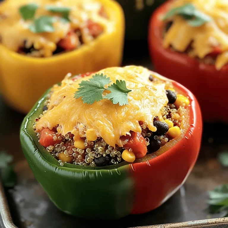 To make your stuffed peppers, gather these key ingredients: - 4 large bell peppers (red, yellow, or green) - 1 cup cooked quinoa - 1 can (15 oz) black beans, rinsed and drained - 1 cup corn (frozen or canned) - 1 cup diced tomatoes (fresh or canned) - 1 teaspoon cumin - 1 teaspoon chili powder - 1 teaspoon garlic powder - Salt and pepper to taste - 1 cup shredded cheese (cheddar or mozzarella) - Fresh cilantro, chopped (for garnish) These ingredients create a tasty filling that you will enjoy. You can change your stuffed peppers with these optional ingredients: - Ground beef or turkey for added protein - Chopped onions or bell pepper tops for extra flavor - Avocado or sour cream for creamy toppings - Jalapeños for a spicy kick - Other grains like rice or farro Feel free to mix and match based on what you have at home. When choosing bell peppers, you want fresh and firm ones. Here are some tips: - Look for bright colors. Red, yellow, and orange are ripe. - Check for smooth skin without wrinkles or spots. - Choose peppers that feel heavy for their size. - Avoid any with soft spots or blemishes. These tips will help you pick the best bell peppers for your dish. Enjoy crafting your easy stuffed peppers with these fresh ingredients! To start, preheat your oven to 375°F (190°C). Next, take your bell peppers and slice off the tops. Carefully remove the seeds and membranes inside. Set the cleaned peppers aside for now. In a large bowl, mix together the cooked quinoa, black beans, corn, diced tomatoes, cumin, chili powder, garlic powder, salt, and pepper. Stir this mixture well until all ingredients blend nicely. You want each bite to be packed with flavor! Now, generously stuff each bell pepper with your quinoa mixture. Press it in tightly to make sure they are full. Place the stuffed peppers upright in a baking dish. If they wobble, trim the bottom slightly to help them stand straight. Once your peppers are ready, sprinkle shredded cheese on top of each one. Cover the baking dish with aluminum foil to keep the moisture in. Bake in the oven for 30 minutes. After 30 minutes, take off the foil and bake for another 10 to 15 minutes. You want the cheese to become bubbly and slightly golden. When they are done, carefully remove the baking dish from the oven. Let the peppers cool for a few minutes before you serve them. To finish, garnish your stuffed peppers with fresh cilantro for a pop of color. These colorful peppers look great on any table! You can serve them with a side salad or some crusty bread. They also pair well with a nice dip or salsa. Enjoy your meal! For the complete recipe, check out the Full Recipe section. To make your stuffed peppers really shine, pick the best peppers. Look for peppers that are bright and firm. They should feel heavy for their size. When you cut off the tops, be careful not to cut too deep. You want enough space inside to hold your filling. Pack the filling tightly. This ensures the peppers hold their shape and flavor. Want to save time? Use pre-cooked quinoa or canned beans. This cuts your prep time in half. You can also chop your veggies ahead of time. Keep them in the fridge until you’re ready to cook. If you have leftover filling, you can use it in salads or wraps. You can cook stuffed peppers in different ways. The oven method works great, but you can also use a stovetop. Just simmer them in a pot with some water and cover it. This helps steam the peppers until they're tender. For a slow cooker, place the stuffed peppers upright in the pot. Add a bit of water at the bottom and cook on low for several hours. Each method gives you a tasty meal, so pick the one that fits your day. For the Full Recipe, check the earlier section. Enjoy your cooking! {{image_2}} You can create tasty vegetarian stuffed peppers that are filling and fun. Start with the basic recipe. Use quinoa, black beans, and corn as your base. You can add more veggies like diced zucchini, mushrooms, or spinach. For extra flavor, mix in some chopped olives or artichokes. This makes a colorful and healthy meal. If you love meat, try adding ground beef or turkey. Cook the meat in a pan before mixing it with your filling. You can also use sausage for a spicy kick. Combine the meat with the same beans, corn, and rice. This is a hearty dish that satisfies. To spice things up, add jalapeños or hot sauce to your filling. You can also use spicy sausage or add crushed red pepper flakes. If you like heat, try using poblano peppers instead of bell peppers. They have a nice kick. Serve with a dollop of sour cream to cool it down. Each bite will be full of flavor! Feel free to explore these variations for your stuffed peppers. Check out the Full Recipe for more ideas. After you make your stuffed peppers, let them cool. Place them in an airtight container. They can last in the fridge for about 3-4 days. If you want to keep them longer, consider freezing. Just remember to label the container with the date. To freeze stuffed peppers, let them cool completely. Wrap each pepper in plastic wrap or foil. Place them in a freezer-safe bag or container. They can stay fresh in the freezer for about 3 months. When you're ready to eat, thaw them in the fridge overnight. To reheat your stuffed peppers, you can use the oven or microwave. For the oven, preheat to 350°F (175°C). Place peppers in a baking dish and cover with foil. Heat for about 20-25 minutes. If using a microwave, heat on high for 2-3 minutes. Make sure they are hot all the way through. Enjoy your delicious meal again! Stuffed peppers can stay fresh in the fridge for about 3 to 4 days. Store them in an airtight container. If you want them to last longer, freezing is a great option. Frozen stuffed peppers can last up to 3 months without losing taste. Yes, you can prepare stuffed peppers in advance. Just assemble the peppers but don’t bake them yet. Cover them with plastic wrap or foil. Store them in the fridge for up to 24 hours. When ready, bake them as directed in the full recipe. You can serve stuffed peppers with a side salad for freshness. Rice or quinoa also pairs well. For a fun touch, try adding some crusty bread or garlic bread. If you want a dip, salsa or guacamole adds great flavor too. Easy stuffed peppers are a fun and colorful dish. They fill your kitchen with great smells. You can make them in less than an hour. They are perfect for lunch or dinner. The mix of quinoa, beans, and veggies makes them healthy and tasty. You can use different bell peppers to change the look. Red, yellow, and green peppers all work well. Each pepper holds a treasure of flavors. The best part is the creamy cheese on top. It melts and makes everything taste better. With just a few steps, you will have a meal that looks great and tastes even better. This recipe is easy enough for kids to help with. Easy stuffed peppers are packed with good stuff. Each serving has protein from quinoa and beans. They have fiber, which is great for your tummy. Here is a quick look at what you get: - Calories: About 350 - Protein: 15g - Carbohydrates: 50g - Fat: 10g - Fiber: 10g These numbers can change based on what you add to the mix. If you want to make them lower in calories, use less cheese or add more veggies. If you love easy stuffed peppers, you might like these dishes too: - Zucchini Boats: Hollow out zucchini and fill them with meat or veggies. - Stuffed Tomatoes: Use tomatoes instead of peppers for a twist. - Casserole Dishes: Mix all your ingredients in a dish and bake. Each of these recipes has the same fun flavors and is easy to make. Stuffed peppers can be a fun and tasty meal. We covered the key ingredients and steps for making them. You learned about tips for perfect results and variations for different tastes. Don’t forget to explore storage tips to keep them fresh. Finally, these peppers are easy to adapt for any meal. Enjoy creating your own delicious stuffed peppers. Happy cooking!