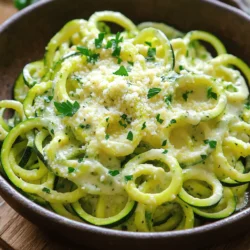 - 4 medium zucchinis: Spiralize these into noodles. They are the base of the dish. - 1 cup cauliflower florets: Steam these until tender. This adds creaminess. - 1 cup unsweetened almond milk: This keeps the sauce light and adds flavor. - 2 tablespoons nutritional yeast: This gives a cheesy taste without dairy. - 2 cloves garlic: Mince them for a strong, aromatic flavor. - 1 tablespoon olive oil: Use this to sauté the garlic for a rich taste. - Salt and pepper: These enhance all the flavors. Add to taste. - 1 tablespoon fresh lemon juice: This brightens the dish and adds zing. - Fresh parsley: Chop this for garnish; it adds color and freshness. - Grated Parmesan cheese: Use this or a vegan alternative for extra flavor. For the complete recipe, check out the Full Recipe. First, spiralizing zucchinis is easy. You can use a spiralizer or a peeler. Make sure to create long, thin noodles. Set them aside in a bowl. Next, steam the cauliflower florets. This makes them soft and ready for blending. You can steam them on the stove or in the microwave. Aim for about 5 minutes until tender. Now, let's sauté the garlic. Heat the olive oil in a small pot over medium heat. Add the minced garlic and cook for 1-2 minutes. Watch closely so it doesn’t burn; you want it fragrant and golden. Time to blend the creamy sauce. In a blender, combine the steamed cauliflower, almond milk, nutritional yeast, sautéed garlic, lemon juice, salt, and pepper. Blend until smooth and creamy. You might want to taste it and adjust the seasoning. Sauté the zucchini noodles in a large skillet. Cook them over medium heat for about 2-3 minutes. They should be slightly soft but still have a bite. Now, pour the creamy sauce over the zucchini noodles. Toss them gently to coat evenly. Cook for another 1-2 minutes until everything is hot. Serve the Zucchini Noodle Alfredo right away. Garnish with fresh parsley and grated Parmesan cheese or a vegan alternative. Enjoy this creamy healthy delight! For the full recipe, refer to the above instructions. To get the best texture from zucchini noodles, start by sautéing them right. First, make sure you spiralize the zucchinis well. This gives you long, thin noodles. When cooking, heat a large skillet over medium heat. Add the noodles and sauté for 2-3 minutes. You want them slightly soft but not mushy. This quick cook keeps them fresh and bright. For a creamy sauce, blending is key. Use steamed cauliflower florets for smoothness. Combine them with almond milk, nutritional yeast, and sautéed garlic in a blender. Blend until the mixture is silky. If it’s too thick, add a little more almond milk. Adjust the seasoning to your taste, too. Adding seasonings can make a big difference. Besides salt and pepper, try adding a pinch of nutmeg for warmth. You can also sprinkle in some Italian herbs like basil or oregano. These flavors bring out the best in your dish. For toppings, fresh parsley is a must. It adds a pop of color and freshness. You might also want to use grated Parmesan cheese or a vegan alternative. This adds richness and makes the dish even more satisfying. For a crunch, consider toasted pine nuts or walnuts on top. They add a nice bite to your creamy meal. For the full recipe, check out the detailed steps to create your Zucchini Noodle Alfredo. {{image_2}} You can easily swap some ingredients in this recipe. If you lack almond milk, use oat milk or soy milk. These will still keep your dish creamy. For nutritional yeast, try using cashew cheese or a vegan Parmesan. They give a nice cheesy flavor too. Also, if you want to mix it up, consider using butternut squash or spaghetti squash. Both add a different taste and texture to your dish. This recipe fits many diets. For vegans, stick to almond milk and skip the Parmesan. This dish stays creamy and tasty without dairy. If you need gluten-free options, check that your almond milk is certified gluten-free. This dish is naturally gluten-free if you use no flour. Lastly, if you follow a low-carb diet, you are in luck! Zucchini noodles are great for this. They contain fewer carbs than pasta. Enjoy your creamy Zucchini Noodle Alfredo guilt-free! For the full recipe, check out the Full Recipe section. To keep your Zucchini Noodle Alfredo fresh, store it in an airtight container. Make sure it cools down before sealing. Place it in the fridge as soon as possible. This dish can last up to three days in the fridge. If you notice any off smells or changes in texture, it’s best to toss it. When you are ready to enjoy your leftovers, use the stovetop for reheating. Heat a skillet over medium heat with a splash of almond milk. Add your Zucchini Noodle Alfredo and stir gently. This method helps keep the noodles from getting too soft. To refresh the flavors, add a squeeze of lemon juice or a sprinkle of fresh parsley. This little touch can revive your dish, making it taste fresh again. You can also microwave it, but be careful not to overheat. Heat it in short bursts, stirring in between, to maintain that creamy texture. How do you make zucchini noodles without a spiralizer? You can make zucchini noodles using a vegetable peeler. Just peel the zucchini into thin strips. You can also use a box grater. Grate the zucchini lengthwise to create long, thin noodles. Both methods work well for this dish. Can I use regular pasta instead of zucchini noodles? Yes, you can use regular pasta if you prefer. Cook the pasta according to package instructions. Just note that it won't be as low in carbs as zucchini noodles. The sauce will still taste great with any pasta you choose. Health benefits of zucchini and cauliflower Zucchini is low in calories and high in water. It supports hydration and digestion. Cauliflower is rich in fiber and vitamins. It may help to lower cholesterol and improve heart health. Both veggies boost your meal's nutrition. Caloric and nutritional breakdown per serving Each serving of Zucchini Noodle Alfredo has about 150 calories. It contains 5 grams of protein and 8 grams of fat. The dish is also low in carbs, making it a great choice for many diets. What to serve alongside Zucchini Noodle Alfredo? You can serve a simple green salad with this dish. A side of garlic bread adds a nice touch. Roasted vegetables also pair well, bringing more flavor and texture to your meal. Ways to make it a complete meal Add grilled chicken or shrimp for protein. You can also toss in sautéed spinach or kale for extra greens. This way, you create a balanced and filling meal for everyone to enjoy. For the full recipe, check out the earlier section. In this article, we explored how to prepare a delicious Zucchini Noodle Alfredo. We covered key ingredients like zucchini and cauliflower, step-by-step cooking instructions, and tips for perfecting texture and flavor. Remember, you can easily customize this dish with various ingredients and dietary options. Enjoy making this healthy meal that tastes great and fits your needs. With these insights, you can impress anyone at your table. Get cooking and savor the rich flavors!