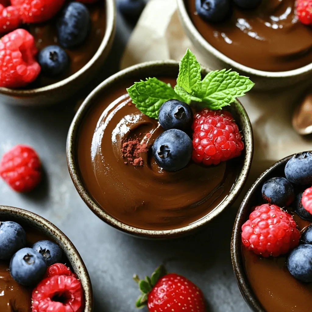 - 2 ripe avocados, pitted and peeled - 1/2 cup unsweetened cocoa powder - 1/2 cup maple syrup (adjust to taste) - 1/4 cup almond milk (or any plant-based milk) - 1 teaspoon vanilla extract - A pinch of sea salt - Optional garnishes: Fresh berries and mint Gathering the right ingredients is key to making this vegan avocado chocolate pudding. Use ripe avocados for the best creamy texture. Look for avocados that yield slightly when you press them. The cocoa powder brings rich chocolate flavor, while maple syrup adds sweetness. You can adjust the syrup to suit your taste. Almond milk keeps it plant-based, but feel free to swap it with any milk you prefer. Vanilla extract adds a warm note, and sea salt enhances all the flavors. Don’t forget the optional garnishes! Fresh berries and mint make your dish look and taste even better. You can find the complete recipe above for all the details! - Step 1: Combine ingredients in the blender. Start by adding the ripe avocados, cocoa powder, maple syrup, almond milk, vanilla extract, and sea salt. This blend creates a rich taste that you will love. - Step 2: Blend until smooth and creamy. Turn on your blender and mix the ingredients. Stop to scrape down the sides if needed. You want a silky texture. - Step 3: Adjust sweetness and blend again. Taste your pudding. If it's not sweet enough, add more maple syrup. Blend again to mix it well. This step makes it just right for you. - Step 4: Transfer to serving bowls. Once smooth, scoop the pudding into individual bowls. This makes it easy for serving. - Step 5: Cover and refrigerate. Cover the bowls with plastic wrap. This keeps the pudding fresh and helps it chill. Place them in the fridge for at least 30 minutes. The full recipe shows how simple it is to create this vegan delight. Enjoy the creamy texture and rich flavor! - Use ripe avocados for the best flavor. - Adjust the sweetness to your liking. - Ensure a smooth texture by blending thoroughly. Using ripe avocados is key. They offer a rich taste and creamy texture. Look for avocados that give slightly when you press them. If they feel hard, wait a few days. A perfectly ripe avocado will make your pudding shine. Sweetness is personal. Start with 1/2 cup of maple syrup. After blending, taste your pudding. If you want more sweetness, add a bit more syrup. Blend again until it's just right. For the best texture, blend your ingredients well. I recommend stopping once to scrape down the sides. This helps mix everything evenly. You want a pudding that is silky, not chunky. - Presentation ideas with garnishes. - Pairing with fruits or whipped coconut cream. When serving, think about presentation. Top your pudding with fresh berries. A sprig of mint adds a nice touch. This makes your dish look fancy and inviting. You can also pair it with whipped coconut cream. The lightness of the cream balances the rich pudding. Fresh fruits like strawberries or bananas work well, too. They add flavor and color. Enjoy this delightful treat chilled for the best experience. {{image_2}} You can make this pudding even more fun with a few tweaks. Here are my favorite flavor variations: - Add a pinch of cayenne for a spicy kick: This small change can make your pudding exciting. The heat from the cayenne balances the sweetness of the chocolate. Just a pinch goes a long way! - Try different plant-based milks for varied taste: Almond milk is great, but you can use oat, soy, or coconut milk too. Each milk brings its unique taste and creaminess. Experiment to find your favorite! - Incorporate nut butter for added richness: Adding a scoop of almond or peanut butter makes the pudding even creamier. It also adds a nutty flavor that pairs well with chocolate. Plus, it gives a protein boost! I know some people have dietary needs. Here are some easy modifications to make this pudding fit for everyone: - Nut-free options using different milk: If you need a nut-free option, use oat or soy milk instead of almond milk. Both are creamy and work well in this recipe. - Sugar-free substitutions for maple syrup: If you want to cut sugar, you can swap maple syrup for a sugar-free sweetener. Stevia or monk fruit sweetener can work well, keeping the pudding sweet without the sugar. These variations and modifications allow you to enjoy Vegan Avocado Chocolate Pudding in many ways! Check the full recipe for all the details. To keep your Vegan Avocado Chocolate Pudding fresh, store it in the fridge. Use an airtight container for the best results. This will keep the pudding cool and safe to eat for up to three days. If you notice any browning, don't worry. The taste will still be great. To prevent oxidation, cover the surface directly with plastic wrap. This keeps air away from the pudding. You can also press the wrap down onto the pudding. This method helps maintain its rich color and creamy texture. You can freeze your Vegan Avocado Chocolate Pudding for later enjoyment. To do this, transfer the pudding into freezer-safe containers. Leave some space at the top to allow for expansion. This pudding can last up to three months in the freezer. When you are ready to eat it, thaw the pudding in the fridge overnight. After thawing, give it a good stir to restore its creamy texture. If it seems too thick, mix in a little almond milk to make it smooth again. Enjoy your delicious treat anytime! Is Vegan Avocado Chocolate Pudding healthy? Yes, it is very healthy! This pudding has good fats from avocados. It is also rich in fiber and nutrients. The cocoa powder adds antioxidants too. This dessert is a smart choice for a sweet treat. How long does it last in the fridge? This pudding lasts about three days in the fridge. Make sure to keep it in a sealed container. Covering it helps keep it fresh and tasty. Can I make this pudding ahead of time? Yes, you can make this pudding ahead of time. It actually tastes better after chilling. Just store it in the fridge for a few hours or overnight before serving. What can I use instead of almond milk? You can use any plant-based milk you like. Soy milk, oat milk, or coconut milk work well. Choose one that fits your taste or diet. How do I know when the avocados are ripe? Ripe avocados feel slightly soft when you squeeze them gently. The skin should also be dark green or almost black. Avoid avocados that feel very mushy or have dark spots. Can I add protein powder to this recipe? Yes, you can! Adding protein powder is a great way to boost nutrition. Just mix in a scoop while blending. Make sure to adjust sweetness if needed. What is the best way to serve leftovers? The best way to serve leftovers is cold. Spoon the pudding into bowls and add fresh fruit or nuts on top. This adds a nice crunch and flavor. This blog post showed how to make a tasty vegan avocado chocolate pudding. We covered the simple ingredients, step-by-step instructions, and helpful tips. I shared ideas for variations and storage options, too. This pudding is not only easy to make but also healthy and delicious. You can adjust flavors to fit your taste. Enjoy experimenting with this fun recipe! It's a guilt-free dessert you can love and share.