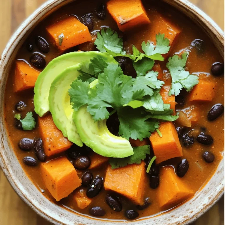 To make the sweet potato and black bean chili, you will need: - 2 medium sweet potatoes, peeled and diced - 1 can (15 oz) black beans, drained and rinsed - 1 can (14 oz) diced tomatoes - 1 onion, diced - 3 cloves garlic, minced - 1 red bell pepper, diced - 2 cups vegetable broth - 2 tablespoons olive oil - 2 teaspoons ground cumin - 1 teaspoon smoked paprika - 1 teaspoon chili powder - Salt and pepper to taste - Fresh cilantro, chopped (for garnish) - Avocado slices (for serving, optional) This chili is not just tasty; it's also healthy. Each serving provides a good balance of nutrients. Sweet potatoes offer fiber and vitamins. Black beans add protein and iron. This dish is rich in antioxidants too. - Calories: About 300 per serving - Carbohydrates: 45g - Protein: 12g - Fat: 8g - Fiber: 10g You can easily swap some ingredients based on your preference or what you have. - Sweet Potatoes: Try butternut squash for a different taste. - Black Beans: Use kidney beans or pinto beans if needed. - Vegetable Broth: Chicken broth works well if you want a meaty flavor. - Olive Oil: Canola oil or coconut oil can replace olive oil. - Spices: Adjust spices to your taste. Add more chili powder for heat. Feel free to explore these substitutions. They can change the flavor and keep the dish exciting. For the full recipe, check out the recipe section above. To start, gather all your ingredients. This makes cooking easier. You will need: - 2 medium sweet potatoes, peeled and diced - 1 can (15 oz) black beans, drained and rinsed - 1 can (14 oz) diced tomatoes - 1 onion, diced - 3 cloves garlic, minced - 1 red bell pepper, diced - 2 cups vegetable broth - 2 tablespoons olive oil - 2 teaspoons ground cumin - 1 teaspoon smoked paprika - 1 teaspoon chili powder - Salt and pepper to taste - Fresh cilantro, chopped (for garnish) - Avocado slices (for serving, optional) This is the fun part. Chop the sweet potatoes, onion, bell pepper, and garlic. Make sure they are all in small pieces. This helps them cook faster. Now, heat your olive oil in a large pot over medium heat. Once hot, add the diced onion and bell pepper. Sauté them for about 5 minutes. You want them soft. Next, stir in the minced garlic. Cook for one more minute. The smell will be amazing! Add the diced sweet potatoes to the pot. Cook for another 5 minutes, stirring now and then. Sprinkle in the cumin, smoked paprika, chili powder, salt, and pepper. Mix it all up well. Now it’s time to add the vegetable broth and canned tomatoes. Pour everything in, including the juices from the tomatoes. Bring this to a boil. Once it boils, lower the heat and let it simmer. Cook for about 20 minutes. The sweet potatoes should be fork-tender. After the sweet potatoes are done, stir in the black beans. Let it simmer for 5 more minutes until everything is hot. Taste and adjust the seasoning if needed. When ready, serve hot with fresh cilantro and avocado slices on top if you like. Prep time is just 15 minutes, and the total cooking time is 40 minutes. If you want to save time, chop your veggies ahead of time. You can even make this chili a day before. The flavors get better as it sits. It’s a great meal to share with friends or family. For the best taste, enjoy it right after cooking. To boost the taste of your sweet potato and black bean chili, consider these tips: - Use fresh herbs like cilantro for a bright finish. - Squeeze in some lime juice before serving for zing. - Add a dash of hot sauce for extra heat. - Experiment with smoked salt for a deeper flavor. These simple changes can take your chili to the next level. Enjoy the new taste! After cooking, let your chili cool. Store it in an airtight container in the fridge. It keeps for about 4 days. For longer storage, freeze it for up to three months. When reheating, use a pot on medium heat. Stir often to avoid sticking. You can also microwave it in short bursts. Just stir between each burst for even heating. Avoid these common errors to ensure your chili shines: - Don’t skip the seasoning. It makes all the difference. - Don’t overcook the sweet potatoes. They should be tender but not mushy. - Avoid adding too much liquid at once. Start with the broth and adjust. Following these tips will help you make a delicious chili every time. For the full recipe, check the earlier section. {{image_2}} You can easily boost the protein in your Sweet Potato and Black Bean Chili. One option is to add cooked ground turkey or beef for a heartier dish. If you prefer a plant-based option, try adding cooked lentils or quinoa. These ingredients blend well and keep the chili filling. Just remember to adjust your cooking time slightly if you add meat, ensuring it cooks through. If you like heat, spice up your chili! Adding diced jalapeños or a dash of cayenne pepper gives it a kick. For milder flavors, skip the heat or use sweet peppers instead. Taste as you go to find the perfect heat level for you. This way, everyone can enjoy their bowl just how they like it. This recipe is already vegetarian and can be made vegan. Use vegetable broth and ensure your canned goods are vegan-friendly. If you want a creamier texture, add coconut milk or cashew cream. These ingredients enhance the flavor and add richness. You can enjoy a delicious, guilt-free meal that pleases everyone at the table. For the complete cooking process, check out the Full Recipe. Sweet Potato and Black Bean Chili pairs well with several side dishes. Here are my top picks: - Cornbread: This sweet bread complements the chili's spice. - Rice: White or brown rice adds a nice base for the chili. - Tortilla Chips: Crunchy chips provide a fun texture contrast. - Green Salad: A fresh salad balances the warm flavors of the chili. Adding garnishes can elevate your chili experience. Here are some tasty options: - Fresh Cilantro: It adds a bright flavor that wakes up the dish. - Sour Cream: A dollop of sour cream cools the heat. - Avocado Slices: Creamy avocado enhances the chili's rich texture. - Cheese: Grated cheese adds a savory touch and melts beautifully. Choosing the right drink can enhance the meal. Here are some beverages to consider: - Iced Tea: A refreshing choice that complements the spice. - Lemonade: The sweetness balances the chili's heat. - Beer: A light lager or pale ale works well with the flavors. - Red Wine: A fruity red can enhance the savory notes of the dish. These suggestions will make your Sweet Potato and Black Bean Chili even more enjoyable. For the full recipe, check out the detailed steps. To add heat, use more chili powder. You can also add sliced jalapeños. A dash of hot sauce works well, too. If you want to kick it up a notch, try adding cayenne pepper. Start with a small amount and taste. Adjust until it meets your spice level. Yes, you can freeze this chili. Allow it to cool completely first. Then, transfer it to an airtight container. It keeps well for about three months in the freezer. When ready to eat, thaw it in the fridge overnight. Reheat it on the stove or in the microwave. This chili pairs great with cornbread or tortilla chips. You can also serve it with a side salad. For a creamy touch, add avocado slices on top. If you like, try a dollop of sour cream or yogurt. These toppings balance out the spices and add flavor. For more ideas, check the Full Recipe for suggestions on sides and garnishes. This article covers everything you need for a great Sweet Potato and Black Bean Chili. We reviewed the ingredients, shared step-by-step instructions, and provided tips to enhance flavor. We also explored variations to fit your taste and discussed serving ideas and common questions. Use this guide to make your chili a hit in any season. Enjoy experimenting and creating a dish that delights everyone at your table. Make it your own and savor each bite!