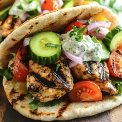 - 1 lb (450g) boneless chicken thighs - 3 tablespoons olive oil - 2 teaspoons dried oregano - 1 teaspoon garlic powder - 1 teaspoon smoked paprika - Salt and black pepper to taste - 4 whole wheat pitas or flatbreads - 1 cup tzatziki sauce (store-bought or homemade) - 1 cup diced tomatoes - 1 cup sliced cucumbers - 1/2 small red onion, thinly sliced - Fresh parsley for garnish The main ingredients for easy chicken gyros are simple yet full of flavor. I love using boneless chicken thighs because they stay juicy and tender. The marinade, made with olive oil, oregano, garlic powder, and smoked paprika, adds a kick. You can adjust the salt and pepper to your taste. For the perfect gyro, grab some whole wheat pitas. They hold all the goodness inside. Fresh vegetables bring crunch and brightness. Diced tomatoes, sliced cucumbers, and red onion give color and taste. Finally, a generous scoop of tzatziki sauce pulls it all together. This sauce cools the spices and adds creaminess. You can buy tzatziki or make your own. Either way, it’s a must for gyros. - Grill pan or skillet - Mixing bowl, knife, and cutting board To make these gyros, you will need a few simple tools. A grill pan or skillet cooks the chicken perfectly. If you don’t have a grill pan, a regular skillet works too. A mixing bowl helps you combine the marinade. You will also need a knife and cutting board for slicing the chicken and fresh veggies. These tools make the cooking process smooth and easy. For the full recipe, you can refer to the sections that follow. Enjoy the process of making these delightful chicken gyros! In a large bowl, combine olive oil, dried oregano, garlic powder, smoked paprika, salt, and black pepper. Stir well to mix all the spices. This mixture will give your chicken a rich flavor. Take the boneless chicken thighs and coat them in the marinade. Make sure every piece is covered. Let the chicken rest for at least 30 minutes. If you have more time, refrigerate it for up to 2 hours. This will enhance the flavor even more. Preheat a grill pan or skillet over medium-high heat. Once hot, add the marinated chicken thighs. Grill for 6-7 minutes on each side. Check the internal temperature; it should reach 165°F (75°C). You want nice grill marks and fully cooked chicken. After cooking, remove the chicken from the heat and let it rest for a few minutes. Slice the chicken into thin strips. Warm the whole wheat pitas on the grill for about 1-2 minutes. Then, layer the grilled chicken, tzatziki sauce, diced tomatoes, sliced cucumbers, and red onion in each pita. Garnish with fresh parsley. Wrap the pita around the fillings like a sandwich. Enjoy your easy chicken gyros! For the complete recipe, check out the Full Recipe. To make your chicken gyros shine, focus on the marinade. The basic mix gives great flavor, but you can add more spices to elevate your dish. Try adding: - Cumin for a warm, earthy taste. - Cinnamon for a hint of sweetness. - Lemon zest for freshness. These additions will make your chicken more exciting and tasty. Let the chicken marinate longer for deeper flavor, ideally two hours or more. You can cook chicken gyros in different ways. Each method brings a unique taste. Besides grilling, you can try: - Oven: Preheat to 400°F (200°C). Place chicken on a baking sheet for about 20 minutes. - Air fryer: Set it to 375°F (190°C) and cook for 15-20 minutes, flipping halfway. Both options will give you juicy chicken with a nice crust. Pair your gyros with tasty sides and drinks. Here are some ideas: - Sides: Greek salad, roasted potatoes, or a fresh tabbouleh. - Drinks: Try a light beer, lemonade, or sparkling water with mint. These pairings will balance your meal, making it more enjoyable. For the full recipe, check out the earlier sections! {{image_2}} You can change up this recipe by using different proteins. Lamb is a classic choice for gyros. It has a rich flavor that pairs well with the spices. Beef is another option. It gives a hearty taste. For a plant-based option, use tofu. Press it first to remove extra water. Then marinate it just like the chicken. This helps the tofu soak up flavors. Each protein brings its own twist to the dish. While tzatziki is a must for many, you can swap it for other sauces. Try hummus for a creamy touch. It adds a nice texture and flavor. You could also use garlic sauce or tahini. These options can give your gyros a unique spin. Experiment with different spreads to find what you like best. If you need gluten-free options, use lettuce wraps instead of pitas. This keeps all the flavors intact while being gluten-free. For low-carb diets, you can skip the pita and load up on veggies. Use extra cucumbers and tomatoes for crunch. These adjustments make the dish fit your needs without losing taste. For the full recipe, check out the detailed instructions above. To store your chicken gyros, first, let them cool. Then, place the gyros in a sealed container. You can keep them in the fridge for up to three days. If you store the chicken and veggies separately, they will last longer. Keep the tzatziki sauce in a different container. This will help maintain the freshness of each ingredient. When it's time to enjoy your leftovers, reheat carefully. The best way is to use a skillet. Heat it on medium for a few minutes. Add the chicken strips and warm them for about three minutes. This method keeps the chicken juicy and tasty. You can also wrap the gyros in foil and warm them in the oven at 350°F (175°C) for about 10 minutes. This way, they won't dry out. To freeze your gyros, start by cooling them completely. Wrap each gyro tightly in plastic wrap. Then, place them in a freezer bag. You can freeze them for up to three months. When you're ready to eat, thaw them in the fridge overnight. Reheat as described above for the best results. This way, you always have a quick meal ready! For the full recipe, check out the complete guide on making these Easy Chicken Gyros. To make tzatziki, you need simple ingredients. Here’s how: - Ingredients: - 1 cup plain Greek yogurt - 1 medium cucumber, grated and drained - 2 cloves garlic, minced - 1 tablespoon olive oil - 1 tablespoon fresh lemon juice - Salt and pepper to taste - Fresh dill or mint (optional) 1. Start by grating the cucumber. Squeeze it to drain excess water. 2. In a bowl, mix the yogurt, cucumber, garlic, olive oil, and lemon juice. 3. Add salt and pepper to taste. Stir well. 4. If you like herbs, add fresh dill or mint for extra flavor. 5. Chill for at least 30 minutes before serving. Yes, you can prepare the chicken in advance. Here’s how: - Marinate the chicken thighs for 30 minutes or more. - For best results, marinate for up to 2 hours in the fridge. - Once marinated, store the chicken in an airtight container. - Cook the chicken within 24 hours for the best flavor. The best pita for gyros is soft and fluffy. Here are some options: - Whole wheat pita is a healthy choice. - Traditional Greek pita adds authentic flavor. - Look for pita bread that is fresh and pliable. - You can find these at most grocery stores or bakeries. The right spices make your chicken gyros special. Here are my top picks: - Dried oregano gives a great Mediterranean taste. - Garlic powder adds depth and aroma. - Smoked paprika brings a nice smoky flavor. - You can also try cumin or coriander for a unique twist. A chicken gyro is a tasty meal option. Here are some estimates: - One chicken gyro has about 400-500 calories. - This includes the chicken, pita, and toppings. - Adding more veggies can lower the calorie count. - Always check the specific ingredients you use for exact numbers. For a full recipe, check the [Full Recipe]. This blog post covers how to make delicious chicken gyros. We explored main ingredients, tools, and cooking steps. I shared tips for marinades and cooking techniques to help you succeed. You can also try variations or adjust for diets. Storing leftovers and reheating tips were included for easy meals later. Making gyros at home can be quick and fun. Enjoy experimenting with flavors and making them your own. Happy cooking!