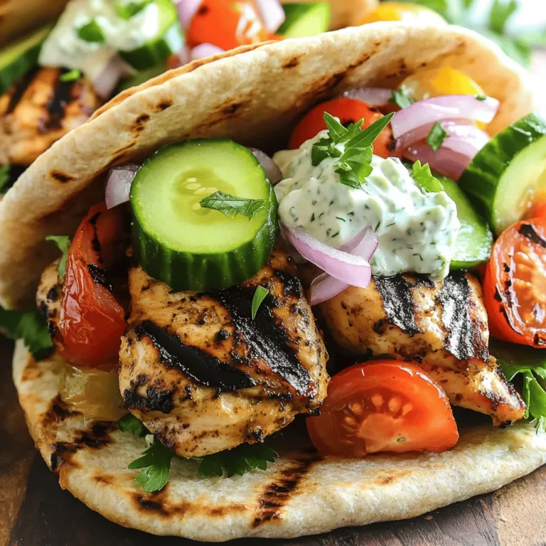 - 1 lb (450g) boneless chicken thighs - 3 tablespoons olive oil - 2 teaspoons dried oregano - 1 teaspoon garlic powder - 1 teaspoon smoked paprika - Salt and black pepper to taste - 4 whole wheat pitas or flatbreads - 1 cup tzatziki sauce (store-bought or homemade) - 1 cup diced tomatoes - 1 cup sliced cucumbers - 1/2 small red onion, thinly sliced - Fresh parsley for garnish The main ingredients for easy chicken gyros are simple yet full of flavor. I love using boneless chicken thighs because they stay juicy and tender. The marinade, made with olive oil, oregano, garlic powder, and smoked paprika, adds a kick. You can adjust the salt and pepper to your taste. For the perfect gyro, grab some whole wheat pitas. They hold all the goodness inside. Fresh vegetables bring crunch and brightness. Diced tomatoes, sliced cucumbers, and red onion give color and taste. Finally, a generous scoop of tzatziki sauce pulls it all together. This sauce cools the spices and adds creaminess. You can buy tzatziki or make your own. Either way, it’s a must for gyros. - Grill pan or skillet - Mixing bowl, knife, and cutting board To make these gyros, you will need a few simple tools. A grill pan or skillet cooks the chicken perfectly. If you don’t have a grill pan, a regular skillet works too. A mixing bowl helps you combine the marinade. You will also need a knife and cutting board for slicing the chicken and fresh veggies. These tools make the cooking process smooth and easy. For the full recipe, you can refer to the sections that follow. Enjoy the process of making these delightful chicken gyros! In a large bowl, combine olive oil, dried oregano, garlic powder, smoked paprika, salt, and black pepper. Stir well to mix all the spices. This mixture will give your chicken a rich flavor. Take the boneless chicken thighs and coat them in the marinade. Make sure every piece is covered. Let the chicken rest for at least 30 minutes. If you have more time, refrigerate it for up to 2 hours. This will enhance the flavor even more. Preheat a grill pan or skillet over medium-high heat. Once hot, add the marinated chicken thighs. Grill for 6-7 minutes on each side. Check the internal temperature; it should reach 165°F (75°C). You want nice grill marks and fully cooked chicken. After cooking, remove the chicken from the heat and let it rest for a few minutes. Slice the chicken into thin strips. Warm the whole wheat pitas on the grill for about 1-2 minutes. Then, layer the grilled chicken, tzatziki sauce, diced tomatoes, sliced cucumbers, and red onion in each pita. Garnish with fresh parsley. Wrap the pita around the fillings like a sandwich. Enjoy your easy chicken gyros! For the complete recipe, check out the Full Recipe. To make your chicken gyros shine, focus on the marinade. The basic mix gives great flavor, but you can add more spices to elevate your dish. Try adding: - Cumin for a warm, earthy taste. - Cinnamon for a hint of sweetness. - Lemon zest for freshness. These additions will make your chicken more exciting and tasty. Let the chicken marinate longer for deeper flavor, ideally two hours or more. You can cook chicken gyros in different ways. Each method brings a unique taste. Besides grilling, you can try: - Oven: Preheat to 400°F (200°C). Place chicken on a baking sheet for about 20 minutes. - Air fryer: Set it to 375°F (190°C) and cook for 15-20 minutes, flipping halfway. Both options will give you juicy chicken with a nice crust. Pair your gyros with tasty sides and drinks. Here are some ideas: - Sides: Greek salad, roasted potatoes, or a fresh tabbouleh. - Drinks: Try a light beer, lemonade, or sparkling water with mint. These pairings will balance your meal, making it more enjoyable. For the full recipe, check out the earlier sections! {{image_2}} You can change up this recipe by using different proteins. Lamb is a classic choice for gyros. It has a rich flavor that pairs well with the spices. Beef is another option. It gives a hearty taste. For a plant-based option, use tofu. Press it first to remove extra water. Then marinate it just like the chicken. This helps the tofu soak up flavors. Each protein brings its own twist to the dish. While tzatziki is a must for many, you can swap it for other sauces. Try hummus for a creamy touch. It adds a nice texture and flavor. You could also use garlic sauce or tahini. These options can give your gyros a unique spin. Experiment with different spreads to find what you like best. If you need gluten-free options, use lettuce wraps instead of pitas. This keeps all the flavors intact while being gluten-free. For low-carb diets, you can skip the pita and load up on veggies. Use extra cucumbers and tomatoes for crunch. These adjustments make the dish fit your needs without losing taste. For the full recipe, check out the detailed instructions above. To store your chicken gyros, first, let them cool. Then, place the gyros in a sealed container. You can keep them in the fridge for up to three days. If you store the chicken and veggies separately, they will last longer. Keep the tzatziki sauce in a different container. This will help maintain the freshness of each ingredient. When it's time to enjoy your leftovers, reheat carefully. The best way is to use a skillet. Heat it on medium for a few minutes. Add the chicken strips and warm them for about three minutes. This method keeps the chicken juicy and tasty. You can also wrap the gyros in foil and warm them in the oven at 350°F (175°C) for about 10 minutes. This way, they won't dry out. To freeze your gyros, start by cooling them completely. Wrap each gyro tightly in plastic wrap. Then, place them in a freezer bag. You can freeze them for up to three months. When you're ready to eat, thaw them in the fridge overnight. Reheat as described above for the best results. This way, you always have a quick meal ready! For the full recipe, check out the complete guide on making these Easy Chicken Gyros. To make tzatziki, you need simple ingredients. Here’s how: - Ingredients: - 1 cup plain Greek yogurt - 1 medium cucumber, grated and drained - 2 cloves garlic, minced - 1 tablespoon olive oil - 1 tablespoon fresh lemon juice - Salt and pepper to taste - Fresh dill or mint (optional) 1. Start by grating the cucumber. Squeeze it to drain excess water. 2. In a bowl, mix the yogurt, cucumber, garlic, olive oil, and lemon juice. 3. Add salt and pepper to taste. Stir well. 4. If you like herbs, add fresh dill or mint for extra flavor. 5. Chill for at least 30 minutes before serving. Yes, you can prepare the chicken in advance. Here’s how: - Marinate the chicken thighs for 30 minutes or more. - For best results, marinate for up to 2 hours in the fridge. - Once marinated, store the chicken in an airtight container. - Cook the chicken within 24 hours for the best flavor. The best pita for gyros is soft and fluffy. Here are some options: - Whole wheat pita is a healthy choice. - Traditional Greek pita adds authentic flavor. - Look for pita bread that is fresh and pliable. - You can find these at most grocery stores or bakeries. The right spices make your chicken gyros special. Here are my top picks: - Dried oregano gives a great Mediterranean taste. - Garlic powder adds depth and aroma. - Smoked paprika brings a nice smoky flavor. - You can also try cumin or coriander for a unique twist. A chicken gyro is a tasty meal option. Here are some estimates: - One chicken gyro has about 400-500 calories. - This includes the chicken, pita, and toppings. - Adding more veggies can lower the calorie count. - Always check the specific ingredients you use for exact numbers. For a full recipe, check the [Full Recipe]. This blog post covers how to make delicious chicken gyros. We explored main ingredients, tools, and cooking steps. I shared tips for marinades and cooking techniques to help you succeed. You can also try variations or adjust for diets. Storing leftovers and reheating tips were included for easy meals later. Making gyros at home can be quick and fun. Enjoy experimenting with flavors and making them your own. Happy cooking!