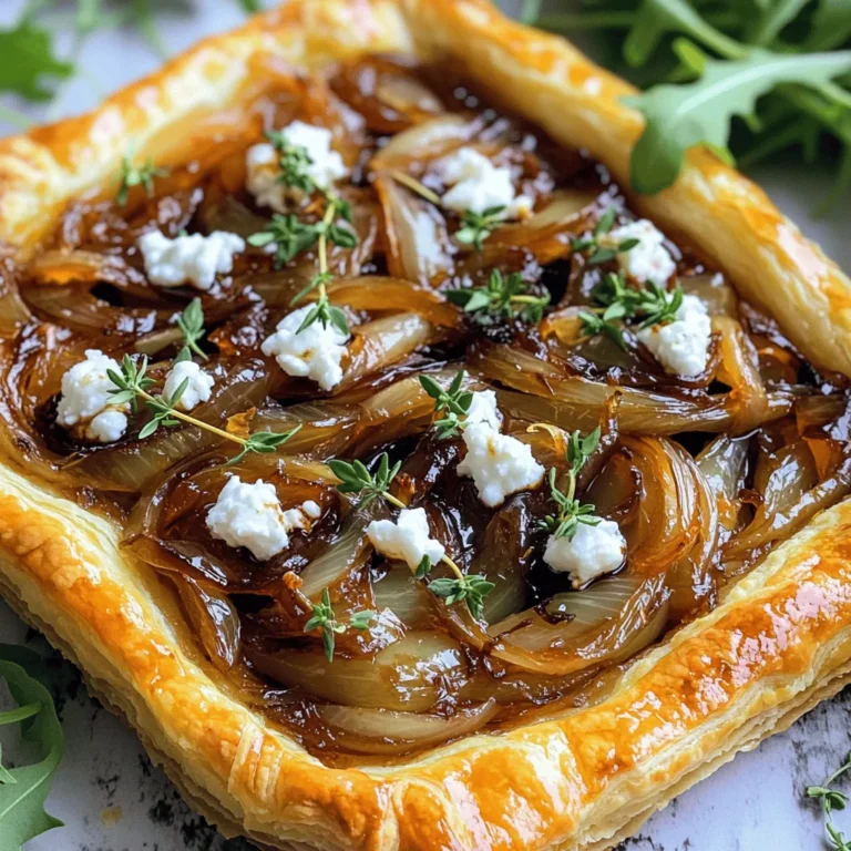 To make the Caramelized Onion and Goat Cheese Tart, you will need: - 1 sheet of puff pastry, thawed - 3 medium onions, thinly sliced - 2 tablespoons olive oil - 2 tablespoons balsamic vinegar - 1 teaspoon brown sugar - 4 ounces goat cheese, crumbled - 1 teaspoon fresh thyme leaves - Salt and pepper to taste - 1 egg, beaten (for egg wash) - Fresh arugula or mixed greens (for serving, optional) You don't need much to create this tart, but here’s what I recommend: - A tart pan - A large skillet - A rolling pin - A cutting board - A sharp knife - A whisk or fork (for egg wash) - A baking sheet This tart serves about 6 to 8 people. Here’s a breakdown of the nutritional info per serving: - Calories: 220 - Protein: 6g - Fat: 14g - Carbohydrates: 18g - Fiber: 1g - Sugar: 3g This dish provides a great balance of flavors and textures, making it a delightful addition to any meal. For the full recipe, check the earlier section. First, you need to preheat your oven to 400°F (200°C). Take a sheet of puff pastry and let it thaw. Roll it out on a floured surface. You want it to fit into your tart pan. Prick the base with a fork. This helps stop bubbling. While you prepare the filling, place the pastry in the fridge. Keeping it cold helps it stay flaky when baking. In a large skillet, pour in two tablespoons of olive oil. Heat it over medium heat. Add three medium onions, thinly sliced. Cook these onions, stirring often. You want them to become soft and golden. This takes about 15 to 20 minutes. Once they are caramelized, add two tablespoons of balsamic vinegar and one teaspoon of brown sugar. Stir it all together. Cook for five more minutes until it thickens. Season with salt and pepper to taste, then remove from heat. Now, take the puff pastry out of the fridge. Bake it in the oven for about 10 minutes. You want it to puff slightly but not fully bake. After that, remove the pastry from the oven. Spread the caramelized onion mix evenly on top. Crumble four ounces of goat cheese over the onions. Sprinkle one teaspoon of fresh thyme leaves all over. Brush the edges of the pastry with a beaten egg. This will give it a nice golden finish. Return the tart to the oven and bake for 15 to 20 minutes. It should look golden brown and flaky when done. Let it cool for a bit before slicing. Serve warm or at room temperature, with fresh arugula or mixed greens if you like. For the full recipe, check the earlier section. To get sweet, rich caramelized onions, cook them slowly. Use medium heat and stir often. This helps release their natural sugars. Keep cooking until they turn deep golden brown. It usually takes about 15-20 minutes. If they stick, add a splash of water. This will help them cook evenly. Adding balsamic vinegar and brown sugar boosts the flavor and adds a nice glaze. A great tart starts with perfect puff pastry. Make sure your pastry is cold when you roll it out. This keeps the layers distinct and helps them puff up. Prick the base of the pastry with a fork to prevent bubbles. Bake it for a short time before adding the filling. This step makes a crisp base. Serve your tart warm or at room temperature. It pairs well with fresh arugula or mixed greens. A light salad adds crunch and freshness. For a special touch, drizzle some balsamic reduction over the top. This adds a lovely contrast to the creamy goat cheese. You can also enjoy it with a glass of white wine. This makes for a delightful meal. For the full recipe, check the earlier section. {{image_2}} You can mix up the flavors by adding different cheeses. Feta cheese adds a nice salty touch. Ricotta gives a creamy texture, while sharp cheddar brings a bold flavor. Try mixing goat cheese with any of these. The key is to balance the flavors, so choose cheeses that complement each other. Feel free to use other vegetables with your tart. Carrots add sweetness, while spinach brings a fresh taste. You can also try mushrooms for an earthy flavor. Just remember to cook them first, as you did with the onions. This step helps bring out their flavors and removes excess moisture. If you need a gluten-free option, use a gluten-free puff pastry. Many stores sell ready-made gluten-free dough. You can also make your own with almond flour or rice flour. Just ensure the dough is thin enough to bake well. The tart will still be delicious and flaky, allowing everyone to enjoy this treat. For the full recipe, check out the Caramelized Onion and Goat Cheese Tart recipe. To keep your tart fresh, let it cool. Wrap it tightly in plastic wrap or foil. You can also place it in an airtight container. Store it in the fridge for up to three days. To reheat the tart, preheat your oven to 350°F (175°C). Place the tart on a baking sheet. Cover it loosely with foil to keep it moist. Heat for about 10-15 minutes. This will make the pastry crispy again. You can freeze the tart for later. Wrap it well in plastic wrap and foil. It can last for up to three months in the freezer. When ready to eat, thaw it in the fridge overnight. Reheat it in the oven for the best taste. Enjoy your delicious tart again! For the full recipe, check the above section. Yes, you can use different cheeses. Feta or cream cheese works well. Each cheese adds a unique flavor. Goat cheese has a tangy taste, but others can add creaminess. Experiment with what you like best. The tart stays good for about three days. Store it in an airtight container in the fridge. It can dry out, so cover it well. Reheat slices in the oven for the best taste. Yes, you can prepare it ahead. Bake the tart, let it cool, then store it. You can also caramelize the onions the day before. Just assemble it and bake when you are ready to serve. For a quick meal, this is very handy! This blog post covered the key steps to making a delicious tart. We looked at ingredients, equipment, and nutrition. Next, I explained how to prepare the puff pastry and caramelize onions. I shared tips for perfecting your tart and suggested fun variations. Lastly, I provided storage info and answered common questions. Creating this tart is fun and tasty. Use what you learned to impress your friends!