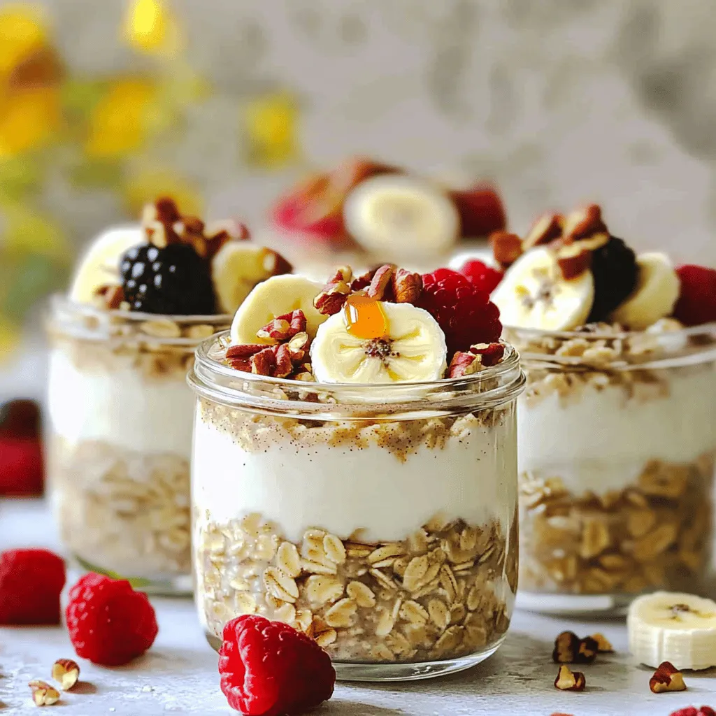 - 1 cup rolled oats - 2 cups almond milk - 1/4 cup maple syrup - 1/2 cup Greek yogurt These are the key ingredients for maple pecan overnight oats. The rolled oats provide a hearty base. Almond milk adds creaminess. Maple syrup gives natural sweetness. Greek yogurt brings a nice tang and extra protein. - Dairy-free alternatives - Fresh fruit toppings - Additional sweeteners You can customize your oats with optional ingredients. Use a dairy-free yogurt if you want. Fresh fruit like bananas or berries adds great flavor and color. You could add more sweeteners too if you like it sweeter. - Serving sizes and conversions This recipe serves about 2-4 people. If you want more, simply double the ingredients. For smaller servings, cut the amounts in half. Measuring cups work well for accuracy. You can also use a kitchen scale if you prefer. For the full recipe, check out the detailed instructions. To make maple pecan overnight oats, start by mixing the base ingredients. In a bowl, combine: - 1 cup rolled oats - 2 cups almond milk (or any milk of choice) - 1/4 cup maple syrup - 1/2 cup Greek yogurt (or a dairy-free alternative) - 1/2 teaspoon vanilla extract - 1/2 teaspoon cinnamon - 1/4 teaspoon salt Stir well until everything is mixed together. This step is key, as it makes sure the oats soak up all the flavors. Next, fold in the pecans. Use 1/2 cup of roughly chopped pecans. This adds a nice crunch and rich taste to your oats. Once mixed, it’s time to store the oats. Divide the mixture into mason jars or airtight containers. Make sure to seal each jar tightly. This keeps the oats fresh. Place the jars in the refrigerator. Let them sit overnight, or for at least six hours. This soaking time is important. It softens the oats and melds the flavors. In the morning, take out your jars. Give the oats a good stir and check the sweetness. If you want more sweetness, add a bit more maple syrup. For toppings, I recommend fresh fruit. Bananas or berries work great. You can also add extra chopped pecans for more crunch. These final touches make your overnight oats not just tasty, but also beautiful to serve. Enjoy your delicious maple pecan overnight oats! For the full recipe, feel free to check the details above. To make the best overnight oats, you need the right mix of ingredients. The oats should absorb the liquid without being too runny. Start with a ratio of 1 part oats to 2 parts liquid. This will give you a creamy texture. Balancing flavors is key. Maple syrup adds sweetness, while pecans give a nice crunch. You can adjust the sweetness based on your taste. If you like it sweeter, add more maple syrup. If you want a nutty taste, add more pecans. One common mistake is using too little liquid. This will make your oats dry and hard. Always measure your liquid accurately. Another mistake is skipping the chill time. The oats need to soak to soften. If you don’t chill them long enough, your oats will be tough. Aim for at least 6 hours in the fridge. You can make your overnight oats even better! Try adding spices like nutmeg or ginger. These spices can brighten the flavor. Adding protein is another great idea. You could mix in some chia seeds or protein powder. This will help you feel full longer. You can also top your oats with fresh fruit like bananas or berries for extra nutrition. For the full recipe, refer to the earlier section on ingredients and instructions. {{image_2}} You can easily switch up the flavor of your maple pecan overnight oats. Here are two fun ideas: - Chocolate chip maple pecan: Add a handful of mini chocolate chips to your oats. The sweet and rich flavor pairs well with maple and pecans. - Tropical coconut pecan: Stir in some shredded coconut and use coconut milk instead of almond milk. This gives your oats a light and fruity taste. Making your oats fit your diet is simple. Here are some tips for common dietary needs: - Gluten-free options: Use certified gluten-free rolled oats. This ensures your oats are safe and delicious for those avoiding gluten. - Vegan substitutions: Replace Greek yogurt with a dairy-free yogurt. Almond milk is already vegan, so you’re halfway there! You can match your toppings to the season, making your oats feel fresh and fun: - Berry compote for summer: Top your oats with a warm berry compote. It adds a burst of flavor and color. - Pumpkin spice for fall: Mix in pumpkin puree and sprinkle pumpkin spice on top. This cozy flavor is perfect as the weather cools down. Try these variations to keep your maple pecan overnight oats exciting. For the full recipe, check out the details above! To keep your maple pecan overnight oats fresh, store them in airtight containers. This helps lock in flavor and moisture. The oats will stay good in the fridge for up to five days. If you want to enjoy them later, make sure to check for any signs of spoilage. If you prefer warm oats, you can easily reheat them. Simply transfer the oats to a microwave-safe bowl. Heat them in short bursts, stirring in between, until warm. Some people love their oats cold, which is great too! Just add your favorite toppings and dig in. You can freeze maple pecan overnight oats if you want to prepare them in advance. Just pour the mixture into freezer-safe containers. However, be cautious about texture changes when thawing. The oats might become a bit mushy. To enjoy, let them thaw in the fridge overnight before serving. Overnight oats can last up to five days in the fridge. Store them in airtight containers. Always check for any signs of spoilage before eating. I find they taste best within the first three days. Yes, you can make these oats vegan. Use almond milk and a dairy-free yogurt. Maple syrup already works for vegan diets. This way, you keep the creamy texture and sweet taste without dairy. You can use quick oats, but they will change the texture. Quick oats absorb liquid faster and can be mushy. Rolled oats give a better chew and hold their shape well. I recommend sticking with rolled oats for the best results. Yes, you can double the recipe. Just keep the same ratios for each ingredient. Use larger containers if needed. This way, you can meal prep for the week ahead and enjoy tasty oats every day. If you need a substitute for Greek yogurt, try coconut yogurt or silken tofu. Both options keep the creaminess and flavor. You can also use nut-based yogurts for a different twist. Each choice adds its own unique taste to your oats. This blog post covered how to make delicious overnight oats. We went over key ingredients, like rolled oats and almond milk, along with optional toppings. You learned how to prepare, store, and enhance your oats. The tips helped you avoid common mistakes and explore fun variations. Incorporate these ideas for tasty and nutritious breakfasts. Enjoy experimenting with flavors and feel proud of your creations!