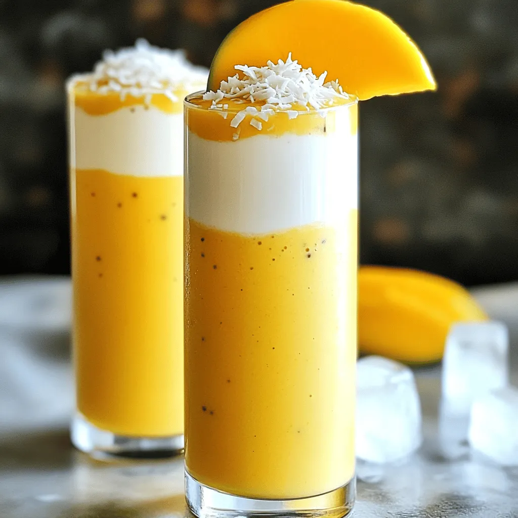 Here’s what you need to make a Mango Coconut Smoothie. Gather these simple ingredients: - 1 ripe mango, peeled and diced - 1 cup coconut milk (canned or fresh) - 1/2 banana, frozen for creaminess - 1 tablespoon honey or maple syrup (adjust to taste) - 1/2 teaspoon vanilla extract - 1/4 cup Greek yogurt (for added protein and creaminess) - 1/4 cup shredded coconut (unsweetened) - Ice cubes (optional, for a colder smoothie) These ingredients come together to create a creamy and refreshing drink. The ripe mango adds sweetness, while coconut milk gives it a rich texture. The frozen banana makes the smoothie extra smooth. You can adjust the sweetness with honey or maple syrup. Greek yogurt adds protein, making it even better! Feel free to change things up. You can use different types of milk or add other fruits. If you want a colder drink, toss in some ice cubes. This recipe is easy to follow and perfect for a quick breakfast or snack. Check out the Full Recipe for more details! - Step 1: Combine the diced mango, coconut milk, frozen banana, honey (or maple syrup), and vanilla extract in a blender. This mix gives you a sweet and creamy base. - Step 2: Add Greek yogurt and shredded coconut. The yogurt adds creaminess and protein. - Step 3: Blend on high until smooth and creamy. You want a nice, thick texture. - If your smoothie is too thick, add more coconut milk as needed. This helps create the right texture. - For a colder smoothie, include ice cubes. Blend again until smooth. This makes it refreshing on hot days. - Taste your smoothie and adjust sweetness with more honey or maple syrup if needed. Make it just right for you! - Pour into glasses and serve immediately. Enjoy it fresh for the best flavor. For the full recipe, check out the Mango Coconut Paradise Smoothie. - Use high-quality blenders for smoother texture. A good blender makes a big difference. - Start blending at a low speed before increasing to high. This helps mix everything well. - You can substitute ingredients for dietary preferences, like using dairy-free yogurt. This keeps the smoothie creamy without the dairy. - Adding leafy greens, such as spinach or kale, gives a nutrient boost. You won’t taste them much, but they add vitamins. - Garnish with shredded coconut and fresh mango. This makes your drink look great and adds flavor. - Serve in chilled glasses for an elevated experience. Cold glasses keep your smoothie fresh longer. For the complete recipe, check out the [Full Recipe]. {{image_2}} You can make this mango coconut smoothie even better! Try adding leafy greens like spinach or kale. These greens boost the nutrients without changing the taste much. They blend right in and give you extra vitamins. You can also mix in other fruits. Pineapple adds a sweet and tangy flavor. A banana makes it even creamier. Both fruits fit well with the mango and coconut. For a flavor boost, use flavored yogurt. Vanilla or coconut yogurt adds a nice touch. You can also try protein powders to make it a meal. Spices like cinnamon or nutmeg add warmth and depth. Just a pinch can change the whole drink. These small changes can make your smoothie feel new and exciting. If you want a thicker smoothie, use less coconut milk. You can also add more frozen banana or mango. Blend until it’s thick but still smooth. To turn your smoothie into a bowl, pour it into a bowl instead of a glass. Top it with sliced fruits, nuts, or seeds. Shredded coconut works well too. This makes for a fun and tasty breakfast or snack. Check out the Full Recipe for more ideas! If you have leftover Mango Coconut Smoothie, you can store it in the fridge. Pour any extra smoothie into an airtight container. It will stay fresh for up to 24 hours. Before you drink it, give it a good shake or stir. This helps mix the ingredients again. Smoothies can separate over time, so don’t skip this step. To keep the smoothie fresh, avoid adding ice before storing. Ice will melt and dilute the flavor. You can always add fresh ice when you’re ready to enjoy it again. Want to save some for later? You can freeze your smoothie in portions. Pour it into ice cube trays or freezer-safe bags. This makes it easy to grab just what you need. When you want a smoothie, just pull out a portion from the freezer. To thaw, place the frozen smoothie in the fridge overnight. If you're in a hurry, you can leave it at room temperature for a couple of hours. Once it’s thawed, re-blend it for a creamy texture. This is a great way to enjoy your Mango Coconut Smoothie anytime! You can use alternative milks like: - Almond milk - Soy milk - Oat milk These options will change the flavor a bit but still keep it tasty. Yes! Adding protein helps make your smoothie filling. Here are some ideas: - Protein powder (whey or plant-based) - Nut butters like almond or peanut These will blend well and boost nutrition. To make this smoothie vegan, swap these ingredients: - Use maple syrup instead of honey. - Replace Greek yogurt with a dairy-free yogurt. These swaps keep all the creamy goodness. Your smoothie will stay fresh for about 1 day in the fridge. Keep it in a sealed container to prevent oxidation. Yes, you can prepare your smoothie ahead of time. Here’s how: - Blend and store it in the fridge. - Stir before drinking, as it may separate. This way, you can enjoy it on busy mornings or after workouts. For the full recipe, check out the previous section. You can create a delicious mango coconut smoothie with simple ingredients. Blend ripe mango, coconut milk, and other add-ins for a tasty treat. You can customize it with greens or fruit. Remember to adjust the sweetness to your liking. Store leftovers in the fridge or freeze portions for later. Enjoy this tasty, nutritious drink any time! Make your smoothie fun by trying different flavors and ingredients. Happy blending!