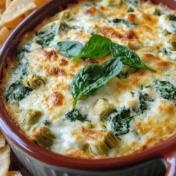 To make this dip, you need some simple ingredients. Here’s what you will need: - 1 cup fresh spinach, chopped - 1 cup canned artichoke hearts, drained and chopped - 1 cup cream cheese, softened - 1 cup sour cream - 1 cup shredded mozzarella cheese - 1/2 cup grated Parmesan cheese - 2 cloves garlic, minced - 1 teaspoon lemon juice - 1/2 teaspoon red pepper flakes (optional) - Salt and pepper to taste - 1/2 teaspoon dried oregano Each ingredient plays a key role. The spinach gives a fresh taste, while the artichokes add a unique flavor. Cream cheese and sour cream make it rich and creamy. Mozzarella and Parmesan add cheesy goodness. Garlic gives it depth, and lemon juice adds brightness. This dip is not only tasty but also has some nutritional value. One serving contains: - Calories: About 250 - Protein: 10g - Carbohydrates: 8g - Fat: 20g The combination of spinach and artichokes gives you some vitamins and minerals. Spinach has iron and calcium. Artichokes offer fiber and antioxidants. Enjoying this dip in moderation is a tasty treat. You can swap out some ingredients if you need to. For a lighter dip, use Greek yogurt instead of sour cream. You can also use low-fat cream cheese. If you like a bit of spice, add more red pepper flakes. If you don’t have fresh spinach, you can use frozen spinach. Just make sure to thaw and drain it well. You can also mix in other veggies like bell peppers or mushrooms for a twist. For the full recipe, check out the details in the main article. To make this dip, gather your ingredients first. You need fresh spinach, artichoke hearts, cream cheese, sour cream, mozzarella cheese, and Parmesan cheese. Don’t forget the garlic and spices! This recipe takes about 10 minutes to prep and 25 minutes to bake. 1. Preheat your oven to 375°F (190°C). 2. In a big bowl, mix the softened cream cheese and sour cream. Use a spatula to blend them well. 3. Add in the chopped spinach and artichoke hearts. Toss in the minced garlic, lemon juice, and mozzarella cheese. 4. Sprinkle in the Parmesan cheese, red pepper flakes, oregano, salt, and pepper. Stir until it’s all combined. 5. Pour the mixture into a baking dish. Spread it evenly with your spatula. 6. Bake for 20-25 minutes. Look for a bubbly, golden brown top. 7. Let it cool for a few minutes before you dig in! - Keep an eye on the time. If you overbake, the dip can dry out. - For a crispier top, broil for 1-2 minutes after baking. - Always serve warm for the best taste! Remember to check the [Full Recipe] for more details! One big mistake is overcooking the dip. Keep an eye on it while baking. You want it bubbly and golden brown, not burnt. Another mistake is not draining the artichokes well. Excess liquid can make your dip watery. Always drain them thoroughly before mixing. Lastly, don’t forget to taste as you go. Adjust the salt and pepper for the best flavor. To boost flavor, add more garlic. I love using three cloves instead of two. You can also sprinkle in some fresh herbs, like basil or parsley, right before serving. These add brightness. A splash of hot sauce can give your dip a nice kick. If you want a zesty twist, try adding a bit of lemon zest. It brightens up the whole dish. For a creamy texture, use softened cream cheese. Let it sit out before you start cooking. Mixing it well with the sour cream is key. Another tip is to fold in the cheese gently. This keeps the dip fluffy. If you want extra creaminess, try adding a splash of heavy cream. It makes the dip rich and smooth. {{image_2}} You can easily make this spinach artichoke dip healthier. Use Greek yogurt instead of sour cream. This swap adds protein and cuts fat. You can also use low-fat cream cheese for fewer calories. If you want a dairy-free option, try cashew cream or a vegan cream cheese. Both can taste great and still keep the dip creamy. Cheese can change the flavor of your dip. Instead of mozzarella, try cheddar or gouda for a richer taste. You could also use a blend of cheeses for more depth. Cream cheese is a must for that smooth texture. Parmesan adds a nice salty kick. Mixing cheeses can make your dip unique. Feel free to get creative with seasonal ingredients. In spring, add fresh herbs like basil or dill. In the fall, mix in roasted pumpkin for a sweet twist. You can also try adding sun-dried tomatoes for a burst of flavor. These small changes can make your spinach artichoke dip new and exciting. Check out the Full Recipe for more ideas! To keep your spinach artichoke dip fresh, store it in an airtight container. Make sure it cools down to room temperature first. This helps to avoid steam buildup, which can make the dip soggy. You can keep it in the fridge for up to 3 days. If you want to save it longer, consider freezing it. When it’s time to enjoy leftovers, preheat your oven to 350°F (175°C). Place the dip in an oven-safe dish. Cover it with foil to prevent burning. Heat for about 15 to 20 minutes, or until it’s warm and bubbly. You can also reheat it in the microwave. Just cover the dish and heat in short bursts, stirring in between. If you want to freeze your dip, use a freezer-safe container. It can last for up to 2 months in the freezer. When ready to eat, transfer it to the fridge to thaw overnight. Once thawed, follow the reheating instructions. This keeps the dip creamy and tasty. Enjoy your creamy spinach artichoke bliss dip whenever you want! You can make spinach artichoke dip ahead of time. Just mix all the ingredients and place them in a baking dish. Cover the dish tightly with plastic wrap and store it in the fridge. You can keep it there for up to two days. When you're ready to bake, remove the wrap and pop it in the oven. Bake it as directed in the Full Recipe. This way, you save time and still enjoy a hot dip. Yes, you can use fresh artichokes instead of canned. Fresh artichokes need some prep work. First, you must clean them and remove the tough outer leaves. Then, cook them in boiling water for about 30 minutes until they are tender. After cooling, chop the hearts and mix them into your dip. This gives a fresh taste to your dish. Just remember, canned artichokes save time! You can serve spinach artichoke dip with many tasty options. Pita chips are a classic choice. They add a nice crunch. Fresh veggies like carrots, celery, and bell peppers also work well. These add color and flavor. For something different, try tortilla chips or toasted baguette slices. You can even use crackers for dipping. This dip is versatile and pairs well with many snacks. Enjoy making your spread! Spinach Artichoke Dip is a delicious and easy dish. This blog showed key ingredients, cooking steps, and tasty tips. Remember to avoid common mistakes for the best flavor. You can experiment with healthy swaps or different cheeses to customize your dip. Store properly to keep it fresh. I hope you feel ready to make your delicious dip and impress your friends. Enjoy every creamy bite!