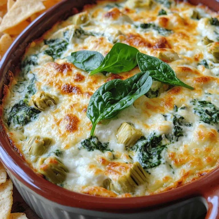 To make this dip, you need some simple ingredients. Here’s what you will need: - 1 cup fresh spinach, chopped - 1 cup canned artichoke hearts, drained and chopped - 1 cup cream cheese, softened - 1 cup sour cream - 1 cup shredded mozzarella cheese - 1/2 cup grated Parmesan cheese - 2 cloves garlic, minced - 1 teaspoon lemon juice - 1/2 teaspoon red pepper flakes (optional) - Salt and pepper to taste - 1/2 teaspoon dried oregano Each ingredient plays a key role. The spinach gives a fresh taste, while the artichokes add a unique flavor. Cream cheese and sour cream make it rich and creamy. Mozzarella and Parmesan add cheesy goodness. Garlic gives it depth, and lemon juice adds brightness. This dip is not only tasty but also has some nutritional value. One serving contains: - Calories: About 250 - Protein: 10g - Carbohydrates: 8g - Fat: 20g The combination of spinach and artichokes gives you some vitamins and minerals. Spinach has iron and calcium. Artichokes offer fiber and antioxidants. Enjoying this dip in moderation is a tasty treat. You can swap out some ingredients if you need to. For a lighter dip, use Greek yogurt instead of sour cream. You can also use low-fat cream cheese. If you like a bit of spice, add more red pepper flakes. If you don’t have fresh spinach, you can use frozen spinach. Just make sure to thaw and drain it well. You can also mix in other veggies like bell peppers or mushrooms for a twist. For the full recipe, check out the details in the main article. To make this dip, gather your ingredients first. You need fresh spinach, artichoke hearts, cream cheese, sour cream, mozzarella cheese, and Parmesan cheese. Don’t forget the garlic and spices! This recipe takes about 10 minutes to prep and 25 minutes to bake. 1. Preheat your oven to 375°F (190°C). 2. In a big bowl, mix the softened cream cheese and sour cream. Use a spatula to blend them well. 3. Add in the chopped spinach and artichoke hearts. Toss in the minced garlic, lemon juice, and mozzarella cheese. 4. Sprinkle in the Parmesan cheese, red pepper flakes, oregano, salt, and pepper. Stir until it’s all combined. 5. Pour the mixture into a baking dish. Spread it evenly with your spatula. 6. Bake for 20-25 minutes. Look for a bubbly, golden brown top. 7. Let it cool for a few minutes before you dig in! - Keep an eye on the time. If you overbake, the dip can dry out. - For a crispier top, broil for 1-2 minutes after baking. - Always serve warm for the best taste! Remember to check the [Full Recipe] for more details! One big mistake is overcooking the dip. Keep an eye on it while baking. You want it bubbly and golden brown, not burnt. Another mistake is not draining the artichokes well. Excess liquid can make your dip watery. Always drain them thoroughly before mixing. Lastly, don’t forget to taste as you go. Adjust the salt and pepper for the best flavor. To boost flavor, add more garlic. I love using three cloves instead of two. You can also sprinkle in some fresh herbs, like basil or parsley, right before serving. These add brightness. A splash of hot sauce can give your dip a nice kick. If you want a zesty twist, try adding a bit of lemon zest. It brightens up the whole dish. For a creamy texture, use softened cream cheese. Let it sit out before you start cooking. Mixing it well with the sour cream is key. Another tip is to fold in the cheese gently. This keeps the dip fluffy. If you want extra creaminess, try adding a splash of heavy cream. It makes the dip rich and smooth. {{image_2}} You can easily make this spinach artichoke dip healthier. Use Greek yogurt instead of sour cream. This swap adds protein and cuts fat. You can also use low-fat cream cheese for fewer calories. If you want a dairy-free option, try cashew cream or a vegan cream cheese. Both can taste great and still keep the dip creamy. Cheese can change the flavor of your dip. Instead of mozzarella, try cheddar or gouda for a richer taste. You could also use a blend of cheeses for more depth. Cream cheese is a must for that smooth texture. Parmesan adds a nice salty kick. Mixing cheeses can make your dip unique. Feel free to get creative with seasonal ingredients. In spring, add fresh herbs like basil or dill. In the fall, mix in roasted pumpkin for a sweet twist. You can also try adding sun-dried tomatoes for a burst of flavor. These small changes can make your spinach artichoke dip new and exciting. Check out the Full Recipe for more ideas! To keep your spinach artichoke dip fresh, store it in an airtight container. Make sure it cools down to room temperature first. This helps to avoid steam buildup, which can make the dip soggy. You can keep it in the fridge for up to 3 days. If you want to save it longer, consider freezing it. When it’s time to enjoy leftovers, preheat your oven to 350°F (175°C). Place the dip in an oven-safe dish. Cover it with foil to prevent burning. Heat for about 15 to 20 minutes, or until it’s warm and bubbly. You can also reheat it in the microwave. Just cover the dish and heat in short bursts, stirring in between. If you want to freeze your dip, use a freezer-safe container. It can last for up to 2 months in the freezer. When ready to eat, transfer it to the fridge to thaw overnight. Once thawed, follow the reheating instructions. This keeps the dip creamy and tasty. Enjoy your creamy spinach artichoke bliss dip whenever you want! You can make spinach artichoke dip ahead of time. Just mix all the ingredients and place them in a baking dish. Cover the dish tightly with plastic wrap and store it in the fridge. You can keep it there for up to two days. When you're ready to bake, remove the wrap and pop it in the oven. Bake it as directed in the Full Recipe. This way, you save time and still enjoy a hot dip. Yes, you can use fresh artichokes instead of canned. Fresh artichokes need some prep work. First, you must clean them and remove the tough outer leaves. Then, cook them in boiling water for about 30 minutes until they are tender. After cooling, chop the hearts and mix them into your dip. This gives a fresh taste to your dish. Just remember, canned artichokes save time! You can serve spinach artichoke dip with many tasty options. Pita chips are a classic choice. They add a nice crunch. Fresh veggies like carrots, celery, and bell peppers also work well. These add color and flavor. For something different, try tortilla chips or toasted baguette slices. You can even use crackers for dipping. This dip is versatile and pairs well with many snacks. Enjoy making your spread! Spinach Artichoke Dip is a delicious and easy dish. This blog showed key ingredients, cooking steps, and tasty tips. Remember to avoid common mistakes for the best flavor. You can experiment with healthy swaps or different cheeses to customize your dip. Store properly to keep it fresh. I hope you feel ready to make your delicious dip and impress your friends. Enjoy every creamy bite!