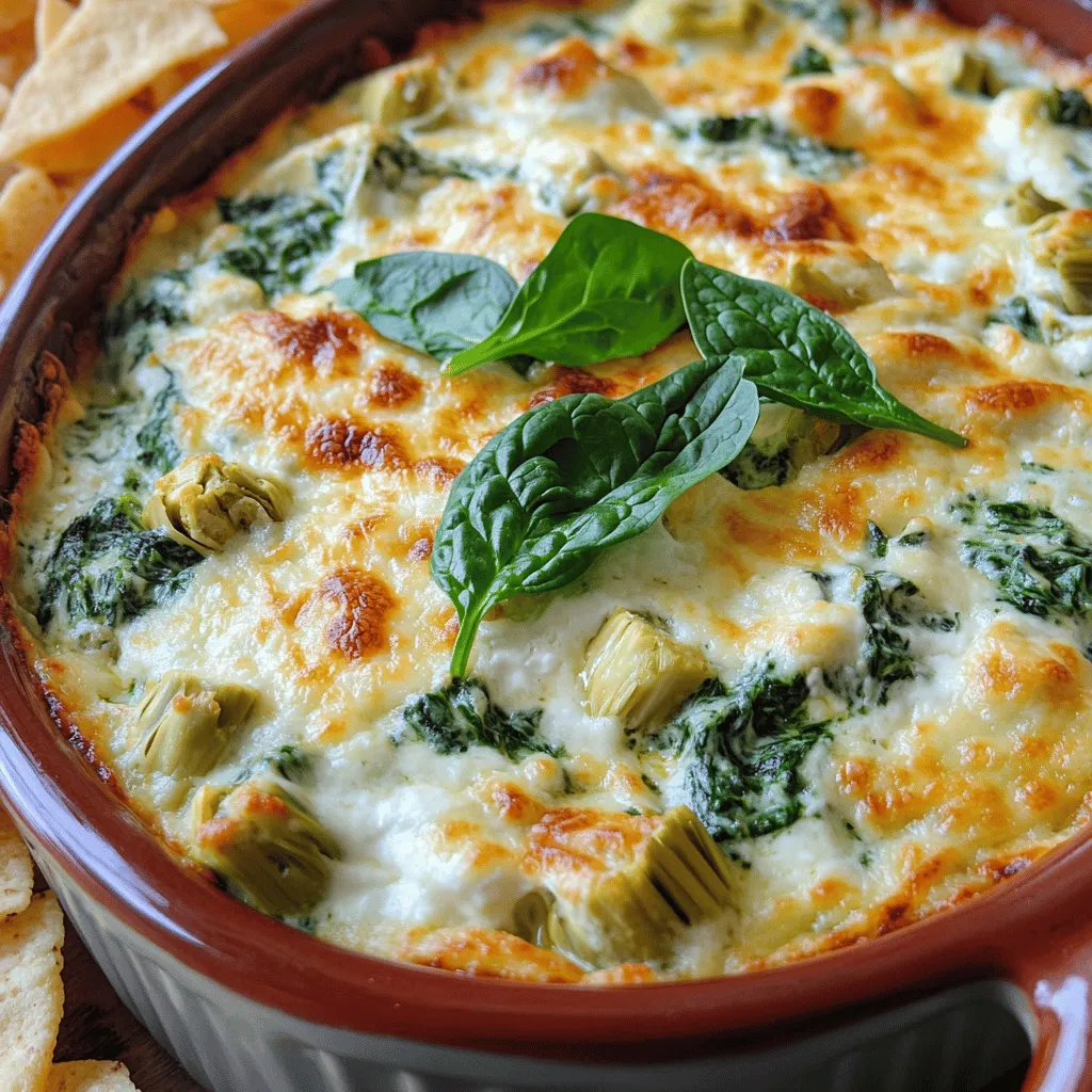 To make this dip, you need some simple ingredients. Here’s what you will need: - 1 cup fresh spinach, chopped - 1 cup canned artichoke hearts, drained and chopped - 1 cup cream cheese, softened - 1 cup sour cream - 1 cup shredded mozzarella cheese - 1/2 cup grated Parmesan cheese - 2 cloves garlic, minced - 1 teaspoon lemon juice - 1/2 teaspoon red pepper flakes (optional) - Salt and pepper to taste - 1/2 teaspoon dried oregano Each ingredient plays a key role. The spinach gives a fresh taste, while the artichokes add a unique flavor. Cream cheese and sour cream make it rich and creamy. Mozzarella and Parmesan add cheesy goodness. Garlic gives it depth, and lemon juice adds brightness. This dip is not only tasty but also has some nutritional value. One serving contains: - Calories: About 250 - Protein: 10g - Carbohydrates: 8g - Fat: 20g The combination of spinach and artichokes gives you some vitamins and minerals. Spinach has iron and calcium. Artichokes offer fiber and antioxidants. Enjoying this dip in moderation is a tasty treat. You can swap out some ingredients if you need to. For a lighter dip, use Greek yogurt instead of sour cream. You can also use low-fat cream cheese. If you like a bit of spice, add more red pepper flakes. If you don’t have fresh spinach, you can use frozen spinach. Just make sure to thaw and drain it well. You can also mix in other veggies like bell peppers or mushrooms for a twist. For the full recipe, check out the details in the main article. To make this dip, gather your ingredients first. You need fresh spinach, artichoke hearts, cream cheese, sour cream, mozzarella cheese, and Parmesan cheese. Don’t forget the garlic and spices! This recipe takes about 10 minutes to prep and 25 minutes to bake. 1. Preheat your oven to 375°F (190°C). 2. In a big bowl, mix the softened cream cheese and sour cream. Use a spatula to blend them well. 3. Add in the chopped spinach and artichoke hearts. Toss in the minced garlic, lemon juice, and mozzarella cheese. 4. Sprinkle in the Parmesan cheese, red pepper flakes, oregano, salt, and pepper. Stir until it’s all combined. 5. Pour the mixture into a baking dish. Spread it evenly with your spatula. 6. Bake for 20-25 minutes. Look for a bubbly, golden brown top. 7. Let it cool for a few minutes before you dig in! - Keep an eye on the time. If you overbake, the dip can dry out. - For a crispier top, broil for 1-2 minutes after baking. - Always serve warm for the best taste! Remember to check the [Full Recipe] for more details! One big mistake is overcooking the dip. Keep an eye on it while baking. You want it bubbly and golden brown, not burnt. Another mistake is not draining the artichokes well. Excess liquid can make your dip watery. Always drain them thoroughly before mixing. Lastly, don’t forget to taste as you go. Adjust the salt and pepper for the best flavor. To boost flavor, add more garlic. I love using three cloves instead of two. You can also sprinkle in some fresh herbs, like basil or parsley, right before serving. These add brightness. A splash of hot sauce can give your dip a nice kick. If you want a zesty twist, try adding a bit of lemon zest. It brightens up the whole dish. For a creamy texture, use softened cream cheese. Let it sit out before you start cooking. Mixing it well with the sour cream is key. Another tip is to fold in the cheese gently. This keeps the dip fluffy. If you want extra creaminess, try adding a splash of heavy cream. It makes the dip rich and smooth. {{image_2}} You can easily make this spinach artichoke dip healthier. Use Greek yogurt instead of sour cream. This swap adds protein and cuts fat. You can also use low-fat cream cheese for fewer calories. If you want a dairy-free option, try cashew cream or a vegan cream cheese. Both can taste great and still keep the dip creamy. Cheese can change the flavor of your dip. Instead of mozzarella, try cheddar or gouda for a richer taste. You could also use a blend of cheeses for more depth. Cream cheese is a must for that smooth texture. Parmesan adds a nice salty kick. Mixing cheeses can make your dip unique. Feel free to get creative with seasonal ingredients. In spring, add fresh herbs like basil or dill. In the fall, mix in roasted pumpkin for a sweet twist. You can also try adding sun-dried tomatoes for a burst of flavor. These small changes can make your spinach artichoke dip new and exciting. Check out the Full Recipe for more ideas! To keep your spinach artichoke dip fresh, store it in an airtight container. Make sure it cools down to room temperature first. This helps to avoid steam buildup, which can make the dip soggy. You can keep it in the fridge for up to 3 days. If you want to save it longer, consider freezing it. When it’s time to enjoy leftovers, preheat your oven to 350°F (175°C). Place the dip in an oven-safe dish. Cover it with foil to prevent burning. Heat for about 15 to 20 minutes, or until it’s warm and bubbly. You can also reheat it in the microwave. Just cover the dish and heat in short bursts, stirring in between. If you want to freeze your dip, use a freezer-safe container. It can last for up to 2 months in the freezer. When ready to eat, transfer it to the fridge to thaw overnight. Once thawed, follow the reheating instructions. This keeps the dip creamy and tasty. Enjoy your creamy spinach artichoke bliss dip whenever you want! You can make spinach artichoke dip ahead of time. Just mix all the ingredients and place them in a baking dish. Cover the dish tightly with plastic wrap and store it in the fridge. You can keep it there for up to two days. When you're ready to bake, remove the wrap and pop it in the oven. Bake it as directed in the Full Recipe. This way, you save time and still enjoy a hot dip. Yes, you can use fresh artichokes instead of canned. Fresh artichokes need some prep work. First, you must clean them and remove the tough outer leaves. Then, cook them in boiling water for about 30 minutes until they are tender. After cooling, chop the hearts and mix them into your dip. This gives a fresh taste to your dish. Just remember, canned artichokes save time! You can serve spinach artichoke dip with many tasty options. Pita chips are a classic choice. They add a nice crunch. Fresh veggies like carrots, celery, and bell peppers also work well. These add color and flavor. For something different, try tortilla chips or toasted baguette slices. You can even use crackers for dipping. This dip is versatile and pairs well with many snacks. Enjoy making your spread! Spinach Artichoke Dip is a delicious and easy dish. This blog showed key ingredients, cooking steps, and tasty tips. Remember to avoid common mistakes for the best flavor. You can experiment with healthy swaps or different cheeses to customize your dip. Store properly to keep it fresh. I hope you feel ready to make your delicious dip and impress your friends. Enjoy every creamy bite!