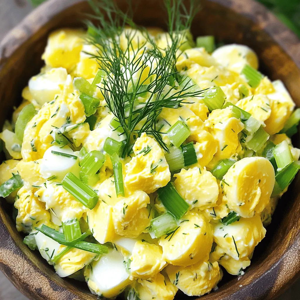 To make a classic egg salad, you need just a few simple ingredients. Here’s what you will need: - 6 large eggs - 1/4 cup mayonnaise - 1 tablespoon Dijon mustard - 1 tablespoon fresh lemon juice - 2 tablespoons finely chopped celery - 2 tablespoons finely chopped green onion - 1/4 teaspoon garlic powder - Salt and pepper to taste - Fresh dill for garnish (optional) These ingredients come together to create a creamy and flavorful dish. The eggs provide protein, while the mayonnaise adds richness. Dijon mustard and lemon juice bring a zesty kick that brightens the salad. Celery and green onion add a nice crunch and fresh taste. When you choose your ingredients, think about quality. Fresh eggs make a big difference in taste. Opt for the best mayonnaise you can find, as it enhances the overall flavor. You can even use fresh herbs if you want to add more taste. If you want the full recipe, check out the Eggcellent Delight Egg Salad 🥚🥗. It offers all the steps to make this simple and tasty dish. Enjoy making this classic salad! To make perfect boiled eggs, start with cold water. Place the eggs in a pot and cover them with water. Bring the water to a boil over medium-high heat. Once boiling, remove the pot from heat. Cover it and let it sit for 12-14 minutes. This method helps ensure the eggs cook evenly. Next, cool the eggs using the ice bath method. After the cooking time, drain the hot water. Immediately transfer the eggs to a bowl filled with ice water. Let them cool for about 5 minutes. This step stops the cooking process and makes peeling easier. Now it's time to mix the ingredients. In a large bowl, combine the mayonnaise, Dijon mustard, lemon juice, garlic powder, salt, and pepper. Stir these wet ingredients until they are creamy and smooth. When adding the eggs, celery, and green onion, gently fold them in. This keeps the eggs chunky, which makes for a better texture. Be careful not to mash the eggs. Taste the mixture and adjust the seasoning if needed. If you want, add fresh dill for a burst of flavor. Before serving, chill the egg salad for at least 30 minutes. This helps the flavors blend well. For an appealing presentation, serve the salad in a bowl and garnish with fresh dill. You can also use lettuce leaves for a nice touch. Enjoy your egg salad on toast or with crackers! To get the right texture, you want your egg salad creamy but not mushy. When you mix, fold the eggs gently. This keeps some chunks intact. If you want a twist, try adding ingredients like chopped pickles or even bacon bits. These add crunch and flavor. For seasonings, I recommend salt, pepper, and garlic powder. They bring out the egg's taste. Fresh herbs like dill or chives can give your salad a fresh lift. Experiment with different mustards too. Spicy brown mustard can give a nice kick. Always store your egg salad in an airtight container. This keeps it fresh longer. If you have leftovers, eat them within three days. To keep your salad fresh, layer a piece of plastic wrap directly on the surface. This reduces air exposure. When you're ready to eat, give it a quick stir to revive the flavors. For best taste, serve chilled. Check out the [Full Recipe] for more details on making this dish! {{image_2}} You can easily swap some ingredients in your egg salad for a twist. Using Greek yogurt instead of mayonnaise can cut calories. It adds protein and a tangy taste. Another swap is adding avocado. This makes the salad creamy and rich. It also gives healthy fats and a fresh flavor. You can enhance your egg salad with herbs and spices. Fresh dill or chives can brighten the flavor. You may also add a pinch of paprika for a bit of heat. For extra crunch, consider mix-ins like crispy bacon or sweet pickles. These add texture and flavor, making your dish unique. Explore the Full Recipe for more tips on making this classic dish your own! A serving of egg salad provides about 300 calories. It contains: - Protein: 12 grams - Fat: 25 grams - Carbohydrates: 5 grams Eggs are a great source of protein. They help build and repair tissues. The fat in the salad mainly comes from mayonnaise. This adds creaminess but also calories. The carbs are low, making it a good choice for many diets. Egg salad has some great benefits. Eggs are full of vitamins and minerals. They have vitamin D, B12, and choline. These nutrients support brain health and energy levels. The celery and green onions add fiber and crunch. To make egg salad healthier, consider these tips: - Use Greek yogurt instead of mayonnaise. It cuts calories and adds protein. - Add more veggies like bell peppers or cucumbers. This boosts nutrients and flavor. For those who want a lighter dish, reduce the amount of mayonnaise. You can also serve it on whole grain bread for added fiber. By following these tips, you keep the taste while making it better for you. Enjoy your eggcellent delight! If you want to make it, check out the Full Recipe. Homemade egg salad lasts about three to five days in the fridge. Store it in an airtight container. Always check for signs of spoilage, like off smells or changes in texture. Yes, you can make egg salad a day or two ahead. This allows the flavors to blend well. Just keep it chilled in the fridge until serving. Great side dishes include: - Fresh salad greens - Crispy potato chips - Sliced cucumbers - Tomato slices - Pickles These items complement the creamy texture of the egg salad. To make egg salad less caloric, you can: - Use Greek yogurt instead of mayonnaise. - Reduce the amount of mayonnaise used. - Add more veggies like celery or bell peppers. These swaps keep it tasty and fresh! To hard boil eggs perfectly, follow these steps: 1. Place the eggs in a pot and cover with cold water. 2. Bring the water to a boil over medium-high heat. 3. Remove from heat, cover, and let sit for 12-14 minutes. 4. Transfer eggs to an ice bath to cool. This method ensures the yolks remain bright and avoids a green ring. You can find the full recipe for a delicious egg salad in the previous sections. Egg salad is a classic dish that many love. It is easy to make and full of flavor. Here is how to create this tasty dish. Ingredients: - 6 large eggs - 1/4 cup mayonnaise - 1 tablespoon Dijon mustard - 1 tablespoon fresh lemon juice - 2 tablespoons finely chopped celery - 2 tablespoons finely chopped green onion - 1/4 teaspoon garlic powder - Salt and pepper to taste - Fresh dill for garnish (optional) First, we start with the eggs. Boil them to get that perfect hard-boiled texture. Place the eggs in a pot, then cover them with cold water. Bring the water to a boil over medium-high heat. Once boiling, remove the pot from the heat. Cover it and let it sit for 12 to 14 minutes. This hot water cooks the eggs gently. Next, we cool the eggs down. Drain the hot water and put the eggs in an ice bath. This is just cold water with ice. Let them sit for about five minutes. This step stops the cooking and makes them easier to peel. Now it's time to mix everything. Peel the eggs and chop them into small pieces. In a bowl, combine mayonnaise, Dijon mustard, lemon juice, garlic powder, salt, and pepper. Mix it well until it’s creamy and smooth. Add the chopped eggs, celery, and green onion to the bowl. Gently fold everything together. You want to keep the eggs chunky, not mushy. Taste the salad. If you like, add fresh dill for a nice touch. Cover the egg salad and put it in the fridge for at least 30 minutes. This allows the flavors to meld together. Serve it on bread, crackers, or just on its own. Enjoy your eggcellent delight! In this blog post, we explored how to make delicious egg salad. We covered the key ingredients and simple steps for boiling eggs and mixing the salad. You learned tips for perfecting texture, storing leftovers, and ideas for variations. I hope these insights help you create your own egg salad masterpiece. Enjoy experimenting with flavors and serving this dish to friends and family. With all this knowledge, you can make a tasty dish anytime!