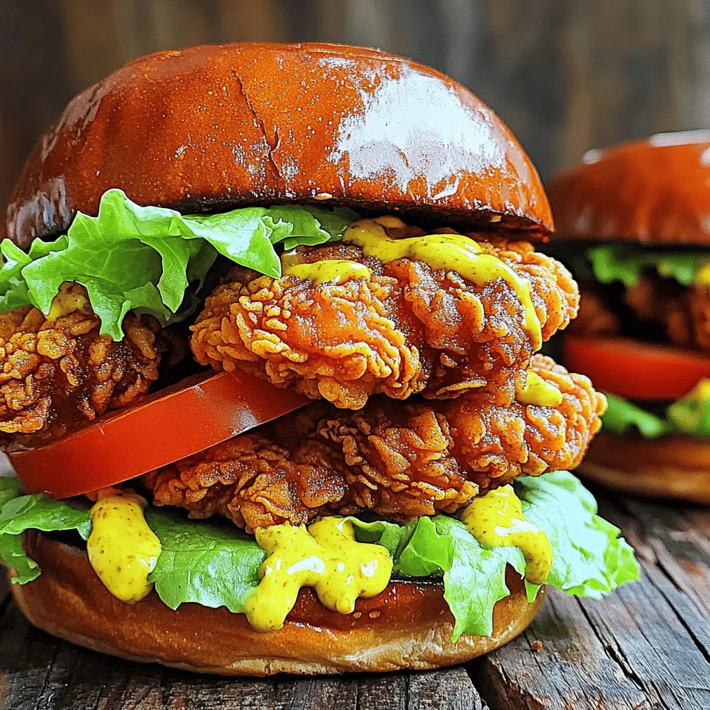 To make a crispy chicken sandwich, you need a few key items: - 2 boneless, skinless chicken breasts - 1 cup buttermilk - 1 cup all-purpose flour - 4 brioche burger buns - 1 cup lettuce leaves - 1 large tomato, sliced These ingredients form the base of your sandwich. The chicken gives protein, while the buns hold everything together. The flavor comes from the seasoning and coating. Here’s what you need: - 1 teaspoon paprika - 1 teaspoon garlic powder - 1 teaspoon onion powder - 1/2 teaspoon cayenne pepper (optional for extra heat) - Salt and black pepper to taste - Vegetable oil for frying These spices add warmth and depth. The flour creates a crunchy layer when fried. You can customize your sandwich with some extras: - 1/2 cup mayonnaise - 2 tablespoons honey - 1 tablespoon Dijon mustard This sauce gives a sweet and tangy kick. Feel free to add pickles or cheese for more flavor. You can find the full recipe in the Cooking section. Start by cutting the chicken breasts in half. This makes them cook faster. Place the chicken in a bowl. Pour in the buttermilk to cover the chicken. The buttermilk adds flavor and makes the chicken tender. For the best taste, marinate it for at least one hour. If you have time, let it sit in the fridge overnight. This step is key for juicy, flavorful chicken. Grab a second bowl for the breading. Combine the flour, paprika, garlic powder, onion powder, and cayenne pepper in it. Mix until everything blends well. Season with salt and black pepper to your liking. This mixture gives the chicken its crispy crust. Make sure to coat every piece of chicken well later. Heat about one inch of vegetable oil in a large skillet. Set the heat to medium-high. You want the oil to reach 350°F (175°C). A good test is to drop in a small piece of bread. If it sizzles, you are ready. Carefully add the chicken, cooking for about 5-7 minutes on each side. The chicken should be golden brown. Check that the inside reaches 165°F (75°C) for safety. If you have many pieces, fry them in batches to avoid crowding. Now it’s time to build your sandwich! Start by mixing the mayonnaise, honey, and Dijon mustard in a small bowl. Spread this honey mustard mayo on the bottom half of each brioche bun. Next, layer on the lettuce and a slice of tomato. Place the crispy chicken on top. Finally, add the top half of the bun. Your sandwich is ready to enjoy! For extra crunch, serve it warm with fries or a salad. For the complete recipe, check out the Full Recipe. To get that perfect crunch, start with the right chicken. Use boneless, skinless chicken breasts. Marinate them in buttermilk. This keeps the meat moist and tender. After marinating, coat the chicken well with the flour mixture. Press it in firmly to ensure it sticks. This helps create a thick, crispy layer. Fry the chicken in hot oil. Make sure the oil is around 350°F. If it’s too cold, the chicken absorbs more oil and becomes soggy. One common mistake is not letting the chicken rest after frying. Resting helps keep the chicken crispy. Another mistake is overcrowding the pan. Fry in small batches to ensure even cooking. Also, don’t skip the marinating step. It adds flavor and moisture. Lastly, don’t rush the frying. Cooking too quickly can burn the outside while leaving the inside raw. Keep an eye on the color and temperature. Use a large skillet or a deep frying pan for frying. A thermometer is key for checking oil temperature. A slotted spoon helps you safely remove the chicken from hot oil. Have paper towels ready for draining excess oil. A bowl for the buttermilk and another for the flour mixture will make your process smooth. Finally, a sharp knife for slicing the chicken is essential for serving. For the full recipe, check out Crunchy Bliss Crispy Chicken Sandwich. {{image_2}} To spice things up, add heat to your chicken. Use cayenne pepper or hot sauce in the marinade. You can also mix chili powder into the breading. This gives your sandwich a kick. Top with spicy pickles or jalapeños for more flavor. A spicy crispy chicken sandwich will make your taste buds dance. If you want a lighter option, try baking your chicken. Preheat your oven to 400°F (200°C). Coat the chicken as usual, but use a baking sheet lined with parchment paper. Spray the chicken lightly with oil. Bake for about 20-25 minutes until golden and cooked through. This method is tasty and cuts down on oil. You’ll love how easy this healthier version is! The sauce can change everything in your sandwich. Instead of the honey mustard mayo, try buffalo sauce for a tangy twist. You can also use ranch dressing for a creamy flavor. For a fresh taste, make a cilantro lime mayo. Just mix mayo with lime juice and chopped cilantro. Each sauce brings a new vibe to the crispy chicken sandwich. Explore these options for fun and tasty meals. For the full recipe details, refer to the Crunchy Bliss Crispy Chicken Sandwich 🥪. To keep your leftover crispy chicken fresh, place it in an airtight container. Make sure to let it cool first. Store it in the fridge for up to three days. This method helps maintain its flavor and texture. If you want to keep it longer, consider freezing it. Reheating your chicken can be tricky. For the best results, use an oven. Preheat your oven to 375°F (190°C). Place the chicken on a baking sheet. Heat for about 10-15 minutes. This will help the chicken stay crispy. Avoid using a microwave, as it can make the chicken soggy. If you want to freeze your chicken, wrap it tightly in plastic wrap. Then place it in a freezer bag or container. This prevents freezer burn. You can freeze your chicken for up to three months. When you're ready to eat it, thaw it in the fridge overnight before reheating. Enjoy your crispy chicken sandwich anytime! For the full recipe, check the detailed instructions. The best chicken for a crispy sandwich is boneless, skinless chicken breasts. They cook evenly and stay juicy. You can also use chicken thighs for a richer flavor. Both options give you a great crispy bite. I recommend marinating the chicken for at least 1 hour. For the best results, marinate overnight. This helps the chicken absorb flavors and stay tender. The buttermilk in the marinade helps create that juicy texture. Yes, you can! Baking is a healthier option. Coat the chicken as usual, then place it on a baking sheet. Bake at 400°F (200°C) for about 20-25 minutes. This will give you a nice crisp without frying. You can serve the sandwich with fries, coleslaw, or a side salad. Pickles also add a nice crunch. For a fun twist, try sweet potato fries or onion rings. They pair well with the sandwich. Look for local diners or specialty sandwich shops. Many fast-food places also serve crispy chicken sandwiches. Check out food blogs or apps for reviews. This can help you find hidden gems near you. This blog post covered how to make a crispy chicken sandwich from scratch. We talked about the key ingredients, the steps to marinate and fry the chicken, and how to assemble the perfect sandwich. Tips helped ensure a great texture, and we explored different variations and storage ideas. Making this sandwich at home is fun and rewarding. You can enjoy your meal and impress others with your skills. Try these steps and tips today!