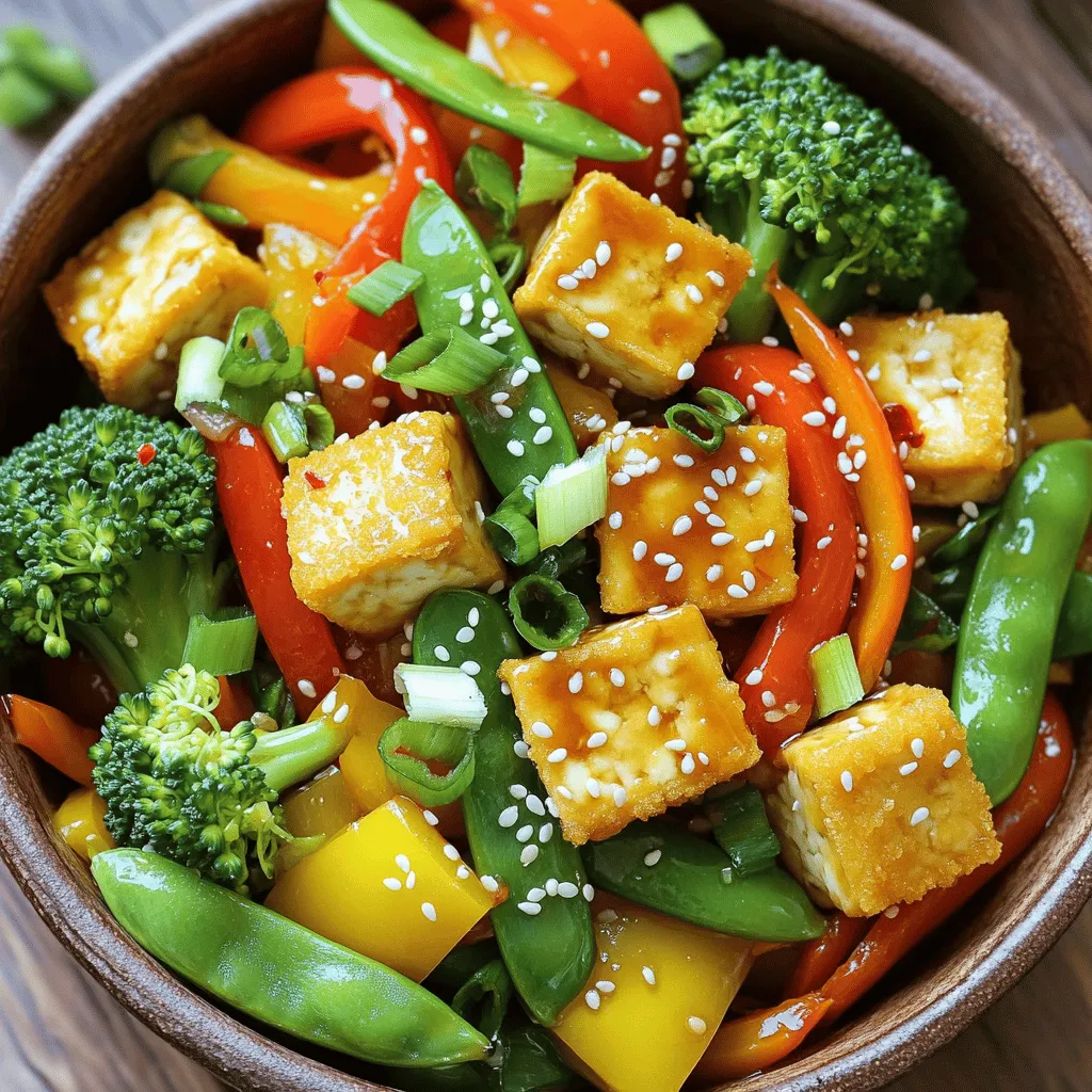 To make a tasty Vegetable Stir-Fry with Tofu, gather these ingredients: - 1 block (14 oz) firm tofu, pressed and cubed - 2 tablespoons cornstarch - 2 tablespoons vegetable oil - 1 red bell pepper, sliced - 1 yellow bell pepper, sliced - 1 cup broccoli florets - 1 medium carrot, julienned - 1 cup snap peas - 3 green onions, chopped - 3 cloves garlic, minced - 1-inch piece ginger, grated - 2 tablespoons soy sauce - 1 tablespoon sesame oil - 1 tablespoon rice vinegar - 1 teaspoon chili paste (adjust to taste) - Salt and pepper to taste - Sesame seeds for garnish For the best flavor, use fresh veggies. Here are my tips: - Choose bright and firm vegetables with no soft spots. - Look for firm tofu without any signs of spoilage. - Use seasonal produce for the best taste and value. - Store vegetables in the fridge until you are ready to cook. Need to switch things up? Here are some easy swaps: - Use tempeh instead of tofu for a nutty flavor. - Replace soy sauce with tamari for a gluten-free option. - Try coconut aminos for a sweeter sauce. - Add nuts or seeds for extra protein and crunch. For the full recipe with instructions, check the [Full Recipe]. Start by preheating your oven to 400°F (200°C). Press the tofu block gently with a clean kitchen towel. This removes extra water and helps make it crispy. Cut the pressed tofu into small cubes. Toss these cubes in cornstarch until they are fully coated. This gives the tofu a nice crunch when baked. While the tofu bakes, heat vegetable oil in a large wok or skillet over medium-high heat. Add minced garlic and grated ginger. Sauté these for about 30 seconds. They will smell amazing! Next, toss in the sliced red and yellow bell peppers, broccoli, julienned carrot, and snap peas. Stir-fry these veggies for about 5-7 minutes. You want them tender but still slightly crisp. Keep stirring to ensure they cook evenly. Once the vegetables are cooked, mix soy sauce, sesame oil, rice vinegar, and chili paste in a small bowl. Pour this sauce over the stir-fried veggies. Toss everything together for 2 minutes to let the flavors blend. After that, take the baked tofu from the oven and add it to the stir-fry. Gently mix to coat the tofu with the sauce. Season with salt and pepper to taste. Finally, sprinkle chopped green onions and sesame seeds on top for a lovely finish. You can find the detailed recipe [Full Recipe] to help guide your cooking! Tofu can be tricky. Pressing it removes excess moisture. This step makes it crispier when cooked. Coat the pressed tofu in cornstarch. This gives a nice crunch. Bake the tofu at 400°F for 25 minutes. Flip it halfway for even cooking. You want it golden and crispy. Use a large wok or skillet for stir-frying. This allows for even heat and space. Heat your oil before adding vegetables. Start with garlic and ginger for flavor. Add hardy veggies first, like carrots and broccoli. Then toss in softer ones, like peppers and snap peas. Stir-fry for 5-7 minutes. You want them tender yet crisp. For a tasty stir-fry, mix soy sauce, sesame oil, and rice vinegar. Add chili paste for heat. Adjust the amount to your taste. Season with salt and pepper to finish. Toss this mixture with your vegetables and tofu. Garnish with green onions and sesame seeds. This adds freshness and crunch. For a full experience, check the Full Recipe. {{image_2}} You can change the protein in this stir-fry to fit your taste. Instead of tofu, try chicken, shrimp, or tempeh. Each option brings its own flavor and texture. For chicken, slice it thinly and cook it until golden. For shrimp, cook until they turn pink and curl. Tempeh adds a nutty taste and works well with the same method as tofu. Feel free to switch out the vegetables based on what's in season. In spring, add asparagus or snap peas. In summer, use zucchini or bell peppers. For fall, consider adding squash or Brussels sprouts. Winter vegetables like kale or cabbage can also add great flavor. Experiment to find your favorite mix! You can change the sauce to match your mood. Try teriyaki or sweet and sour sauce for a new twist. A splash of lime juice can brighten up the dish. For heat, add more chili paste or fresh peppers. You can also sprinkle sesame seeds or chopped nuts for added crunch. Don't be afraid to get creative with spices! For the full recipe, check out the Vibrant Veggie Tofu Stir-Fry. After enjoying your stir-fry, store leftovers in an airtight container. Place the tofu and veggies together to keep their flavors. Refrigerate them within two hours to ensure safety. Use leftovers within three to four days for the best taste. To reheat, use a skillet or wok for the best results. Heat a little oil over medium heat. Add the stir-fry and cook until heated through. This helps keep the veggies crisp. You can also use a microwave, but it may not keep the same texture. Heat in short bursts, stirring often. If you want to freeze the stir-fry, place it in a freezer-safe bag or container. Remove as much air as possible. It can last for about three months in the freezer. When ready to eat, thaw it overnight in the fridge. Reheat as mentioned above for the best taste. Enjoy your vibrant veggie tofu stir-fry anytime! For the full recipe, refer to the earlier section. The best type of tofu for stir-frying is firm or extra-firm tofu. This tofu holds its shape well during cooking. It absorbs flavors without falling apart. It also gets a nice crisp outside when cooked. Look for tofu labeled as firm or extra-firm in your store. If you want a softer texture, you can try medium tofu, but it may break apart more easily. Yes, you can make this Vegetable Stir-Fry with Tofu ahead of time. To do this, cook the stir-fry as usual, then let it cool. Store it in an airtight container in the fridge. It will stay fresh for about 3 days. Just reheat it in a pan or microwave before serving. This makes it easy for meal prep or busy weeknights. Yes, this dish is both vegan and gluten-free. It uses plant-based tofu and fresh vegetables. The sauces used are typically gluten-free, but check labels to be sure. Soy sauce can contain gluten, so choose a gluten-free version if needed. This makes the dish a great option for many diets. Enjoy a tasty meal without worry! This article shared how to create a tasty vegetable stir-fry with tofu. We covered key ingredients, cooking steps, and helpful tips. You learned how to achieve the best tofu texture and how to store your dish properly. With the many variations and substitutions, you can easily adjust the recipe to fit your needs. Remember, cooking is about exploring flavors and enjoying the process. So, grab your ingredients and start stirring up something delicious today!