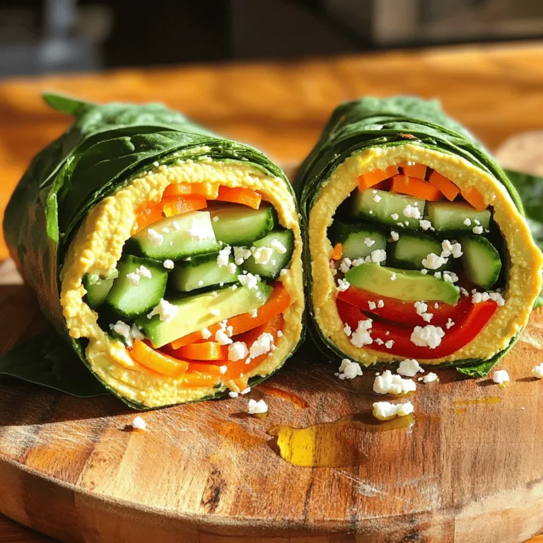 To make Simple Hummus Veggie Wraps, you need the following ingredients: - 4 large whole wheat tortillas - 1 cup hummus (store-bought or homemade) - 1 cup spinach leaves - 1 medium cucumber, julienned - 1 large carrot, julienned - 1 red bell pepper, sliced - 1/2 avocado, sliced - 1/4 cup feta cheese, crumbled (optional) - Salt and pepper to taste - 1 tablespoon olive oil (for drizzling) These ingredients create a fresh and satisfying wrap that is perfect for lunch or a snack. You can add extra ingredients to boost taste. Consider these options: - Sliced olives for a briny touch - A sprinkle of chili flakes for heat - Fresh herbs like dill or parsley for freshness - Sun-dried tomatoes for a sweet, tangy flavor These optional ingredients can take your wraps to the next level. If you have dietary needs, you can swap some ingredients easily. Here are some ideas: - Use gluten-free tortillas if you avoid gluten. - Swap hummus for guacamole for a different flavor. - Try different greens like arugula or kale instead of spinach. - Replace feta with a dairy-free cheese for a vegan option. These substitutions can help you enjoy the wraps while meeting your dietary goals. For the full recipe, check out the details! 1. First, lay your whole wheat tortillas flat on a clean surface. 2. Spread a thick layer of hummus on each tortilla. Leave an inch around the edges. 3. Next, layer the spinach leaves over the hummus. Cover the whole surface. 4. Add the julienned cucumber, carrot, and sliced red bell pepper on top. 5. Place avocado slices evenly over the veggies. You can sprinkle feta cheese if you like. 6. Season with a pinch of salt and pepper to enhance the taste. 7. Drizzle a little olive oil over the fresh ingredients for richness. 8. Roll the tortilla tightly, starting from one end. Tuck in the filling as you go. 9. Cut each wrap in half diagonally to show off the colorful filling. 10. Serve right away or wrap in parchment for a quick meal later. - Use fresh tortillas for better texture. They should be soft yet strong. - A spatula works well for spreading hummus. It makes it even and easy. - Try to layer veggies evenly to avoid a messy wrap. - A sharp knife helps cut the wraps cleanly. - If you want, you can prep extra wraps for later. - Don’t overfill the wraps. Too much filling makes them hard to roll. - Avoid using soggy veggies. They can make the wrap fall apart. - Skip the salt if you use feta. It adds enough saltiness on its own. - Don’t forget to leave space at the edges when spreading hummus. - Always cut the wraps with a sharp knife for a neat look. For the full recipe, you can refer to the entire section earlier in the article. Start with a good base. Spread hummus evenly on each tortilla. Leave space at the edges. Layer spinach leaves next. They add crunch and color. Then, add your julienned cucumber, carrot, and red bell pepper. This order keeps the wrap balanced. Avoid overloading one side. It helps with rolling later. Look for bright colors and firm textures. Choose cucumbers without soft spots. Carrots should be crisp, not limp. For bell peppers, pick ones that feel heavy. They should have shiny skin. If you can, buy from local farmers' markets. Fresh veggies taste better and are more nutritious. Making hummus at home is simple. You need a few key ingredients. Start with chickpeas, tahini, lemon juice, and garlic. Blend until smooth. Add olive oil for richness. Adjust the flavor with salt. You can also add spices like cumin for kick. Homemade hummus is creamy and delicious. Use it in your wraps for a fresh twist. Check the Full Recipe for more details. {{image_2}} You can easily adapt these wraps for any diet. If you're vegan, skip the feta cheese. Use a plant-based hummus instead. For gluten-free options, switch to gluten-free tortillas. You can also make this wrap low-carb by using large lettuce leaves instead of tortillas. This way, you still enjoy the same great taste while fitting your needs. To add more depth to your Simple Hummus Veggie Wraps, consider spices and herbs. A sprinkle of smoked paprika gives a nice kick. You can add fresh herbs like cilantro or dill for a burst of flavor. If you like a little heat, try adding sliced jalapeños or a dash of hot sauce. You can also mix in some roasted garlic for extra richness. Wraps don't have to be limited to tortillas. You can try flatbreads, pita bread, or even rice paper for a fun twist. For a crunchy bite, use nori sheets, the same ones used for sushi. Another option is to make it a bowl meal. Layer the ingredients in a bowl instead of a wrap. This way, you can enjoy all the flavors while keeping it fresh and creative. For the complete recipe, check out the [Full Recipe]. To keep your Simple Hummus Veggie Wraps fresh, wrap them tightly. Use parchment paper or foil. Place them in a sealed container or a zip-top bag. This helps prevent air from getting in, which can make the wraps soggy. Store them in the fridge. They stay good for up to three days. Reheat the wraps in a skillet over medium heat. Cook for a few minutes on each side. This warms the wraps and makes them a bit crispy. You can also enjoy them cold. Serve with extra hummus or your favorite dip for added flavor. Fresh veggies in the wraps last about five days in the fridge. Hummus can stay good for about a week if stored well. Whole wheat tortillas last longer, about two weeks unopened. Check the dates on your products to be sure. Enjoy your wraps while the ingredients are fresh for the best taste. To make hummus from scratch, you need simple ingredients. Use: - 1 can of chickpeas (15 oz), drained - 1/4 cup tahini - 2 tablespoons lemon juice - 1 clove garlic, minced - 2 tablespoons olive oil - Salt to taste Blend these in a food processor until smooth. Add water if it’s too thick. You can adjust the flavors by adding more garlic or lemon juice. This fresh hummus pairs perfectly with your wraps. Veggie wraps are packed with nutrients. They provide: - Fiber from whole wheat tortillas and fresh veggies - Vitamins and minerals from spinach, carrots, and peppers - Healthy fats from avocado and olive oil These wraps offer a low-calorie meal option. They keep you full while giving your body energy. Eating a variety of veggies also helps boost your immune system. Yes, you can prepare wraps in advance! Here’s how: - Make the wraps, but don’t cut them yet. - Wrap each one tightly in plastic wrap or foil. - Store them in the fridge for up to three days. When you’re ready to eat, just cut them in half. This makes a quick and healthy lunch or snack. For the best taste, add avocado just before eating to keep it fresh. You can find the Full Recipe for more details. In this post, we explored how to make Simple Hummus Veggie Wraps. We covered the key ingredients, optional flavors, and substitutions. You learned the steps for making wraps and common mistakes to avoid. We shared tips for choosing fresh veggies and making homemade hummus. Additionally, we discussed ways to customize and store your wraps. These wraps are easy to make and healthy. You can adjust ingredients to fit your needs. Enjoy creating your wraps with fresh ingredients and flavors!