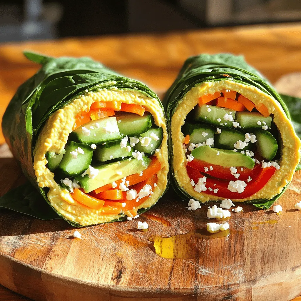 To make Simple Hummus Veggie Wraps, you need the following ingredients: - 4 large whole wheat tortillas - 1 cup hummus (store-bought or homemade) - 1 cup spinach leaves - 1 medium cucumber, julienned - 1 large carrot, julienned - 1 red bell pepper, sliced - 1/2 avocado, sliced - 1/4 cup feta cheese, crumbled (optional) - Salt and pepper to taste - 1 tablespoon olive oil (for drizzling) These ingredients create a fresh and satisfying wrap that is perfect for lunch or a snack. You can add extra ingredients to boost taste. Consider these options: - Sliced olives for a briny touch - A sprinkle of chili flakes for heat - Fresh herbs like dill or parsley for freshness - Sun-dried tomatoes for a sweet, tangy flavor These optional ingredients can take your wraps to the next level. If you have dietary needs, you can swap some ingredients easily. Here are some ideas: - Use gluten-free tortillas if you avoid gluten. - Swap hummus for guacamole for a different flavor. - Try different greens like arugula or kale instead of spinach. - Replace feta with a dairy-free cheese for a vegan option. These substitutions can help you enjoy the wraps while meeting your dietary goals. For the full recipe, check out the details! 1. First, lay your whole wheat tortillas flat on a clean surface. 2. Spread a thick layer of hummus on each tortilla. Leave an inch around the edges. 3. Next, layer the spinach leaves over the hummus. Cover the whole surface. 4. Add the julienned cucumber, carrot, and sliced red bell pepper on top. 5. Place avocado slices evenly over the veggies. You can sprinkle feta cheese if you like. 6. Season with a pinch of salt and pepper to enhance the taste. 7. Drizzle a little olive oil over the fresh ingredients for richness. 8. Roll the tortilla tightly, starting from one end. Tuck in the filling as you go. 9. Cut each wrap in half diagonally to show off the colorful filling. 10. Serve right away or wrap in parchment for a quick meal later. - Use fresh tortillas for better texture. They should be soft yet strong. - A spatula works well for spreading hummus. It makes it even and easy. - Try to layer veggies evenly to avoid a messy wrap. - A sharp knife helps cut the wraps cleanly. - If you want, you can prep extra wraps for later. - Don’t overfill the wraps. Too much filling makes them hard to roll. - Avoid using soggy veggies. They can make the wrap fall apart. - Skip the salt if you use feta. It adds enough saltiness on its own. - Don’t forget to leave space at the edges when spreading hummus. - Always cut the wraps with a sharp knife for a neat look. For the full recipe, you can refer to the entire section earlier in the article. Start with a good base. Spread hummus evenly on each tortilla. Leave space at the edges. Layer spinach leaves next. They add crunch and color. Then, add your julienned cucumber, carrot, and red bell pepper. This order keeps the wrap balanced. Avoid overloading one side. It helps with rolling later. Look for bright colors and firm textures. Choose cucumbers without soft spots. Carrots should be crisp, not limp. For bell peppers, pick ones that feel heavy. They should have shiny skin. If you can, buy from local farmers' markets. Fresh veggies taste better and are more nutritious. Making hummus at home is simple. You need a few key ingredients. Start with chickpeas, tahini, lemon juice, and garlic. Blend until smooth. Add olive oil for richness. Adjust the flavor with salt. You can also add spices like cumin for kick. Homemade hummus is creamy and delicious. Use it in your wraps for a fresh twist. Check the Full Recipe for more details. {{image_2}} You can easily adapt these wraps for any diet. If you're vegan, skip the feta cheese. Use a plant-based hummus instead. For gluten-free options, switch to gluten-free tortillas. You can also make this wrap low-carb by using large lettuce leaves instead of tortillas. This way, you still enjoy the same great taste while fitting your needs. To add more depth to your Simple Hummus Veggie Wraps, consider spices and herbs. A sprinkle of smoked paprika gives a nice kick. You can add fresh herbs like cilantro or dill for a burst of flavor. If you like a little heat, try adding sliced jalapeños or a dash of hot sauce. You can also mix in some roasted garlic for extra richness. Wraps don't have to be limited to tortillas. You can try flatbreads, pita bread, or even rice paper for a fun twist. For a crunchy bite, use nori sheets, the same ones used for sushi. Another option is to make it a bowl meal. Layer the ingredients in a bowl instead of a wrap. This way, you can enjoy all the flavors while keeping it fresh and creative. For the complete recipe, check out the [Full Recipe]. To keep your Simple Hummus Veggie Wraps fresh, wrap them tightly. Use parchment paper or foil. Place them in a sealed container or a zip-top bag. This helps prevent air from getting in, which can make the wraps soggy. Store them in the fridge. They stay good for up to three days. Reheat the wraps in a skillet over medium heat. Cook for a few minutes on each side. This warms the wraps and makes them a bit crispy. You can also enjoy them cold. Serve with extra hummus or your favorite dip for added flavor. Fresh veggies in the wraps last about five days in the fridge. Hummus can stay good for about a week if stored well. Whole wheat tortillas last longer, about two weeks unopened. Check the dates on your products to be sure. Enjoy your wraps while the ingredients are fresh for the best taste. To make hummus from scratch, you need simple ingredients. Use: - 1 can of chickpeas (15 oz), drained - 1/4 cup tahini - 2 tablespoons lemon juice - 1 clove garlic, minced - 2 tablespoons olive oil - Salt to taste Blend these in a food processor until smooth. Add water if it’s too thick. You can adjust the flavors by adding more garlic or lemon juice. This fresh hummus pairs perfectly with your wraps. Veggie wraps are packed with nutrients. They provide: - Fiber from whole wheat tortillas and fresh veggies - Vitamins and minerals from spinach, carrots, and peppers - Healthy fats from avocado and olive oil These wraps offer a low-calorie meal option. They keep you full while giving your body energy. Eating a variety of veggies also helps boost your immune system. Yes, you can prepare wraps in advance! Here’s how: - Make the wraps, but don’t cut them yet. - Wrap each one tightly in plastic wrap or foil. - Store them in the fridge for up to three days. When you’re ready to eat, just cut them in half. This makes a quick and healthy lunch or snack. For the best taste, add avocado just before eating to keep it fresh. You can find the Full Recipe for more details. In this post, we explored how to make Simple Hummus Veggie Wraps. We covered the key ingredients, optional flavors, and substitutions. You learned the steps for making wraps and common mistakes to avoid. We shared tips for choosing fresh veggies and making homemade hummus. Additionally, we discussed ways to customize and store your wraps. These wraps are easy to make and healthy. You can adjust ingredients to fit your needs. Enjoy creating your wraps with fresh ingredients and flavors!