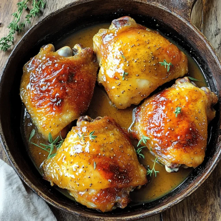 - 4 bone-in chicken thighs, skin-on - 1/4 cup honey - 1/4 cup Dijon mustard - 2 tablespoons whole grain mustard - 2 tablespoons apple cider vinegar - 3 cloves garlic, minced - 1 teaspoon paprika - Salt and pepper to taste - Olive oil for cooking The main ingredients for honey mustard chicken thighs create a perfect balance of sweet and tangy. The chicken thighs give you juicy meat with crisp skin. Honey adds a natural sweetness, while Dijon mustard brings in a nice kick. Whole grain mustard adds texture and depth. Apple cider vinegar gives a bright note that cuts through the richness. Garlic and paprika round out the flavor, making it all pop. - Fresh thyme leaves for garnish Adding fresh thyme is optional but can elevate the dish. Thyme brings a fresh, herbal note that pairs beautifully with the honey mustard sauce. It also adds a lovely touch of color. If you have some on hand, I highly recommend using it for garnish. For the full recipe, check out the details above. First, preheat your oven to 400°F (200°C). This step gets your oven ready for cooking. While it heats, pat the chicken thighs dry with paper towels. Dry skin helps it get crispy. Next, sprinkle salt and pepper on both sides of the chicken. This adds great flavor. Now, let's make the honey mustard sauce. In a mixing bowl, whisk together the following ingredients: - 1/4 cup honey - 1/4 cup Dijon mustard - 2 tablespoons whole grain mustard - 2 tablespoons apple cider vinegar - 3 cloves garlic, minced - 1 teaspoon paprika - Salt and pepper to taste Whisk until everything is combined. This sauce brings a sweet and tangy kick to the chicken. Next, grab an oven-safe skillet. Heat a tablespoon of olive oil over medium-high heat. Once hot, add the chicken thighs skin-side down. Sear them for about 5-7 minutes. You want the skin to be golden brown and crispy. After that, flip the chicken over. Pour the honey mustard mixture over the chicken. Make sure to coat it well. Transfer the skillet to the oven and roast for 25-30 minutes. The chicken should reach an internal temperature of 165°F (75°C) when done. Once cooked, remove it from the oven and let it rest for 5 minutes before serving. You can find the full recipe here. To get crispy skin on your chicken thighs, start by drying them well. Use paper towels to pat the skin dry. This helps remove moisture that can make the skin soggy. Next, use a heavy skillet that can hold heat well. Cast iron pans work great for this. Sear the chicken thighs skin-side down for 5 to 7 minutes. You want the skin to be golden brown and crisp before flipping them. To boost the flavor of your honey mustard glaze, consider adding herbs or spices. Fresh thyme or rosemary adds a nice touch. You can also sprinkle in some cayenne pepper for heat. For deeper flavor, marinate the chicken for a few hours or overnight. This extra time allows the flavors to soak in, making each bite even tastier. When it comes to sides, roasted vegetables or a fresh salad pair well with honey mustard chicken. Creamy mashed potatoes also make a great match. For a beautiful presentation, place the chicken on a platter and drizzle extra sauce over the top. Adding fresh thyme leaves as a garnish makes it look even nicer. For the full recipe, check out the details above. {{image_2}} You can switch up the chicken thighs for other proteins like pork or tofu. Both work great with the honey mustard sauce. If you want a lighter dish, try using skinless chicken breasts. They cook faster and stay juicy when cooked properly. For sweetener options, you can use maple syrup or agave nectar. These give a nice twist to the flavor. If you want a sugar-free choice, try a sugar substitute that fits your diet. You still get that sweet taste without the added sugar. You can cook honey mustard chicken thighs in different ways. Grilling adds a smoky flavor that many people love. Just marinate the chicken first, then grill until cooked through. Baking is another easy method. You get crispy skin and tender meat. Follow the same steps from the Full Recipe, and you will have a delicious meal. Slow cookers are great for busy days. Just add the chicken and sauce, set it, and forget it. In a few hours, you will have tender chicken with rich flavors. To give your honey mustard chicken an Asian flavor, add soy sauce or ginger. These ingredients will change the taste and make it unique. You can even toss in some sesame seeds for crunch. If you want a Mediterranean spin, use olive oil, oregano, and lemon juice. This twist brings fresh, bright tastes to the dish. Serve it with a side of couscous or a salad for a full meal. Store your honey mustard chicken thighs in the fridge to keep them fresh. First, let the chicken cool down. Then, place it in an airtight container. This helps lock in flavor and moisture. I suggest using a glass or plastic container with a tight lid. You can also wrap the chicken tightly in foil or plastic wrap if you prefer. If you want to save chicken for later, freezing is a great option. First, let the chicken cool completely. Then, wrap each thigh in plastic wrap. Place the wrapped thighs in a freezer-safe bag. Make sure to remove as much air as you can. This prevents freezer burn. To reheat, take the chicken out of the freezer and let it thaw in the fridge overnight. You can then reheat it in the oven at 350°F (175°C) until warmed through. In the fridge, honey mustard chicken lasts about 3-4 days. If you freeze it, the chicken can last up to 3 months. Always check for any off smells or changes in texture before eating. Keeping track of storage dates helps you enjoy your leftovers at their best. To cook chicken thighs safely, reach an internal temperature of 165°F (75°C). For bone-in thighs, I recommend roasting them in the oven at 400°F (200°C) for about 25-30 minutes. This ensures they cook evenly and remain juicy. Always check the thickest part of the meat, near the bone, to confirm the right temperature. Yes, you can prepare honey mustard chicken thighs ahead of time! For meal prep, season the chicken and coat it with the honey mustard sauce. Store it in the fridge for up to 24 hours before cooking. When ready, simply bake it according to the recipe. Reheating is easy; just warm it in the oven until hot throughout. Honey mustard chicken thighs can be a healthy choice. They provide protein and essential nutrients. The chicken offers protein while the honey adds natural sweetness. However, consider portion sizes, as honey adds sugar. Using less honey or substituting it with a sugar alternative can make it lighter. Enjoy it with veggies for a balanced meal! Honey mustard chicken thighs are easy to make and taste great. You need simple ingredients and clear steps. We talked about the best ways to make, serve, and store this dish. Remember, you can add your twist with flavors and cooking methods. Enjoy this dish for a special meal or a quick weeknight dinner. With the tips shared, you'll get more flavor and crunch. Try it out, and I hope it becomes a family favorite!