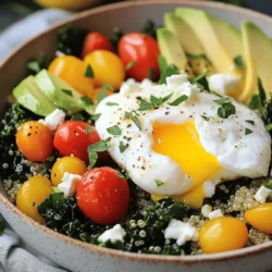 The Savory Quinoa Breakfast Bowl is a great way to start your day. It takes just 20 minutes to prepare and serves two. You can easily adjust the ingredients to fit your taste. This bowl is both filling and nutritious, making it a perfect morning meal. This breakfast bowl has simple yet delicious ingredients. Here’s what you need: - 1 cup cooked quinoa - 1 tablespoon olive oil - 1 cup kale, chopped - 1 small red bell pepper, diced - 1/2 cup cherry tomatoes, halved - 1/4 cup feta cheese, crumbled - 2 large eggs - Salt and pepper to taste - 1 tablespoon lemon juice - 1/4 avocado, sliced (for garnish) - Fresh herbs (like parsley or cilantro) for garnish Each ingredient adds flavor and texture. Quinoa serves as the base. It is a whole grain and packed with protein. Quinoa is a superfood. It is high in protein and fiber, which keeps you full longer. It has all nine essential amino acids, making it a complete protein. This grain also has vitamins and minerals like magnesium and iron. Eating quinoa can help with digestion and provide energy for your day. Adding veggies like kale and bell peppers boosts vitamins A and C. The feta cheese adds calcium, while the eggs bring healthy fats and more protein. This breakfast bowl is not just tasty; it is also a smart choice for your health. Start by cooking the quinoa according to the package directions. It usually takes about 15 minutes. While the quinoa cooks, wash and chop your vegetables. I love using kale, red bell pepper, and cherry tomatoes. Next, heat one tablespoon of olive oil in a skillet over medium heat. Add the chopped kale. Sauté it for 2 to 3 minutes until it wilts. This makes the kale tender and bright. Then, toss in the diced red bell pepper. Cook it with the kale for about 3 to 4 minutes until it softens. Finally, add the halved cherry tomatoes and the cooked quinoa to the skillet. Season with salt, pepper, and a squeeze of lemon juice. Mix well and heat through for about 2 minutes. You can choose how to cook your eggs. I recommend poaching or frying them. For poached eggs, bring water to a gentle simmer in a small pot. Crack an egg into a small bowl, then gently slide it into the water. Cook for about 3 to 4 minutes until the whites are set. If you prefer fried eggs, heat a non-stick pan over medium heat. Add a little olive oil, then crack the eggs in. Cook until the whites are firm and the yolks are your desired doneness. Scrambled eggs also work well here, if that's your style! Now comes the fun part: assembling your bowl. Start with the quinoa mixture as the base. Use a wide, shallow bowl to show off those vibrant colors. Place a poached or fried egg right on top of the quinoa. Sprinkle crumbled feta cheese over the egg for a creamy touch. Add sliced avocado for richness and garnish with fresh herbs like parsley or cilantro. This Savory Quinoa Breakfast Bowl is a complete meal packed with nutrients. It will give you a healthy morning boost and keep you full until lunch! For the complete recipe, check out the Full Recipe section. To boost the flavor of your Savory Quinoa Breakfast Bowl, use seasonings wisely. Salt and pepper are key, but you can add more. Consider garlic powder or onion powder for depth. A pinch of smoked paprika adds warmth. If you want a kick, try red pepper flakes. Stir these in with the quinoa for a well-rounded taste. Cooking your veggies correctly makes a big difference. For kale, sautéing is best. It softens the leaves and brings out their natural sweetness. Cook them just until they wilt. For bell peppers, stir-frying works great. This method keeps them crunchy and colorful. Cherry tomatoes need only a quick heat to become juicy. Add them last to the mix. Presentation matters, even for a breakfast bowl. Use wide, shallow bowls to display the colors. Layer the quinoa mixture first, then add your egg on top. Crumbled feta adds a nice touch. Finish with slices of avocado and fresh herbs like parsley or cilantro. Drizzle a bit of lemon juice or olive oil for shine. These small details make your meal look gourmet, just like in a restaurant. {{image_2}} You can easily adapt this recipe for vegetarian or vegan diets. For a vegetarian version, simply keep the eggs and feta cheese. If you want a vegan bowl, replace the eggs with tofu or chickpeas. Use nutritional yeast instead of feta for a cheesy taste. Both options maintain the protein while keeping it plant-based. Feel free to boost the nutrition of your breakfast bowl. You can add spinach for iron or sweet potatoes for fiber. Chia seeds or flaxseeds are also great options. They add omega-3 fatty acids and extra crunch. These add-ins not only enhance nutrition but also add exciting textures. Experimenting with flavors can make your quinoa bowl exciting. Try adding a dash of smoked paprika or cumin for warmth. Fresh herbs like basil or dill can brighten the dish. For a kick, toss in some jalapeños or sriracha. These combinations will create a new experience with every bowl. To keep your Savory Quinoa Breakfast Bowl fresh, use an airtight container. Let the bowl cool down before sealing it. Store it in the fridge for best results. This method helps lock in flavor and keeps the bowl safe to eat later. When you're ready to enjoy your leftovers, heat them gently. You can use the microwave or a skillet. If using a microwave, cover the bowl to keep moisture in. Stir the quinoa mix halfway through to ensure even heating. If you use a skillet, add a splash of water for steam. This step keeps the dish moist and flavorful. You can store the Savory Quinoa Breakfast Bowl in the fridge for up to three days. After that, the ingredients may lose their taste and texture. If you want to keep it longer, consider freezing the quinoa mix. Just remember to separate the eggs and toppings before freezing. This way, you can enjoy the bowl at a later date without losing quality. Yes, you can make this recipe ahead of time. Cook the quinoa and veggies separately. Store them in airtight containers in the fridge. You can reheat them quickly in the morning. Just cook the eggs fresh for the best taste. This way, you save time on busy mornings. You can add many ingredients to this breakfast bowl. Try adding cooked beans for extra protein. Sautéed mushrooms or zucchini can add great flavor. You can also include different cheeses, like goat cheese or cheddar. Fresh spinach or arugula can be a nice green touch. You can even add nuts or seeds for crunch. Quinoa is a great breakfast option. It is high in protein and fiber, which keeps you full. It has many important vitamins and minerals, too. Quinoa is also gluten-free, making it safe for those with gluten issues. Plus, it’s easy to cook and mixes well with many flavors. You can enjoy it sweet or savory. This blog post covered how to make a tasty quinoa breakfast bowl. You learned about key ingredients, cooking steps, and tips to boost flavor. We discussed nutritious add-ins and different variations to suit your taste. Storage tips help keep leftovers fresh and tasty. In summary, a quinoa breakfast bowl is easy to prepare and healthy. It’s a great way to start your day. You can customize it to fit your needs and enjoy it anytime. Start your morning right with this wholesome dish!