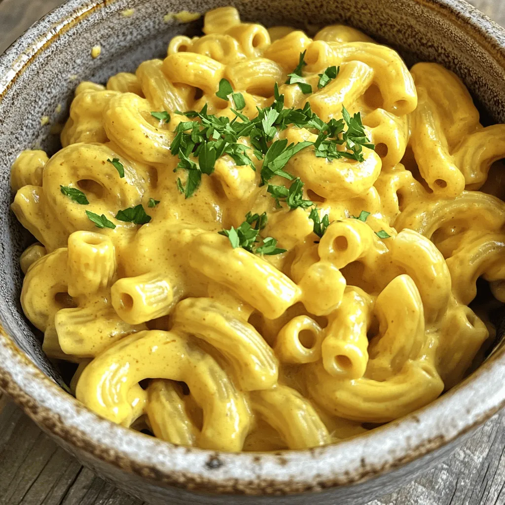 To make the best vegan mac and cheese, gather these key items: - 2 cups elbow macaroni (or gluten-free pasta) - 1 cup raw cashews (soaked in water for 2-4 hours) - 1 cup unsweetened almond milk (or any non-dairy milk) - 1/4 cup nutritional yeast - 2 tablespoons olive oil - 1 teaspoon garlic powder - 1 teaspoon onion powder - 1 teaspoon smoked paprika - 1 tablespoon lemon juice - Salt and pepper to taste These ingredients blend together to create a rich, creamy sauce. The soaked cashews are key for that smooth texture. Nutritional yeast adds a cheesy flavor without dairy. To make your dish even better, consider these garnishes: - Fresh parsley, chopped - Crushed red pepper flakes - Bread crumbs (for a crunchy topping) - Sliced green onions These add color and flavor, making your dish more inviting. A sprinkle of parsley can brighten up the meal. If you are missing an ingredient or want to switch things up, try these substitutes: - Use any gluten-free pasta instead of elbow macaroni - Swap almond milk for soy or oat milk - Replace cashews with sunflower seeds for nut-free options - Use apple cider vinegar instead of lemon juice These options keep the flavor and texture while meeting different dietary needs. Don't hesitate to experiment and find your favorite combo. For the full recipe, check out the detailed instructions. First, fill a large pot with water. Add a good pinch of salt and bring it to a boil. Once boiling, add the elbow macaroni. Cook it according to the package instructions. I usually aim for al dente, which gives a nice bite. After cooking, drain the pasta and set it aside. While the pasta cooks, it’s time to make the creamy sauce. Grab a high-speed blender. Add the soaked cashews, almond milk, and nutritional yeast. Then, pour in the olive oil and add garlic powder, onion powder, smoked paprika, and lemon juice. Season with salt and pepper. Blend this mixture until it’s smooth and creamy. Taste it and adjust the seasoning if you want. Now, take the pot where you cooked the pasta. Add the drained macaroni back into the pot. Pour the creamy sauce over the pasta. Stir gently over low heat. Make sure the pasta gets well coated with that rich sauce. Heat everything through, and it’s ready to serve. You can find the full recipe in the earlier section. Enjoy your creamy vegan mac and cheese! To make your vegan mac and cheese super creamy, start with soaked cashews. Soaking them for 2-4 hours makes them soft. This helps when you blend them. Use a high-speed blender for the best results. Blend until the mixture is silky smooth. If the sauce is too thick, add more almond milk. This will help you reach the right consistency. Seasoning is key for flavor. Nutritional yeast gives a cheesy taste. Garlic powder and onion powder add depth. Smoked paprika adds a nice smoky flavor. You can also add a pinch of cayenne for heat. Taste your sauce before mixing it with the pasta. Adjust salt and pepper to your liking. Don’t be shy with the seasonings; they make a big difference! You can cook this dish on the stovetop or in the oven. Stovetop cooking is quick. Just mix the pasta with the creamy sauce and heat it gently. If you prefer a baked version, transfer the mixture to a baking dish. Top with breadcrumbs for a crunchy finish. Bake it at 350°F for about 20 minutes. Both methods yield delicious results! For the complete recipe, check out the Full Recipe section. {{image_2}} Want to make your vegan mac and cheese more filling? Adding protein boosts the dish. Tofu and tempeh are great choices. Both add texture and nutrition. - Tofu: Use firm tofu for a nice bite. Cube it and sauté until golden. Mix it into the mac and cheese before serving. - Tempeh: Crumble tempeh for a nutty flavor. Sauté it with spices for added taste. Stir it in with the pasta for a hearty meal. These options make your dish not just creamy, but also rich in protein. If you need a gluten-free version, that's easy! Just swap regular pasta for gluten-free pasta. Many options exist, like brown rice or chickpea pasta. They cook similarly and will taste great in this dish. You can also use gluten-free breadcrumbs on top for a crunchy finish. Just bake it for a few minutes until golden. This way, everyone can enjoy vegan mac and cheese, no matter their dietary needs. To make your vegan mac and cheese pop, add some flavor boosters. Spices and herbs can change the whole dish. Here are my favorites: - Smoked Paprika: This adds a smoky taste. A little goes a long way. - Nutritional Yeast: This gives a cheesy flavor without dairy. Add more for a stronger taste. - Fresh Herbs: Try basil or thyme for a fresh twist. Just chop and sprinkle on top before serving. Feel free to experiment with different flavors. Make it your own, and enjoy every creamy bite! For the complete recipe, check out the Full Recipe section. To keep your vegan mac and cheese fresh, store it in an airtight container. Make sure the dish cools down first. Place it in the fridge if you plan to eat it within three days. For longer storage, consider freezing it. Always label your container with the date. When you are ready to enjoy the leftovers, gently reheat the mac and cheese. Use a pot on low heat to warm it up. Stir in a splash of almond milk for creaminess. You can also use a microwave. Heat in short bursts, stirring in between until warm. Freezing is a great option for meal prep. First, let the dish cool completely. Then, portion it into freezer-safe containers. This way, you can take out just what you need. Vegan mac and cheese can last up to two months in the freezer. When you’re ready, thaw it overnight in the fridge before reheating. For the full recipe, check the details above. Yes, vegan mac and cheese can be healthy. It uses whole ingredients like nuts and vegetables. Cashews provide healthy fats and protein. Nutritional yeast adds a cheesy flavor and vitamins. This dish is also free from dairy and cholesterol. You can adjust the recipe by adding veggies like spinach or broccoli. These add fiber and nutrients. Overall, it's a tasty and wholesome choice. Absolutely! You can use any pasta you like. Elbow macaroni is classic, but feel free to switch it up. Try whole wheat for more fiber. Gluten-free pasta works too if you need that option. Quinoa or lentil pasta adds extra protein. Just remember to cook the pasta according to the package. This way, your vegan mac and cheese stays creamy and delicious. There are many great dairy-free cheese options. Nutritional yeast is a top choice for its cheesy flavor. You can also find store-bought vegan cheeses made from nuts or soy. Look for brands that use simple, whole ingredients. These options melt well and add creaminess. If you want a sharp flavor, try a cashew-based cheese. They pair perfectly with your vegan mac and cheese. For more details, check the Full Recipe. This blog post covered the joy of making vegan mac and cheese. We explored the key ingredients, from pasta to creamy sauce options. I shared tips for achieving the perfect texture and seasoning. You also learned about tasty variations and how to store your dish properly. In the end, vegan mac and cheese lets you enjoy a classic flavor without dairy. Try these steps, and you'll impress your friends and family. Dive into this delicious recipe and make it your own!