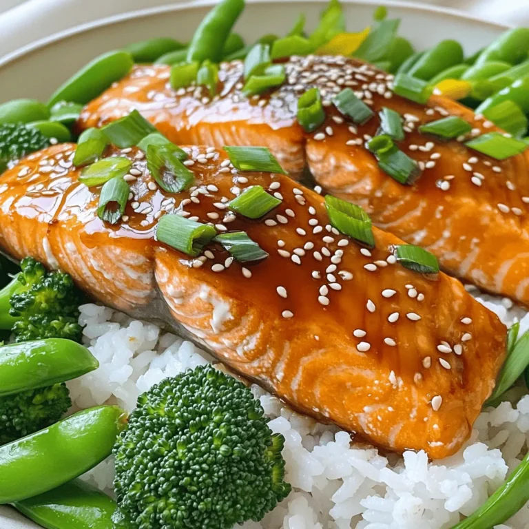 - Salmon fillets (4, skin-on or off) - Soy sauce (1/4 cup, low sodium recommended) - Honey (1/4 cup) - Rice vinegar (2 tablespoons) - Sesame oil (2 tablespoons) - Garlic (2 cloves, minced) - Fresh ginger (1 teaspoon, grated) - Cornstarch (1 tablespoon) - Water (2 tablespoons) - Sesame seeds (1 teaspoon for garnish) - Green onions (2, sliced) - Steamed rice or quinoa - Steamed vegetables (e.g., broccoli or snap peas) When making Sweet and Savory Teriyaki Salmon, the ingredients truly shine. What are the main ingredients? The main ingredients are salmon fillets, soy sauce, and honey. Salmon is rich in omega-3 fatty acids. Soy sauce gives that salty umami kick. Honey adds that perfect sweet touch. Together, they create a flavor that dances on your taste buds. What are the additional ingredients? The additional ingredients include rice vinegar, sesame oil, and garlic. Rice vinegar adds a tangy note. Sesame oil gives a nutty depth to the sauce. Garlic brings a hint of warmth and aroma. What garnishes and serving suggestions should I use? For garnishes, use fresh ginger, cornstarch, and sesame seeds. Green onions add a fresh crunch. Serve the salmon over a bed of steamed rice or quinoa. Add steamed vegetables, like broccoli or snap peas, for a complete meal. This dish not only tastes great but looks stunning too. The vibrant colors and glossy sauce make it a feast for the eyes. You’ll love how easy it is to whip up this flavorful delight. For the full details on how to create this dish, check the Full Recipe. To make the teriyaki sauce, grab a medium bowl. Whisk together these ingredients: - 1/4 cup soy sauce - 1/4 cup honey - 2 tablespoons rice vinegar - 2 tablespoons sesame oil - 2 minced garlic cloves - 1 teaspoon grated fresh ginger This mix gives your salmon a sweet and savory flavor. I love how the honey balances the saltiness from the soy sauce. In a small bowl, mix together: - 1 tablespoon cornstarch - 2 tablespoons water Stir until smooth. Once that’s done, add this mix to your teriyaki sauce. This step makes the sauce thicker and stickier, which is perfect for coating the salmon. Heat a non-stick skillet over medium heat. Place the salmon fillets in the pan, skin-side down if you prefer. Sear them for about 5 minutes. This gives the salmon a nice crust. Next, carefully flip the salmon. Pour the teriyaki sauce over the top. Cook for another 4-5 minutes. Basting the salmon with the sauce will add more flavor. You will know it's done when the salmon flakes easily with a fork. Remove the salmon from the skillet and let it rest for a few minutes. Drizzle any leftover sauce over the salmon as you plate them. Enjoy your sweet and savory teriyaki salmon! For the full recipe, check out the details in the recipe section. To sear salmon well, use a hot pan. Heat your skillet over medium heat. Add a bit of oil to help prevent sticking. Place the salmon skin-side down if you have skin. Cook for about 5 minutes without moving it. This gives a nice brown color. Basting is key for flavor. After flipping the salmon, pour the teriyaki sauce over it. Use a spoon to scoop the sauce and drizzle it over the fillets. This adds more taste and keeps the salmon moist. You can add extra spices to make it your own. Try garlic powder or smoked paprika. Fresh herbs like cilantro or basil also work well. If you want it sweeter, add more honey. For a saltier taste, a bit more soy sauce does the trick. Taste as you go to find what you like best. Serve your teriyaki salmon over rice or quinoa. This not only fills you up but also looks great. Arrange the salmon nicely on the plate. Garnish with sesame seeds and sliced green onions. This adds a pop of color and makes the dish look fancy. The full recipe gives you all the steps to make this meal shine! {{image_2}} You can switch up the protein in this dish. Chicken or tofu works great with teriyaki sauce. Both will soak up the flavors well. Just adjust cooking times. Chicken needs longer to cook through, while tofu just needs to warm up. For sweeteners, honey is popular, but you can try maple syrup or agave nectar. Each option adds its own unique taste. You can also play with the amount to match your preference. Want to give your teriyaki sauce a twist? Adding fruit juices can change the whole vibe. Orange juice adds a bright note, while pineapple juice brings a sweet and tangy flavor. You can also infuse the sauce with other flavors. A bit of chili adds heat, and hoisin sauce adds depth. Mix and match to find your favorite flavor combinations. You have options when it comes to cooking styles. Grilling gives a smoky taste and nice char. Pan-searing allows for a crispy edge. Both methods are easy and quick. If you want a healthier option, try baking. Preheat your oven to 375°F. Place the salmon on a baking sheet and pour the sauce over it. Bake for about 15-20 minutes. This method keeps the salmon moist and flavorful. Enjoy this dish with steamed rice and veggies for a complete meal. For the full recipe, check out Sweet and Savory Teriyaki Salmon. To keep your teriyaki salmon fresh, store it right away. Place the salmon in an airtight container. Make sure it cools to room temperature first. It stays good in the fridge for up to three days. If you want to keep it longer, freezing is a great option. For best results, use freezer-safe bags or containers. This helps prevent freezer burn and keeps the flavor intact. When reheating salmon, you want to keep it moist. The best way is to use an oven. Preheat it to 300°F. Place the salmon on a baking sheet and cover it with foil. Heat for about 10 minutes. This method keeps it flaky and flavorful. If you use a microwave, be careful. Heat it in short bursts at medium power. This helps avoid overcooking. Check it often to keep the texture nice. Freezing teriyaki salmon is simple. First, let it cool completely. Then, wrap each piece tightly in plastic wrap. Place the wrapped salmon in a freezer bag. Squeeze out as much air as possible to avoid freezer burn. You can freeze it for up to three months. When you're ready to eat, take it out and thaw it in the fridge overnight. This keeps the taste close to fresh. Yes, teriyaki salmon is quite healthy. Salmon is rich in omega-3 fatty acids, which help heart health. It also has protein for muscle strength. Teriyaki sauce, made from soy sauce and honey, adds flavor without too many calories. Using low-sodium soy sauce keeps the dish heart-friendly. Yes, you can marinate the salmon overnight. Marinating helps deepen the flavor and keeps the fish moist. The sauce seeps into the salmon, making it tastier. Just make sure to keep it in the fridge. You can serve teriyaki salmon with many delicious sides. Steamed rice or quinoa pairs well. Steamed vegetables like broccoli or snap peas add color and nutrients. You can also add a simple salad for a fresh touch. To check if salmon is cooked, look for a few signs. The fish should be opaque and flake easily with a fork. A good rule is to cook it for 4–6 minutes per half-inch of thickness. Using a food thermometer, aim for 145°F (63°C) for safe eating. This blog post shared a simple yet tasty teriyaki salmon recipe. We discussed ingredients, step-by-step cooking methods, and helpful tips. I encouraged variations, like using different proteins and cooking styles. Storing and reheating leftovers were also covered for your convenience. Remember, making delicious teriyaki salmon is easy and fun. Enjoy experimenting with flavors and garnishes. Happy cooking!