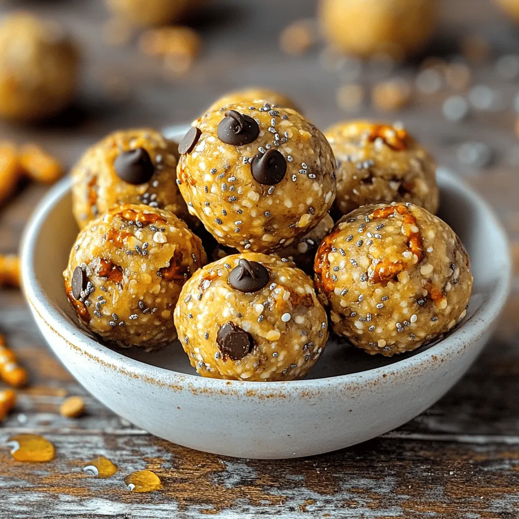 - 1 cup natural peanut butter (creamy or chunky) - 1 cup rolled oats - 1/2 cup crushed pretzels - 1/2 cup honey or maple syrup - 1/2 cup chocolate chips (dark or milk) - 1/4 cup chia seeds (optional for added nutrients) - 1/2 teaspoon vanilla extract - A pinch of sea salt These ingredients make the perfect blend for Peanut Butter Pretzel Energy Balls. Each one offers a unique flavor and texture. The peanut butter gives a rich, nutty taste. Rolled oats add a chewy base and fiber. Crushed pretzels bring crunch and a salty twist. Honey or maple syrup sweetens the mix, while chocolate chips add a delightful touch. Chia seeds, if used, boost nutrition. Vanilla extract enhances the flavor, and sea salt balances the sweetness. - Calories per serving: Each energy ball has about 100 calories. - Protein content: There are roughly 3 grams of protein per ball. - Fiber and sugar levels: Expect about 2 grams of fiber and 5 grams of sugar. These energy balls pack a punch of nutrients. They provide lasting energy without a sugar crash. The protein helps keep you full, and the fiber aids digestion. Enjoy these as a smart snack before or after workouts or as an afternoon pick-me-up. You can find the full recipe to make these tasty snacks easily. - Combine wet ingredients Start by taking a large mixing bowl. Scoop 1 cup of natural peanut butter into it. Add 1/2 cup of honey or maple syrup. Pour in 1/2 teaspoon of vanilla extract. Use a spatula and mix until smooth. - Mix in dry ingredients Next, add 1 cup of rolled oats, 1/2 cup of crushed pretzels, and 1/2 cup of chocolate chips. If you want more nutrients, sprinkle in 1/4 cup of chia seeds. Finish with a pinch of sea salt. Stir until everything blends well, forming a sticky dough. - Form and roll the energy balls Now it's time to make the balls. Take a tablespoon of the mixture and roll it into a ball with your hands. Place each ball on a baking sheet lined with parchment paper. Keep going until you use all the mixture. You should have around 20-25 energy balls. - Refrigerate for optimal firmness After rolling the balls, place the baking sheet in the refrigerator. Let them chill for 30 to 60 minutes. This step helps them firm up and hold their shape. - Suggested presentation tips To serve, arrange the energy balls in a small bowl or on a platter. For a fun touch, sprinkle some crushed pretzels and chocolate chips on top. You can also pack them in individual snack bags for easy grab-and-go treats. Getting the right measurements is key to great energy balls. Use a measuring cup for each ingredient. This helps keep the taste balanced. Too much peanut butter can make them too sticky. Too little oats may lead to a loose texture. Aim for a mix that holds together well. When mixing, a good rule is to combine until just right. The dough should be sticky but not wet. You want a nice blend of flavors. If the mixture feels dry, add a touch of honey. If it’s too wet, a bit more oats can help. One common issue is overmixing. This can make your energy balls tough. Mix just until everything is combined. On the flip side, under-mixing can lead to uneven flavor. Make sure all the ingredients are well-distributed. Another mistake is not keeping ball sizes consistent. If some balls are big and others are small, cooking time will vary. Aim for about a tablespoon for each ball. This size is perfect for snacking. It gives you just the right boost without being too filling. {{image_2}} You can change up the flavors of your Peanut Butter Pretzel Energy Balls easily. Adding in dried fruits or nuts gives a new twist. Think about using raisins, cranberries, or even chopped almonds. Each add-in brings its own flavor and texture. You might also like to play with flavors. For a chocolate twist, mix in cocoa powder. It adds a rich taste. If you love coconut, add shredded coconut. This gives a nice chewiness. Both options take your energy balls to the next level. If you need vegan or gluten-free options, you can modify the recipe. Use maple syrup instead of honey for a vegan treat. For gluten-free balls, choose gluten-free oats and pretzels. This way, everyone can enjoy these snacks. You can also make them sugar-free. Use a sugar-free syrup or sweetener instead of honey or maple syrup. This lets you enjoy the snack without extra sugar. No matter your needs, these energy balls can fit right in! To keep your Peanut Butter Pretzel Energy Balls fresh, store them in the refrigerator. They will stay good for about a week. If you want them to last longer, put them in the freezer. In the freezer, they can last up to three months. Just remember to let them thaw before you eat them. Packing these energy balls for snacks is easy. You can use small snack bags or airtight containers. This makes it simple to grab one when you're busy. If you want to share, pack a few in a larger container. They are great for road trips, school lunches, or after workouts. Enjoy the tasty crunch and creamy flavor wherever you go! Peanut Butter Pretzel Energy Balls last about one week in the fridge. Store them in an airtight container. If you freeze them, they can last up to three months. Just make sure to thaw them before you eat. This helps keep them fresh and tasty. Yes, you can totally customize the recipe! Want more crunch? Add nuts or seeds. Want some sweetness? Toss in dried fruits like raisins or cranberries. You can also mix in spices like cinnamon for extra flavor. Get creative with your favorite tastes and textures. These energy balls pack a healthy punch. They are rich in protein from the peanut butter. The oats give you fiber, which is great for your tummy. The healthy fats in peanut butter and chia seeds help keep you full. Plus, they provide a quick energy boost, perfect for an afternoon snack or pre-workout fuel. You can find the full recipe for Peanut Butter Pretzel Energy Balls [here](#). This link leads you to detailed steps and ingredient amounts. Enjoy making these delicious snacks! These Peanut Butter Pretzel Energy Balls are a simple and tasty snack. We covered ingredients, healthy nutrition facts, and step-by-step instructions. I shared tips to help you make perfect energy balls and ideas for tasty variations. Proper storage is key for freshness. Remember, you can customize the recipe to fit your needs. Enjoy these easy snacks for a quick energy boost anytime. Now, get in the kitchen and start mixing!