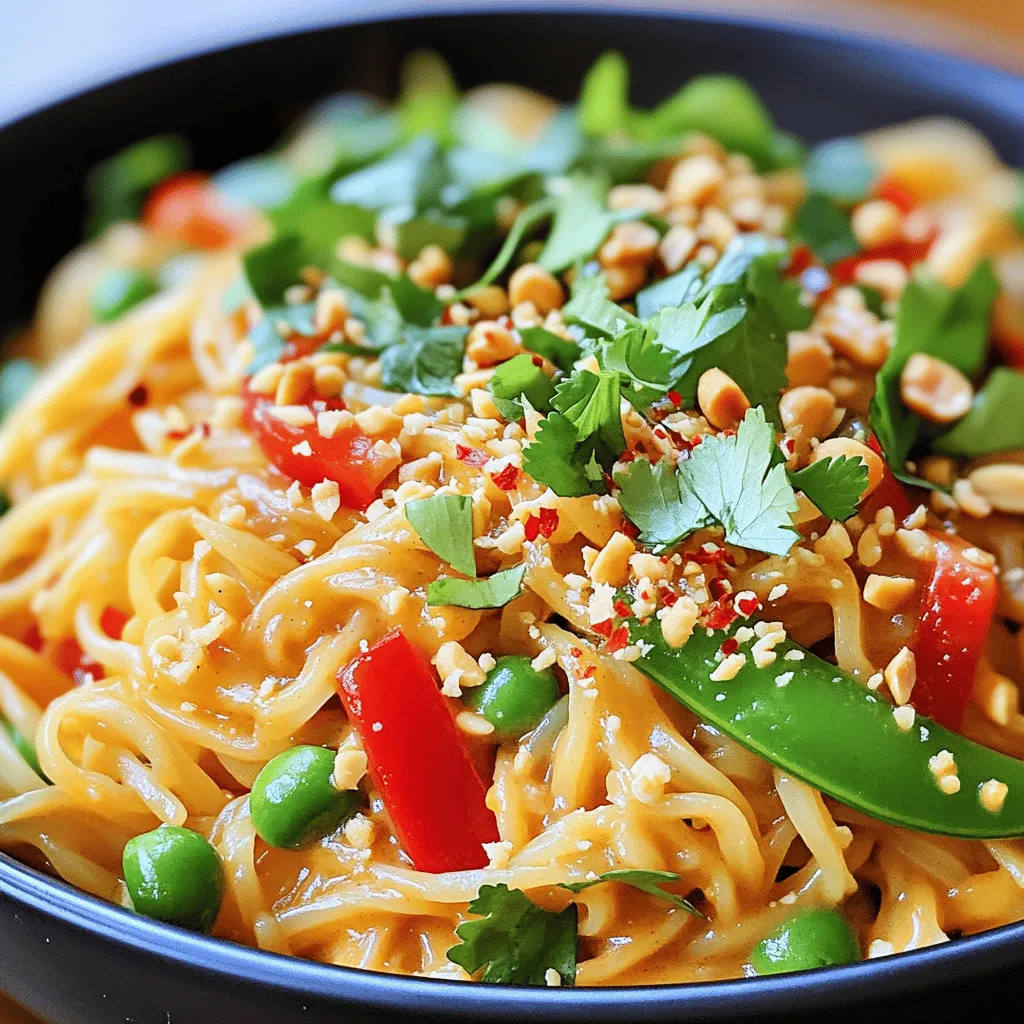 - 8 oz rice noodles - 1/2 cup creamy peanut butter - 2 tablespoons soy sauce - 1 tablespoon lime juice - 2 tablespoons honey or maple syrup - 1 tablespoon sesame oil - 2 teaspoons grated fresh ginger - 1 red bell pepper, thinly sliced - 1 cup snap peas, trimmed - 1 cup shredded carrots - 1/4 cup chopped green onions - 1/4 cup crushed peanuts for garnish - Fresh cilantro leaves for garnish (optional) - Crushed red pepper flakes (to taste) I love how simple and quick this recipe is. You only need a few key ingredients to make a big impact. Rice noodles form the base of this dish, giving it a nice, chewy texture. Creamy peanut butter adds a rich flavor that makes every bite satisfying. Soy sauce brings umami, while lime juice adds a zesty kick. For a hint of sweetness, honey or maple syrup works wonders. Don't forget sesame oil for a nutty aroma and fresh ginger for a bright, spicy touch. The colorful veggies—red bell pepper, snap peas, and shredded carrots—boost flavor and nutrition. They also make the dish look vibrant and appealing. Top it off with green onions and crushed peanuts for crunch. If you want an extra layer of flavor, fresh cilantro is a nice touch. You can also add crushed red pepper flakes to adjust the heat to your liking. Check out the Full Recipe for details on how to bring all these flavors together! Start by boiling a large pot of water. Add 8 oz of rice noodles to the boiling water. Cook them as the package says, usually for 7 to 10 minutes. You want them to be al dente. Once done, drain the noodles and rinse them under cold water. This stops the cooking and keeps them firm. In a medium bowl, combine 1/2 cup of creamy peanut butter, 2 tablespoons of soy sauce, and 1 tablespoon of lime juice. Add 2 tablespoons of honey or maple syrup, 1 tablespoon of sesame oil, and 2 teaspoons of grated fresh ginger. Whisk everything together until smooth. If the sauce is thick, you can add a bit of warm water to get it just right. Grab a large skillet or wok and heat 1 tablespoon of sesame oil over medium heat. Once hot, toss in the sliced red bell pepper, trimmed snap peas, and shredded carrots. Sauté these for about 3 to 4 minutes. You want the veggies to be tender but still crisp. Add the cooked rice noodles to the skillet with your sautéed veggies. Pour the peanut sauce over the noodles. Gently toss everything together until the noodles are coated in sauce. Heat it through for about 2 to 3 minutes. Remove the pan from heat. Transfer the noodles to serving plates. Top with 1/4 cup of chopped green onions and 1/4 cup of crushed peanuts. You can add fresh cilantro leaves if you like. For a spicy kick, sprinkle crushed red pepper flakes on top. For the full recipe, check out the detailed instructions above. To get the right sauce, you may need to adjust its thickness. If it feels too thick, add warm water slowly. Stir until you reach a smooth consistency. If you want a bolder taste, try adding more soy sauce or lime juice. For a twist, mix in some sriracha for heat or coconut milk for creaminess. You can also swap peanut butter for almond or sunflower seed butter if you are allergic. When cooking rice noodles, always boil plenty of water. It helps prevent sticking. Cook them just until tender, usually 7-10 minutes. After draining, rinse them with cold water. This stops the cooking process and keeps them from getting mushy. For your veggies, cut them into similar sizes. This helps them cook evenly. Stir-frying in a hot pan keeps them crisp and colorful. If you have leftovers, store them in an airtight container. They will stay fresh in the fridge for about three days. For reheating, use a skillet over medium heat. Add a splash of water to help steam the ingredients. You can also microwave them for a quick meal, but add a little water to keep them moist. Enjoy your Thai peanut noodles any time! {{image_2}} You can easily boost your Thai peanut noodles with protein. Here are some tasty options: - Chicken: Cut chicken breast into thin strips. Sauté until golden brown. Add it to your noodles for a hearty meal. - Tofu: Firm tofu works great. Cube it and pan-fry until crispy. This adds a nice texture. - Shrimp: Peel and devein shrimp. Cook them in a pan until they turn pink. They pair perfectly with the peanut sauce. Adding protein not only enriches the dish but also makes it more filling. To make your noodles shine, try these flavor boosts: - Fresh lime zest: Grate some lime peel and sprinkle it on top. This adds a fresh burst of flavor. - Chili paste: Stir in a spoonful of chili paste. This brings heat and depth to your dish. Adjust to your taste! These small changes can elevate your meal from good to great. Making this dish fit your diet is easy. Here are some swaps: - Vegan: Use maple syrup instead of honey. This keeps the dish sweet while staying plant-based. - Gluten-free: Choose gluten-free soy sauce. This keeps the flavor without the gluten. - Rice noodles: They are naturally gluten-free. Just ensure they are labeled as such. These simple swaps help everyone enjoy Thai peanut noodles, regardless of dietary needs. For the full recipe, check out the instructions provided. To keep your Thai peanut noodles fresh, refrigerate them right away. Place the noodles in an airtight container. Make sure to separate the sauce from the noodles if possible. This can help keep the noodles from getting mushy. When stored properly, leftovers can last for about three to four days in the fridge. Before serving, just reheat them in the microwave or on the stove. You can also freeze Thai peanut noodles. Start by letting them cool completely. Then, put them in freezer-safe bags or containers. Remove as much air as you can to prevent freezer burn. They can stay fresh for up to three months in the freezer. When you're ready to eat, defrost them in the fridge overnight. Reheat gently on the stove, adding a splash of water if needed. To keep your noodles fresh for longer, store them in a cool, dry place. Try to avoid direct sunlight. If you notice any signs of mold or an off smell, throw them away. Always check the expiration date on your ingredients, especially the peanut butter. For the best taste, use your cooked noodles within a few days. For the full recipe of Thai peanut noodles, check the earlier sections. To make gluten-free Thai peanut noodles, use gluten-free rice noodles. Look for noodles made from rice or other gluten-free grains. Check the label to ensure they contain no wheat. Also, use gluten-free soy sauce. Tamari is a great option. This way, you enjoy the same tasty flavors without gluten. Yes, you can use spaghetti instead of rice noodles. The texture will change, but it still tastes good. Cook spaghetti according to package instructions. Rinse and drain like rice noodles. The sauce will coat the spaghetti well, making it a delicious option. If you need a substitute for peanut butter, try almond butter or sunflower seed butter. Both options give a similar creamy texture. They also add a nice flavor. If you have a nut allergy, sunflower seed butter works best. It can create a tasty sauce. The spice level of Thai peanut noodles varies. It depends on how much crushed red pepper you add. You can control the heat by adjusting the amount to your taste. Start with a little, then add more if you like it spicy. The dish can be mild or hot, based on your choice. Yes, you can serve Thai peanut noodles cold. This makes a great dish for warm days. Just prepare the noodles and sauce as usual, then let them cool. Toss everything together and chill in the fridge. This gives a refreshing twist to the meal. Enjoy it as a salad or cold dish! This blog covered Thai peanut noodles, from ingredients to storage tips. We discussed the main ingredients like rice noodles and peanut butter, with extra flavors from fresh veggies and spices. You learned how to cook and combine everything in simple steps. We also shared meal prep and variation ideas to suit different tastes. In conclusion, these noodles are versatile and easy to make. Enjoy experimenting with your favorite ingredients and flavors to make this dish your own.