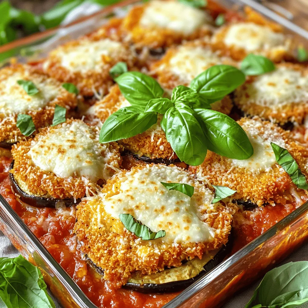 To make Baked Eggplant Parmesan, you will need: - 2 medium eggplants, sliced into 1/2 inch rounds - 1 cup all-purpose flour - 3 large eggs, beaten - 2 cups breadcrumbs (preferably Italian-style) - 4 cups marinara sauce - 3 cups shredded mozzarella cheese - 1 cup grated Parmesan cheese - 2 teaspoons dried oregano - 1 teaspoon garlic powder - Fresh basil leaves for garnish - Olive oil spray - Salt and pepper to taste For great flavor, choose firm eggplants with smooth skin. Look for ones that feel heavy for their size. These will have the best taste. Salt the eggplant slices before cooking. This helps remove excess moisture and bitterness. Let them sit for about 30 minutes. Rinse and pat dry before breading. Use fresh herbs when you can. Fresh basil adds a lovely touch to the dish. Also, try using homemade marinara sauce for deeper flavor. If you need to make swaps, here are a few easy options: - For gluten-free, use almond flour or gluten-free breadcrumbs. - Instead of mozzarella, try using provolone or a dairy-free cheese. - You can swap Parmesan with nutritional yeast for a vegan option. - If you don’t have oregano, Italian seasoning works well too. - For a nutty flavor, add some ground nuts to the breadcrumb mix. Check out the Full Recipe for more details on how to bring this dish to life! Start by preheating your oven to 375°F (190°C). This helps the eggplant cook evenly. Next, prepare three shallow dishes. Put flour in one dish, beaten eggs in another, and breadcrumbs with garlic powder, oregano, salt, and pepper in the last one. This setup makes breading the eggplant easy. Slice the eggplants into 1/2 inch rounds. Sprinkle salt on the slices and let them rest for about 10 minutes. This draws out extra moisture and bitterness. Once your eggplant is ready, dip each slice into the flour first. Make sure to coat both sides. Then, move it to the beaten eggs, letting the excess drip off. Finally, coat it in the breadcrumb mixture, pressing gently so it sticks well. Now, spray a baking sheet with olive oil. Lay the breaded eggplant slices in a single layer. Lightly spray the tops with olive oil, too. Bake these slices for 25-30 minutes until they turn golden brown. Flip them halfway through to ensure they cook evenly. In a large baking dish, spread a thin layer of marinara sauce first. Then, layer half of the baked eggplant slices on top. Next, spread half of the marinara sauce over these slices. Add half of the mozzarella and half of the Parmesan cheese on top. Repeat this process with the remaining ingredients. Finish with a layer of cheese on top for a nice crust. After layering, bake the assembled eggplant parmesan for another 25-30 minutes. Look for bubbly and golden cheese on top. Remember to let it cool for about 10 minutes before serving. This helps the layers set. For a pop of freshness, garnish with fresh basil leaves right before you dig in. Enjoy your delicious Baked Eggplant Parmesan as a hearty meal. For all the steps, check the Full Recipe. When picking eggplant, look for firm and shiny skins. Choose ones that feel heavy for their size. Avoid any with soft spots or blemishes. The color should be deep purple, without any green. If you can, check the stem; it should be green and fresh. To get that perfect crunch, slice your eggplant thin, about 1/2 inch thick. After slicing, sprinkle salt on them. Let the slices sit for about 30 minutes. This helps draw out moisture and bitterness. Rinse and pat them dry before breading. This step is key for a crispy texture. When breading, make sure to coat each slice well. Dip it in flour first, then eggs, and finally breadcrumbs. Press the breadcrumbs onto the eggplant to help them stick. A light spray of olive oil on the baking sheet keeps them from sticking and adds extra crunch. Baked Eggplant Parmesan pairs well with a fresh salad. A simple green salad with olive oil and lemon is perfect. You can also serve it with garlic bread for a hearty meal. For a drink, a light white wine or sparkling water goes well. Feel free to garnish the dish with fresh basil leaves before serving. This adds a pop of color and flavor. For a heartier meal, serve it over pasta or with roasted vegetables. Want to try the full recipe? Check it out [here](#). {{image_2}} Baked Eggplant Parmesan is a great dish for vegetarians. You can add more layers of flavor without meat. Using rich marinara sauce and cheeses makes it filling. You can swap in some spinach for a fresh taste, too. This adds nutrients and bright color. You can boost nutrition by adding other vegetables. Try layers of zucchini or bell peppers. These veggies add texture and flavor. Slice them thin so they cook evenly. You can also mix in mushrooms for a meaty taste. Just sauté them first to reduce moisture. For a gluten-free version, swap regular breadcrumbs for gluten-free ones. Many brands offer tasty options. You can also use ground almonds or cornmeal for a unique twist. Check the flour you use, too. Make sure it is gluten-free. This way, everyone can enjoy this dish! For more details, check the Full Recipe. To keep your Baked Eggplant Parmesan fresh, store it in an airtight container. Let it cool first. Place it in the fridge for up to four days. Make sure to cover it well. This helps prevent it from drying out. You can also layer some plastic wrap over it for extra protection. When you’re ready to enjoy it again, reheating is key. The best way is to use an oven. Preheat your oven to 350°F (175°C). Place the leftover eggplant on a baking sheet. Cover it with aluminum foil. Heat for about 20 minutes or until warmed through. This method keeps the cheese gooey and the eggplant tender. You can also use a microwave, but the oven is best for texture. If you want to save some for later, freezing works well too. Cut the baked eggplant into serving sizes. Wrap each piece in plastic wrap and then foil. This keeps it fresh for up to three months. When you want to eat it, thaw it overnight in the fridge. Then, reheat it in the oven for the best results. This way, you get that fresh taste even after freezing. For the full recipe, be sure to check out the earlier sections. Yes, you can make Baked Eggplant Parmesan ahead of time. Prepare the dish up to the baking step. After layering the ingredients, cover it well with plastic wrap or foil. Place it in the fridge for up to 24 hours. When you are ready to bake, remove the cover and bake as directed. This method saves time on busy days. To reheat Baked Eggplant Parmesan, preheat your oven to 350°F (175°C). Place the dish in an oven-safe tray. Cover it with foil to keep it moist. Heat for about 20-25 minutes or until warm throughout. You can also use a microwave, but it may turn soggy. The oven method keeps the crunch and flavor intact. You can make Baked Eggplant Parmesan healthier by using a few simple swaps. Try these options: - Use whole wheat breadcrumbs instead of regular breadcrumbs. - Replace mozzarella cheese with part-skim mozzarella. - Swap marinara for a homemade version with less sugar. - Add more vegetables like spinach or zucchini for extra nutrients. These changes keep the dish tasty while making it lighter. For the full recipe, visit [Full Recipe]. Baked Eggplant Parmesan offers rich flavors and great textures. We explored the best ingredients and gave tips for selecting quality eggplants. You learned how to layer and bake for perfect results. We shared variations, storage info, and answers to frequent questions. Now, you’re ready to create a delicious meal. Enjoy experimenting with combinations and make it your own! Your kitchen will become a hub of tasty dishes. Happy cooking!