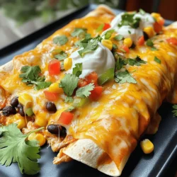 - 2 cups cooked chicken, shredded - 1 cup black beans, drained and rinsed - 1 cup corn kernels (fresh, frozen, or canned) - 1 cup diced bell peppers (red and green) - Spices: cumin, chili powder, garlic powder - 8 flour tortillas (8 inches each) - 2 cups shredded cheese (cheddar and Monterey Jack blend) - 2 cups enchilada sauce (store-bought or homemade) - Fresh cilantro and sour cream for garnish In this recipe, the main ingredients create a hearty and flavorful filling. Shredded chicken gives protein and richness. Black beans add fiber, and corn brings sweetness. Diced bell peppers add crunch and color. For spices, cumin offers warmth, while chili powder adds a nice kick. Garlic powder enhances all the flavors. The flour tortillas are perfect for wrapping the filling tightly. The cheese blend melts beautifully and provides a creamy texture. Enchilada sauce adds moisture and tang. Lastly, fresh cilantro and sour cream are great for garnishing. You can find the full recipe for Cheesy Fiesta Chicken Enchiladas [Full Recipe]. - Preheat your oven to 350°F (175°C). - In a large bowl, mix the shredded chicken with black beans, corn, and bell peppers. This mix gives the enchiladas a hearty flavor. - Spread a thin layer of enchilada sauce on the bottom of your baking dish. This stops the tortillas from sticking. - Take a tortilla and fill it with about 1/3 cup of the chicken mixture. Add a sprinkle of cheese on top of the filling, then roll the tortilla tightly. Place it seam-side down in the prepared baking dish. Repeat this for all the tortillas. - Cover the baking dish with foil and bake for 20 minutes. This helps the enchiladas cook evenly. - After 20 minutes, remove the foil. Bake for an additional 10-15 minutes until the cheese is bubbly and slightly golden. This step makes the cheese melt perfectly. - Once done, take the dish out and let it cool for a few minutes. Garnish with fresh cilantro before serving. Enjoy your cheesy fiesta chicken enchiladas! You can find the full recipe in the article. - Use homemade enchilada sauce for enhanced flavor. This sauce adds depth to your dish. - Ensure tortillas are warm for easy rolling. Warm tortillas bend without tearing. - Offer sour cream and fresh cilantro on the side. These toppings enhance the taste. - Pair with Mexican rice or refried beans. Both add heartiness to your meal. - Overfilling tortillas can lead to breakage. Use about 1/3 cup of filling per tortilla. - Not covering with foil during initial baking can dry out your enchiladas. Keep them moist! For a full guide to making these enchiladas, check the Full Recipe. {{image_2}} You can easily change the main filling. Replace chicken with shredded beef for a heartier dish. For a vegetarian twist, sauté bell peppers, zucchini, or mushrooms. These swaps keep your meal fresh and exciting. Cheese choices also matter. Try pepper jack for a spicy kick, or use a blend of mozzarella and cheddar. Each mix brings unique flavors to your enchiladas. Do you like heat? Add sliced jalapeños inside the enchiladas or on top. They add a nice crunch and spice. If you prefer mild flavors, choose a gentle enchilada sauce. This way, everyone can enjoy the meal without burning tongues. Serving enchiladas can be fun! Pair them with guacamole for creaminess. Pico de gallo adds freshness and zest. You can also turn your enchiladas into a casserole. Layer the ingredients in a baking dish instead of rolling them. This style is great for feeding a crowd. For the full recipe, check out the Cheesy Fiesta Chicken Enchiladas. Store leftover chicken and cheese enchiladas in an airtight container. They will stay fresh in the fridge for up to 3 days. Make sure to let them cool down before sealing the container. This helps keep the texture and flavor intact. You can freeze either assembled or baked enchiladas. Just wrap them tightly in plastic wrap and then foil. This method prevents freezer burn. When you want to enjoy them again, thaw them in the fridge overnight before reheating. For the best taste, reheat enchiladas in the oven. Preheat it to 350°F (175°C). Place the enchiladas in a baking dish, cover with foil, and heat for about 20 minutes. If you prefer a quicker method, use the microwave. Just heat them for 1-2 minutes until hot. Enjoy your delicious meal! For the full recipe, check out the Cheesy Fiesta Chicken Enchiladas. To make homemade enchilada sauce, you need a few simple ingredients. Start with these: - 2 tablespoons olive oil - 2 tablespoons flour - 2 tablespoons chili powder - 1 teaspoon cumin - 1 cup chicken or vegetable broth - 1 can (15 oz) tomato sauce - Salt to taste 1. In a saucepan, heat the olive oil over medium heat. 2. Add flour and stir for a minute. 3. Mix in chili powder and cumin. Stir for another minute. 4. Gradually add the broth, mixing well to avoid lumps. 5. Stir in the tomato sauce and salt. 6. Simmer for 10 minutes until thickened. This sauce is perfect for your Chicken and Cheese Enchiladas. You can also use store-bought sauce if you are short on time. Yes, you can prepare Chicken and Cheese Enchiladas ahead of time. Here’s how: 1. Assemble the enchiladas as per the recipe. 2. Place them in a baking dish. 3. Cover tightly with plastic wrap or foil. 4. Freeze them for up to two months. When you are ready to bake, just remove them from the freezer. Let them thaw in the fridge overnight. Then, bake as usual. This way, you save time on busy days. A few side dishes pair nicely with Chicken and Cheese Enchiladas. Here are my top picks: - Mexican rice - Refried beans - Black bean salad - Guacamole - Corn salad These sides add color and flavor to your meal. They also enhance the experience of enjoying your enchiladas. Try them out for a complete dinner! You can make delicious chicken and cheese enchiladas with easy steps. Start with cooked chicken, beans, and corn. Add cheese and sauce for amazing flavor. Remember to warm your tortillas for easy rolling and use foil while baking. For a twist, try different meats or spice levels. Store leftovers easily for future meals. Happy cooking! Enjoy your tasty creation and impress your family with this simple recipe.