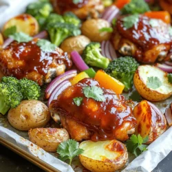 - 4 chicken thighs, skin-on - 2 cups baby potatoes, halved - 1 red onion, sliced into wedges - 1 bell pepper (any color), sliced - 1 cup broccoli florets - 1 cup BBQ sauce (your choice) - 2 tablespoons olive oil - 1 teaspoon garlic powder - 1 teaspoon smoked paprika - Salt and pepper to taste - Fresh cilantro, for garnish The ingredients here create a great mix of flavors. The chicken thighs give a juicy and rich taste. Baby potatoes add a nice bite, while the onion and bell pepper bring sweetness. Broccoli adds color and crunch. For seasoning, BBQ sauce is key. It adds a smoky and sweet touch that works well with the chicken. Olive oil helps to roast the veggies perfectly. Garlic powder and smoked paprika give depth to the dish. Use salt and pepper to enhance all the flavors. I love to finish with fresh cilantro. It adds a bright taste and makes the dish look great. You can find the full recipe to make this dish at home. 1. Preheat your oven to 425°F (220°C). This will help cook everything evenly. 2. Line a large sheet pan with parchment paper. It makes cleanup a breeze. 3. In a big bowl, add baby potatoes, red onion, bell pepper, and broccoli. 4. Drizzle with olive oil. Add garlic powder, smoked paprika, salt, and pepper. 5. Toss the veggies until they are all coated in the oil and seasonings. 6. Spread the seasoned veggies evenly on the sheet pan. Leave enough room for the chicken. 1. Pat the chicken thighs dry with paper towels. This helps the skin get crispy. 2. Season both sides of the chicken with salt and pepper. This adds great flavor. 3. Place the chicken thighs on the sheet pan next to the veggies. Skin side should be up. 4. Brush BBQ sauce over the chicken thighs. Save some sauce for later. 1. Place the sheet pan in the preheated oven. Bake for 25-30 minutes. 2. Check the chicken’s internal temperature; it should reach 165°F (75°C). 3. In the last 5 minutes, brush more BBQ sauce on the chicken. This gives it a nice glaze. 4. Once done, take it out of the oven. Let it rest for a few minutes. 5. Garnish with fresh cilantro before serving. For the full recipe, check the details above. To get crispy skin on your BBQ chicken, start by drying the chicken thighs well. Patting them dry helps the skin crisp up nicely. Season with salt and pepper before applying any sauce. Bake at 425°F for about 25-30 minutes. For chicken thighs, this time works best. Always check the internal temperature. You want it to reach 165°F. When choosing veggies for your sheet pan meal, go for sturdy ones like baby potatoes, bell peppers, and broccoli. They hold up well when roasting. Cut them into even sizes to ensure they cook at the same rate. For tender and crispy veggies, toss them in olive oil and seasonings. Spread them out on the pan without crowding. This way, they roast instead of steam. For a beautiful presentation, use a large platter. Arrange the BBQ chicken and roasted veggies nicely. Drizzle the remaining BBQ sauce over the top. A sprinkle of fresh cilantro adds color and flavor. Serve with sides like rice, corn, or a fresh salad for a complete meal. Enjoy your delicious creation! Check out the Full Recipe for more details. {{image_2}} You can change up the proteins in this dish. Try chicken breasts or drumsticks instead of thighs. Both work well and cook nicely. If you want something different, you can use pork or tofu. These swaps keep it exciting. For veggies, think about the season. Use zucchini in summer or root veggies in winter. You can also mix in green beans or asparagus for a fresh touch. The key is to choose vegetables that you enjoy and that roast well. BBQ sauce is where the magic happens! You can pick a sauce that fits your mood. Go spicy for a kick or sweet for a classic taste. Tangy sauces can also add a fun twist. You can even mix sauces to create your own unique flavor blend. Adding herbs and spices will elevate your dish. Consider using fresh rosemary or thyme to add a nice aroma. A sprinkle of cayenne pepper can bring in some heat. Don't be shy to play around with flavors! Try adding garlic or onion powder for an extra zing. The options are endless, and it’s all about what you love. For a complete guide, check out the Full Recipe for more ideas. To store leftover BBQ chicken and vegetables, let them cool first. Place the chicken and veggies in airtight containers. This keeps them fresh for up to four days in the fridge. If you want to enjoy them later, you can freeze them. Just make sure to wrap them tightly in foil or use freezer bags. They will stay good for about three months in the freezer. For reheating, you can use the oven or microwave. If you use the oven, set it to 350°F (175°C). Heat for about 15-20 minutes until warm. If you use the microwave, place the chicken and veggies on a microwave-safe plate. Heat in short bursts of 1-2 minutes, checking often. Preparing in advance can save time on busy weeknights. You can chop the vegetables and season them ahead. Store them in the fridge for up to two days. This way, you can just pop everything on the sheet pan when you're ready to cook. For freezing options, you can assemble the chicken and veggies on a sheet pan. Cover it well and place it in the freezer. When you’re ready to cook, just take it out and bake it straight from frozen. This makes dinner quick and easy, even on the busiest nights. For full details, check the Full Recipe. You can check if chicken is cooked by using a meat thermometer. The internal temperature should reach 165°F (75°C). If you do not have a thermometer, cut into the thickest part of the chicken. The meat should be white, with no pink. If it is still pink, cook it longer until done. Yes, you can use skinless chicken thighs. They will still be tasty but may not get as crispy. If you prefer a crispy texture, consider broiling the chicken for a few minutes at the end of cooking. Sheet pan BBQ chicken goes well with many sides. Here are some great options: - Corn on the cob - Coleslaw - Baked beans - Rice or quinoa - A simple green salad You can store leftover sheet pan BBQ chicken in the fridge for up to four days. Keep it in an airtight container. If you want to keep it longer, freeze it for up to three months. Make sure to let it cool before freezing. Reheat in the oven or microwave. For the full recipe, check out the detailed instructions above! This blog post guided you through a simple BBQ chicken and vegetable recipe. We covered ingredients, step-by-step instructions, and helpful tips for success. Remember to choose your favorite BBQ sauce and adjust seasonings to your taste. You can mix in different proteins and veggies for variety. Storing leftovers properly will help you enjoy these tasty meals later. Now, it's time to gather your ingredients and try this easy recipe. You’ll impress your family with a delicious dinner. Enjoy your cooking adventure!