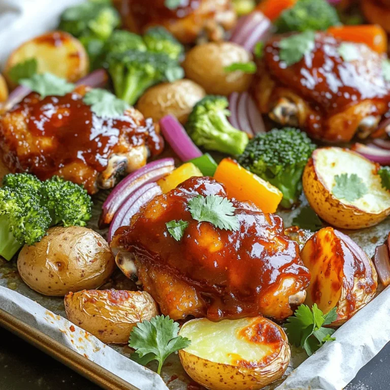 - 4 chicken thighs, skin-on - 2 cups baby potatoes, halved - 1 red onion, sliced into wedges - 1 bell pepper (any color), sliced - 1 cup broccoli florets - 1 cup BBQ sauce (your choice) - 2 tablespoons olive oil - 1 teaspoon garlic powder - 1 teaspoon smoked paprika - Salt and pepper to taste - Fresh cilantro, for garnish The ingredients here create a great mix of flavors. The chicken thighs give a juicy and rich taste. Baby potatoes add a nice bite, while the onion and bell pepper bring sweetness. Broccoli adds color and crunch. For seasoning, BBQ sauce is key. It adds a smoky and sweet touch that works well with the chicken. Olive oil helps to roast the veggies perfectly. Garlic powder and smoked paprika give depth to the dish. Use salt and pepper to enhance all the flavors. I love to finish with fresh cilantro. It adds a bright taste and makes the dish look great. You can find the full recipe to make this dish at home. 1. Preheat your oven to 425°F (220°C). This will help cook everything evenly. 2. Line a large sheet pan with parchment paper. It makes cleanup a breeze. 3. In a big bowl, add baby potatoes, red onion, bell pepper, and broccoli. 4. Drizzle with olive oil. Add garlic powder, smoked paprika, salt, and pepper. 5. Toss the veggies until they are all coated in the oil and seasonings. 6. Spread the seasoned veggies evenly on the sheet pan. Leave enough room for the chicken. 1. Pat the chicken thighs dry with paper towels. This helps the skin get crispy. 2. Season both sides of the chicken with salt and pepper. This adds great flavor. 3. Place the chicken thighs on the sheet pan next to the veggies. Skin side should be up. 4. Brush BBQ sauce over the chicken thighs. Save some sauce for later. 1. Place the sheet pan in the preheated oven. Bake for 25-30 minutes. 2. Check the chicken’s internal temperature; it should reach 165°F (75°C). 3. In the last 5 minutes, brush more BBQ sauce on the chicken. This gives it a nice glaze. 4. Once done, take it out of the oven. Let it rest for a few minutes. 5. Garnish with fresh cilantro before serving. For the full recipe, check the details above. To get crispy skin on your BBQ chicken, start by drying the chicken thighs well. Patting them dry helps the skin crisp up nicely. Season with salt and pepper before applying any sauce. Bake at 425°F for about 25-30 minutes. For chicken thighs, this time works best. Always check the internal temperature. You want it to reach 165°F. When choosing veggies for your sheet pan meal, go for sturdy ones like baby potatoes, bell peppers, and broccoli. They hold up well when roasting. Cut them into even sizes to ensure they cook at the same rate. For tender and crispy veggies, toss them in olive oil and seasonings. Spread them out on the pan without crowding. This way, they roast instead of steam. For a beautiful presentation, use a large platter. Arrange the BBQ chicken and roasted veggies nicely. Drizzle the remaining BBQ sauce over the top. A sprinkle of fresh cilantro adds color and flavor. Serve with sides like rice, corn, or a fresh salad for a complete meal. Enjoy your delicious creation! Check out the Full Recipe for more details. {{image_2}} You can change up the proteins in this dish. Try chicken breasts or drumsticks instead of thighs. Both work well and cook nicely. If you want something different, you can use pork or tofu. These swaps keep it exciting. For veggies, think about the season. Use zucchini in summer or root veggies in winter. You can also mix in green beans or asparagus for a fresh touch. The key is to choose vegetables that you enjoy and that roast well. BBQ sauce is where the magic happens! You can pick a sauce that fits your mood. Go spicy for a kick or sweet for a classic taste. Tangy sauces can also add a fun twist. You can even mix sauces to create your own unique flavor blend. Adding herbs and spices will elevate your dish. Consider using fresh rosemary or thyme to add a nice aroma. A sprinkle of cayenne pepper can bring in some heat. Don't be shy to play around with flavors! Try adding garlic or onion powder for an extra zing. The options are endless, and it’s all about what you love. For a complete guide, check out the Full Recipe for more ideas. To store leftover BBQ chicken and vegetables, let them cool first. Place the chicken and veggies in airtight containers. This keeps them fresh for up to four days in the fridge. If you want to enjoy them later, you can freeze them. Just make sure to wrap them tightly in foil or use freezer bags. They will stay good for about three months in the freezer. For reheating, you can use the oven or microwave. If you use the oven, set it to 350°F (175°C). Heat for about 15-20 minutes until warm. If you use the microwave, place the chicken and veggies on a microwave-safe plate. Heat in short bursts of 1-2 minutes, checking often. Preparing in advance can save time on busy weeknights. You can chop the vegetables and season them ahead. Store them in the fridge for up to two days. This way, you can just pop everything on the sheet pan when you're ready to cook. For freezing options, you can assemble the chicken and veggies on a sheet pan. Cover it well and place it in the freezer. When you’re ready to cook, just take it out and bake it straight from frozen. This makes dinner quick and easy, even on the busiest nights. For full details, check the Full Recipe. You can check if chicken is cooked by using a meat thermometer. The internal temperature should reach 165°F (75°C). If you do not have a thermometer, cut into the thickest part of the chicken. The meat should be white, with no pink. If it is still pink, cook it longer until done. Yes, you can use skinless chicken thighs. They will still be tasty but may not get as crispy. If you prefer a crispy texture, consider broiling the chicken for a few minutes at the end of cooking. Sheet pan BBQ chicken goes well with many sides. Here are some great options: - Corn on the cob - Coleslaw - Baked beans - Rice or quinoa - A simple green salad You can store leftover sheet pan BBQ chicken in the fridge for up to four days. Keep it in an airtight container. If you want to keep it longer, freeze it for up to three months. Make sure to let it cool before freezing. Reheat in the oven or microwave. For the full recipe, check out the detailed instructions above! This blog post guided you through a simple BBQ chicken and vegetable recipe. We covered ingredients, step-by-step instructions, and helpful tips for success. Remember to choose your favorite BBQ sauce and adjust seasonings to your taste. You can mix in different proteins and veggies for variety. Storing leftovers properly will help you enjoy these tasty meals later. Now, it's time to gather your ingredients and try this easy recipe. You’ll impress your family with a delicious dinner. Enjoy your cooking adventure!
