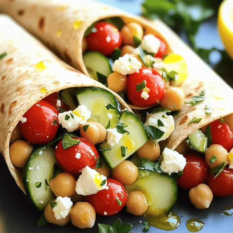 - 1 can (15 oz) chickpeas, drained and rinsed - 1 cup cherry tomatoes, halved - 1 cucumber, diced - ½ red onion, finely chopped - ½ cup Kalamata olives, pitted and sliced - 1 cup feta cheese, crumbled - 3 tablespoons olive oil - 2 tablespoons lemon juice - 1 teaspoon dried oregano - Salt and pepper to taste - 4 large whole wheat wraps or pita bread - Fresh parsley, chopped (for garnish) Gathering the right ingredients is key. Each one adds flavor and texture. You start with chickpeas. They are filling and rich in protein. Next, grab cherry tomatoes. Their sweetness balances the dish. Cucumbers add a refreshing crunch, while red onion gives a mild bite. Kalamata olives bring a salty flavor that enhances everything. Feta cheese adds creaminess and tang. For the dressing, use olive oil and lemon juice. They brighten the salad and tie it all together. Dried oregano gives a classic Greek taste. Don't forget salt and pepper for seasoning. For the wraps, use whole wheat wraps or pita bread. They are hearty and healthy. Finally, fresh parsley adds a touch of color and freshness. This complete ingredient list ensures a tasty and vibrant meal. You can find the full recipe at the end of this section. - First, combine chickpeas, cherry tomatoes, cucumber, red onion, olives, and feta in a bowl. I love the way these colors pop together. - Next, whisk olive oil, lemon juice, dried oregano, salt, and pepper in a separate bowl. This dressing adds a zesty kick. - Pour the dressing over the chickpea salad. Mix gently to coat all ingredients evenly. This makes every bite flavorful. - Now, lay out your whole wheat wraps or pita bread on a clean surface. Make sure they are flat and ready. - Spoon an even amount of the Greek chickpea salad into the center of each wrap. Don't overfill; you want to roll them easily. - Fold in the sides first, then roll tightly from the bottom to the top. This keeps everything securely inside. - Slice each wrap in half diagonally for easier handling. This also makes them look nice on a plate. - Garnish with fresh parsley for a bright finish. It adds a touch of color and freshness, making your meal more appealing. Enjoy this vibrant dish with the full recipe for Greek Chickpea Salad Wraps! If you want to change the feta cheese, try goat cheese or tofu. These options add creaminess without losing taste. For gluten-free wraps, look for rice or corn tortillas. They work well and keep the meal tasty. If you're on a low-sodium diet, use fresh herbs instead of olives. You can also skip added salt in the dressing. To add more taste, sprinkle some paprika or cumin on the chickpeas. This will give your salad a warm, earthy flavor. Fresh herbs like dill or mint can brighten the dish. Just chop them finely and mix them in. If you have time, marinate the chickpeas in lemon juice and spices for an hour. This will make them even more flavorful. When filling the wraps, use a spoon to evenly spread the salad. This ensures every bite is packed with flavor. To keep the wraps from falling apart, fold in the sides before rolling. This helps secure all the goodness inside. For a pretty presentation, slice each wrap in half and lay them on a colorful plate. You can also add a sprig of parsley on top for a fresh look. For the full recipe, check out the details above. {{image_2}} To make a vegan version of Greek chickpea salad wraps, simply omit the feta cheese. You can replace it with avocado or a nut-based cheese. Both options add creaminess and flavor. For a boost of protein, add hemp seeds or roasted chickpeas. You can also include fresh herbs like dill or basil for extra taste. To give your wraps a Mediterranean twist, add other veggies like bell peppers or artichokes. You can toss in sliced radishes for crunch and color. If you want some protein, consider adding grilled chicken or shrimp. Both will complement the chickpeas well and make your meal heartier. For a kick of heat, try adding a spicy dressing. Mix some sriracha or chili sauce into your olive oil and lemon juice. You can also sprinkle jalapeños on top for added spice. This will give your wraps a bold flavor that is sure to please spicy food lovers. Try these variations to make your Greek chickpea salad wraps even more exciting! For the full recipe, check out the complete guide. To keep your Greek chickpea salad wraps fresh, put them in an airtight container. This helps to lock in the flavors. Store them in the fridge for up to three days. If you need to save them longer, consider wrapping each one in plastic wrap before placing them in the container. This extra layer helps maintain freshness. Avoid stacking the wraps on top of each other to prevent squishing. You can freeze these wraps if you want to save them for later. Just wrap each one tightly in plastic wrap. Then, place them in a freezer-safe bag. They can last up to three months in the freezer. When you are ready to eat, let them thaw in the fridge overnight. To reheat, unwrap the wrap and place it in a microwave for about 30 seconds. This keeps the wrap soft and tasty. The ingredients in your Greek chickpea salad have a good shelf life. Chickpeas last for up to three years when canned. Fresh veggies, like tomatoes and cucumbers, stay good for about five days in the fridge. Feta cheese can be stored for up to a week after opening. Always check for signs of spoilage. If you see any mold or if it smells off, throw it away. Keeping an eye on your ingredients ensures you enjoy your wraps at their best. To make Greek Chickpea Salad Wraps, you start by mixing the salad. In a large bowl, combine the chickpeas, cherry tomatoes, cucumber, red onion, olives, and feta cheese. In another bowl, whisk olive oil, lemon juice, dried oregano, salt, and pepper. Pour this dressing over the salad mix and toss gently. For the wraps, lay out whole wheat wraps or pita bread. Spoon the salad into the center of each wrap, fold the sides, and roll tightly. Finally, slice the wraps in half and garnish with parsley. You can find the full recipe above. Yes, you can make these wraps ahead of time. Prepare the chickpea salad and store it in the fridge. Keep the wraps separate until you are ready to eat. This way, the wraps stay fresh and do not get soggy. You can assemble the wraps just before serving. If you plan to store them, wrap them tightly in plastic wrap or aluminum foil. Nutritious sides pair well with Greek Chickpea Salad Wraps. Consider serving a fresh side salad with greens and a light vinaigrette. You could also serve carrot sticks or cucumber slices for crunch. Another option is a bowl of Greek yogurt with herbs for dipping. These sides add variety and enhance the meal's freshness. These Greek Chickpea Salad Wraps are easy to prepare and delicious. We started with a simple list of fresh ingredients to create a hearty meal. I detailed step-by-step instructions for mixing, wrapping, and serving. You can customize your wraps with tips for ingredient swaps and flavor boosts. Whether you go vegan or add a Mediterranean twist, these wraps fit any taste. Remember to store them correctly to enjoy leftovers. Now, you have all you need to make a satisfying meal that’s fun to eat!
