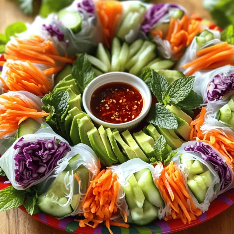 To make tasty vegetable spring rolls, you need some key ingredients. Here is what you will need: - 10 rice paper wrappers - 1 cup shredded carrots - 1 cup red cabbage, finely sliced - 1 cup cucumber, julienned - 1 red bell pepper, thinly sliced - 1 avocado, thinly sliced - 1 cup fresh mint leaves - 1 cup fresh cilantro leaves - 1 tablespoon soy sauce - 1 tablespoon sesame oil - Salt to taste These ingredients create a fresh and crunchy flavor that is hard to resist. To take your spring rolls to the next level, consider adding these ingredients: - 1 teaspoon lime juice - 1 tablespoon rice vinegar - Sesame seeds for garnish These additions give your rolls a zesty kick and a pleasant crunch. Lime juice adds brightness, while sesame seeds add a nutty flavor. Feel free to make the rolls your own by adding optional ingredients. Here are some ideas: - Cooked shrimp or tofu for added protein - Sliced radishes for extra crunch - Shredded lettuce or spinach for added greens You can mix and match these optional ingredients based on your taste. The beauty of spring rolls lies in their versatility, so get creative! Start by washing your vegetables well under cold water. This step cleans off dirt and bacteria. Use a clean cutting board and a sharp knife. Cut the carrots into thin strips. For the cabbage, slice it finely. Julienne the cucumber into long, thin pieces. Cut the red bell pepper into thin slices. Lastly, slice the avocado into thin pieces too. Place all your cut veggies into separate bowls. This makes it easy when you start rolling. For the rice paper, fill a shallow dish with warm water. Dip one wrapper into the water. Leave it there for about 10-15 seconds. Watch it become soft and pliable. Carefully lift it out and place it flat on a clean surface. If it tears, don’t worry! You can use another one. Just make sure you don’t soak them too long, or they will become too sticky. Now comes the fun part! Take a soaked rice paper and lay it on the surface. On the lower third, add a small handful of shredded carrots. Next, layer some red cabbage, cucumber, and bell pepper. You can add avocado slices and a few mint and cilantro leaves too. Sprinkle a bit of salt, then drizzle some soy sauce and sesame oil for flavor. To roll, lift the edge of the rice paper closest to you. Wrap it tightly around the filling. Fold in the sides to keep everything inside. Continue rolling until you reach the end. Repeat this with the rest of the wrappers and fillings. Arrange your spring rolls on a platter. They look great and taste even better! To make your spring rolls crispy, use fresh rice paper. It should be soft but not too wet. Soak each wrapper quickly, about 10-15 seconds, to avoid sogginess. After rolling, fry them in hot oil for a few minutes. This gives them a nice crunch. Use enough oil to cover half the spring roll. Fry in small batches to keep the heat up. For dipping sauces, I love using sweet chili sauce. It adds a nice kick. You can also try soy sauce with a splash of lime. A peanut sauce works well too. It adds creaminess that pairs nicely with the veggies. Feel free to mix and match sauces for fun flavors. Store unwrapped spring rolls in a damp paper towel. This keeps them fresh for a short time. If you want to save them longer, wrap them in plastic wrap. Place them in an airtight container. You can also freeze them. Just make sure to separate them with parchment paper. When ready to eat, fry or bake them directly from the freezer. Enjoy the crunch! {{image_2}} You can make these spring rolls vegan with simple swaps. Use all vegetables and herbs without animal products. Fresh veggies like carrots, cucumber, and bell pepper make great choices. Add tofu for a protein boost. You can also use avocado for creaminess. Just remember to skip any sauces with fish or dairy. If you need a gluten-free option, look for rice paper. It is naturally gluten-free. You can also use lettuce leaves. Butter lettuce or romaine works well. They add crispness and freshness. Just wrap your filling in the leaves instead of rice paper. Adding protein can make your spring rolls more filling. Tofu is a great option. Use firm tofu for the best texture. Cook it first by frying or baking. For shrimp lovers, fresh or cooked shrimp is perfect. Just chop them into smaller pieces. Layer them in with your veggies for a tasty twist. For the complete recipe, check out the Full Recipe. To keep your unassembled spring rolls fresh, store the rice paper wrappers and veggies separately. Place the rice paper in a cool, dry spot. Wrap your fresh veggies in a damp paper towel. This keeps them crisp and full of flavor. Use an airtight container for added protection. If you have leftover spring rolls, keep them in a sealed container. Place a damp paper towel inside to maintain moisture. Store them in the fridge for up to three days. This helps prevent the rice paper from getting too dry. Freezing spring rolls is a great way to extend their life. First, wrap each roll in plastic wrap. Next, place them in a freezer-safe bag. Remove as much air as possible. They can last for up to two months in the freezer. When you’re ready to eat, thaw them in the fridge overnight before serving. For best taste, enjoy them cold or at room temperature. If you want the full recipe, check out the details above to make these tasty treats! To stop rice paper from sticking, use a clean, damp surface. After soaking, place the rice paper flat. Keep it moist as you work. Don't let it sit too long before adding fillings. If they stick, you can lightly spray water on them. Yes, you can prepare vegetable spring rolls ahead of time. Just roll them and cover them with a damp cloth. This keeps them fresh. Store them in the fridge for up to a few hours. Avoid making them too early, as they may dry out. Vegetable spring rolls are healthy and packed with nutrients. They are low in calories and high in fiber. The veggies provide vitamins and minerals. Carrots offer beta-carotene, while cabbage brings antioxidants. Mint and cilantro add flavor with few calories. They fit well into a balanced diet. You can find the full recipe for crispy rainbow vegetable spring rolls in the recipe section above. It has all the steps and tips to make this tasty dish. In this blog post, we explored how to make delicious vegetable spring rolls from start to finish. We covered essential ingredients, step-by-step instructions, and tips for crispy rolls. I shared ideas for personalizing flavors and variations to suit your taste. Remember, fresh ingredients make the biggest difference. With a few simple steps, you can enjoy tasty, homemade spring rolls anytime. Now, gather your ingredients and get rolling!