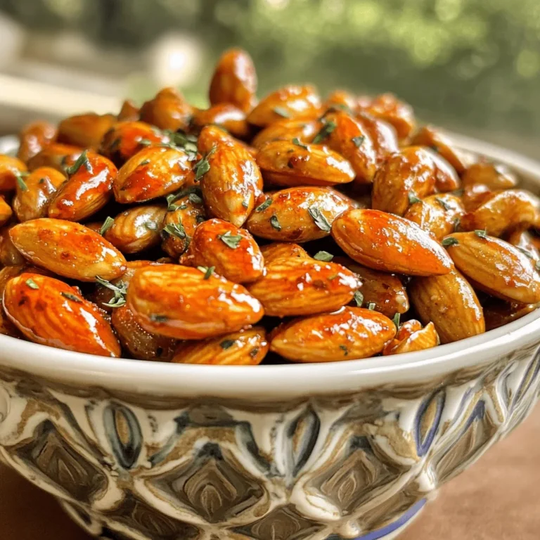 - Raw almonds: 2 cups - Olive oil: 2 tablespoons - Sriracha sauce: 1 tablespoon - Honey: 1 tablespoon - Garlic powder: 1 teaspoon - Smoked paprika: 1 teaspoon - Salt: 1/2 teaspoon - Black pepper: 1/2 teaspoon - Cayenne pepper (optional): 1/4 teaspoon To make Spicy Sriracha Roasted Almonds, gather these simple ingredients. Each plays a key role in the final taste. The almonds provide a crunchy base. Olive oil helps the spices stick. Sriracha gives it that spicy kick. Honey balances the heat with sweetness. Garlic powder adds depth. Smoked paprika brings warmth. Salt and black pepper enhance all the flavors. If you like heat, add cayenne pepper. This blend of flavors creates a snack that is hard to resist. While you prepare, think about how each ingredient works together. This recipe is easy to follow and perfect for any occasion. You can find the full recipe further down. Enjoy creating this tasty treat! - Preheat the oven to 350Β°F (175Β°C). - Prepare a baking sheet with parchment paper. First, you want to make sure your oven is hot. This helps the almonds roast well. The parchment paper keeps them from sticking. - Mix olive oil, Sriracha, honey, and spices. - Add almonds and ensure even coating. In a big bowl, mix the olive oil, Sriracha, honey, garlic powder, smoked paprika, salt, black pepper, and cayenne pepper. Stir it well. Then, toss in the almonds. Make sure each almond gets a nice coat of your spicy mix. This step is key for great flavor. - Spread almonds on the baking sheet. - Roast for 15-20 minutes and monitor closely. Place the coated almonds on the baking sheet in one layer. Roast them for 15-20 minutes. Stir them halfway through to help them cook evenly. Watch them closely as they roast. You want them golden and fragrant but not burnt. When they're done, let them cool on the sheet. They will get crunchier as they cool. For the full recipe, refer back to the ingredients and steps above. For the best flavor, make sure to coat each almond evenly. This ensures every bite is packed with that spicy goodness. You can do this by mixing the almonds gently in the bowl after adding them to the spice mix. Keep an eye on the roasting time. Start checking around the 15-minute mark. Almonds can go from golden to burnt quickly. Stir them halfway through to roast them evenly. When serving, use a colorful bowl to show off your spicy almonds. You can add a few fresh herbs on top for a nice touch. This makes your snack look more appealing. Pair these almonds with drinks like beer or a light cocktail. The heat from the Sriracha balances well with refreshing beverages. Almonds are packed with nutrients. They provide protein, fiber, and healthy fats. They are also a good source of vitamin E and magnesium. Incorporating almonds into your diet can help with heart health. They may lower cholesterol and improve blood sugar levels. Enjoying these spicy almonds gives you a tasty way to boost your health. {{image_2}} You can change the flavor of your Spicy Sriracha Roasted Almonds easily. Try adding different spices to the mix. Cumin brings a warm, earthy note. Chili powder adds a nice kick. You can also experiment with sweeteners. Agave syrup gives a light, floral sweetness. Maple syrup adds a rich, deep flavor. These changes can make your snack unique and fun. If you want to switch things up, try using different nuts. Cashews or pecans work great instead of almonds. Keep in mind that different nuts may need different cooking times. Cashews roast faster, while pecans might take a bit longer. Just keep an eye on them while they roast. This way, youβll get that perfect crunch every time. For the full recipe, check out the Spicy Sriracha Roasted Almonds π₯ recipe above. To keep your spicy Sriracha roasted almonds fresh, store them in an airtight container. Glass jars or plastic containers work well. You want to keep air out to avoid sogginess. Ensure the container is sealed tightly. This method helps them stay crunchy and flavorful. Roasted almonds can last up to two weeks when stored properly. After this time, they may lose their crispness and flavor. If you see any signs of mold or an off smell, itβs best to throw them away. Always check for freshness before enjoying! To make Spicy Sriracha Roasted Almonds at home, follow these simple steps: 1. Preheat your oven to 350Β°F (175Β°C) and line a baking sheet with parchment paper. 2. Mix the ingredients: In a large bowl, combine 2 tablespoons of olive oil, 1 tablespoon of Sriracha sauce, 1 tablespoon of honey, 1 teaspoon of garlic powder, 1 teaspoon of smoked paprika, 1/2 teaspoon of salt, 1/2 teaspoon of black pepper, and 1/4 teaspoon of cayenne pepper if you want more heat. Whisk until smooth. 3. Add the almonds: Pour in 2 cups of raw almonds. Stir well to coat each almond evenly. 4. Spread and roast: Lay the coated almonds in a single layer on your baking sheet. Roast for 15 to 20 minutes, stirring halfway through. Watch them closely to avoid burning. 5. Cool and enjoy: Take them out and let them cool completely. They get crunchier as they cool. You can find the full recipe above for more details. You can buy pre-made Spicy Sriracha Roasted Almonds at grocery stores or specialty shops. Look in the snack aisle or near the nuts section. Some popular stores like Whole Foods and Trader Joe's often carry them. You can also check online retailers like Amazon or specialty food sites for easy ordering. Yes, you can adjust the spice level in this recipe. If you like it milder, use less Sriracha or skip the cayenne pepper. For more heat, add additional Sriracha or increase the cayenne. You can always taste the mixture before roasting to find your perfect balance. Enjoy experimenting with flavors! In this post, I shared a simple recipe for Spicy Sriracha Roasted Almonds. We covered the key ingredients, step-by-step instructions, and tips for perfecting this tasty snack. Almonds offer great health benefits and various ways to customize flavors. Remember, experimenting with spices can lead to unique, delicious results. Try these ideas and enjoy your crunchy snack! Enjoy your almonds, and keep discovering new flavors.