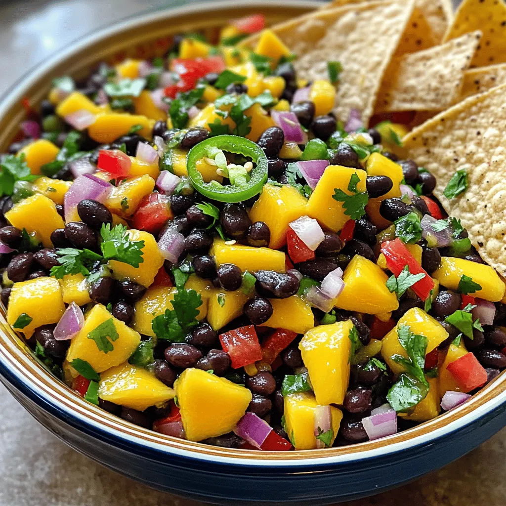 - 1 ripe mango, diced - 1 can (15 oz) black beans, rinsed and drained - 1 red bell pepper, finely chopped - 1 small red onion, finely chopped - 1 jalapeño, seeded and minced - 1/4 cup fresh cilantro, chopped - Juice of 2 limes - 2 tablespoons olive oil - Salt and pepper to taste To make this Mango Black Bean Salsa, you need fresh and flavorful ingredients. Start with a ripe mango. It should feel soft when you squeeze it gently. This ensures you get the best sweetness. Next, grab a can of black beans. Rinsing and draining them helps remove excess sodium. This makes your salsa healthier. You will also need a red bell pepper. Its color adds vibrancy, and its crunch gives texture. A small red onion brings a mild onion flavor. It complements the sweetness of the mango. The jalapeño adds a spicy kick. Be sure to remove the seeds if you prefer less heat. Fresh cilantro gives a fresh, herbal note. If you dislike cilantro, you can skip it or use parsley. Lime juice brightens the dish. It adds tartness that balances the sweetness of the mango. Olive oil brings a rich flavor and helps meld all the ingredients. Finally, season with salt and pepper to bring out all the flavors. Now, you're ready to create this tasty dish! Use the Full Recipe for detailed steps. To make Mango Black Bean Salsa, follow these easy steps. This dish is simple and fun to prepare. - First, take a large mixing bowl. Combine the diced mango, black beans, finely chopped red bell pepper, and red onion in the bowl. The mango adds a sweet touch, while the beans give you a hearty base. - Next, add the minced jalapeño and chopped cilantro. The jalapeño brings a nice kick, and cilantro gives a fresh flavor. - In a separate small bowl, mix the lime juice, olive oil, salt, and pepper to create the dressing. This mixture ties all the flavors together. - Pour the dressing over the salsa mixture. Toss everything gently to combine. Make sure all the ingredients are well-coated. - Finally, taste the salsa and adjust the seasoning if needed. You may want to add more lime juice, salt, or pepper based on your preference. - Let the salsa sit for about 10-15 minutes. This time allows the flavors to meld together, making each bite more delicious. For the full recipe, check the ingredients and instructions in the previous sections. Enjoy your vibrant and refreshing salsa! Choosing the right mango is key. A ripe mango feels firm yet gives a little when pressed. Look for skin that turns from green to a yellow or red hue. This means it is sweet and ready to eat. For fresh cilantro, check the leaves. They should be bright green and not wilting. Fresh cilantro adds flavor. If it's brown or slimy, skip it. Always pick the best herbs for your dish. When using jalapeño, taste it first. Some are mild, while others are hot. Remove the seeds for less heat. You can also add more if you like a spicy kick. Balance is important! Mango Black Bean Salsa pairs well with grilled chicken or fish. It also makes a great topping for tacos. You can serve it with tortilla chips for a fun snack. For presentation, use a colorful bowl. This adds flair to your table. You can also spoon the salsa into small cups for guests. Garnish with cilantro leaves or lime wedges. This makes it look even more inviting. Want the full recipe? Check out the [Full Recipe] for all the steps! {{image_2}} You can make Mango Black Bean Salsa even better with a few additions. - Incorporating corn for extra sweetness: Sweet corn brings a lovely crunch. It adds a pop of sweetness that pairs well with the mango. Just toss in a cup of fresh or canned corn. - Adding avocado for creaminess: Avocado adds a rich and creamy texture. Dice one ripe avocado and fold it in gently to keep it intact. It makes the salsa smooth and delicious. - Experimenting with different chili peppers for varying heat levels: If you like heat, try different peppers. Swap the jalapeño for a serrano for more spice. For milder salsa, use a bell pepper instead. You can easily adjust this salsa to fit your diet. - Making it vegan-friendly: This recipe is naturally vegan. All the ingredients are plant-based, so you can enjoy it without worry. - Gluten-free considerations: This salsa is also gluten-free. Just ensure your tortilla chips or any sides are labeled gluten-free. Enjoy these variations to make your Mango Black Bean Salsa unique and tailored to your taste! Find the full recipe above to get started. To keep your Mango Black Bean Salsa fresh, store it in an airtight container. This helps keep out air and moisture. Place it in the fridge right after serving. The salsa will taste best within 3 days. After that, the flavors may fade, and the texture can change. If you notice any odd smells or changes in color, it's best to toss it out. You can freeze Mango Black Bean Salsa if you have extra. First, scoop it into a freezer-safe bag. Remove as much air as possible before sealing. This helps prevent freezer burn. Label the bag with the date. The salsa can stay in the freezer for up to 3 months. To thaw frozen salsa, move it to the fridge overnight. You can also run the bag under cold water for a quicker thaw. After thawing, give it a good stir. You may want to add a splash of lime juice to brighten the flavors. Serve it with chips or as a topping on grilled chicken or fish. Can I make Mango Black Bean Salsa ahead of time? Yes, you can make this salsa ahead of time. The flavors get better as they sit. I recommend making it a few hours ahead. Just store it in the fridge in a sealed container. What are some good pairings for this salsa? Mango Black Bean Salsa pairs great with tacos, grilled chicken, or fish. You can also enjoy it with tortilla chips. It shines as a fresh topping for salads, too. How can I adjust the spice level in the recipe? To adjust spice, you can change the amount of jalapeño. For milder salsa, use less or remove the seeds. If you like it spicy, add more jalapeño or even a hotter pepper. Mango Black Bean Salsa is not only tasty but also healthy. It offers many nutrients. The mango adds vitamins A and C, while black beans provide protein and fiber. Each serving has about 100 calories. It also contains essential minerals and healthy fats from olive oil. Enjoy this dish for a nutritious snack or side! This blog post detailed a simple, tasty Mango Black Bean Salsa. We covered the fresh ingredients, easy steps, and helpful tips. You can add your touch with variations for flavor and dietary needs. Store leftovers safely and enjoy them later. In summary, this salsa is not just delicious; it’s versatile and healthy. By following these steps, you can impress your friends and family at any gathering. Enjoy making it and exploring the many ways to customize your salsa!